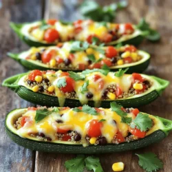 - 4 medium zucchinis - 1 cup cooked quinoa - 1 cup cherry tomatoes, halved - 1/2 cup red bell pepper, finely chopped - 1/2 cup corn kernels (fresh or frozen) - 1 cup black beans, rinsed and drained - 1 teaspoon ground cumin - 1 teaspoon chili powder - 1/2 teaspoon garlic powder - 1 cup shredded cheese (cheddar or mozzarella) - Salt and pepper to taste - 2 tablespoons olive oil - Fresh cilantro, for garnish When it comes to making stuffed zucchini boats, the ingredients play a key role. Each item adds its own flavor and texture. Zucchini is soft and mild, which makes it the perfect vessel. The quinoa brings a nutty touch and a healthy grain base. Cherry tomatoes add sweetness and a pop of color. Red bell pepper gives a nice crunch, while corn adds sweetness and vibrancy. Black beans provide protein and a hearty feel. Spices like cumin and chili powder add warmth and depth. Garlic powder gives a hint of savory flavor. Finally, the cheese melts beautifully, adding richness. This recipe is not just easy; it is also healthy. The mix of these ingredients creates a balanced meal. You can find the full recipe to guide you through each step and ensure success. First, preheat your oven to 375°F (190°C). This step is key for cooking your zucchini evenly. Next, wash the zucchinis under cool water. After that, slice them in half lengthwise. Use a spoon to scoop out the seeds and some flesh. This creates a boat shape for your filling. Drizzle olive oil over the zucchini halves. Make sure to sprinkle salt and pepper for flavor. Place the zucchini cut side up on a baking sheet. This helps them cook nicely. In a large mixing bowl, combine the cooked quinoa with the veggies. Add halved cherry tomatoes, chopped red bell pepper, corn, and black beans. This mix adds color and taste to your dish. Next, season the filling mixture. Sprinkle in ground cumin, chili powder, and garlic powder. Stir well until everything blends together. This step ensures each bite is full of flavor. Now it’s time to fill the zucchini boats. Spoon the quinoa mixture evenly into each half. Press gently to pack the filling, so it stays put. Top each stuffed zucchini with shredded cheese. This will melt and give a delicious finish. Cover the baking sheet with aluminum foil for the first part of baking. Bake in the preheated oven for 20 minutes. After that, remove the foil and bake for an additional 10-15 minutes. You want the cheese to melt and bubble. The zucchinis should be tender too. Once done, take them out and garnish with fresh cilantro. Enjoy your flavorful and easy stuffed zucchini boats! For the complete recipe, refer to the Full Recipe. To make great stuffed zucchini boats, start by scooping them out well. Use a small spoon to dig deep but not too deep. The perfect scoop should leave about a quarter-inch of flesh. This keeps the boat strong and prevents it from breaking. Next, avoid a watery filling. If your filling has too much liquid, it can soak the zucchini. To fix this, use fresh or frozen corn without extra water. Rinse the black beans well to remove extra liquid. For tomatoes, drain them to keep your filling dry. Do not overcook your zucchini. If you leave them in the oven too long, they get mushy. Bake them just until they are tender. You want a nice bite, not mush. When adding filling, make sure to spread it evenly. This helps each bite taste great. Use a spoon to pack the filling lightly but firmly. This way, the filling stays in the boat during cooking. For a full recipe, check out the delightful stuffed zucchini boats. {{image_2}} You can change the filling in stuffed zucchini boats to suit your taste. For meat lovers, ground turkey or beef works great. They add protein and flavor. Just cook the meat before mixing it with the other ingredients. This adds a hearty touch to your meal. For a vegetarian option, try using tofu or lentils. Tofu is light and absorbs flavors well. You can crumble it and mix it in with your veggies. Lentils are another great choice. They are rich in protein and fiber. Both options make the dish healthy and filling. Adding spices and herbs can elevate your stuffed zucchini boats. You can try cumin, paprika, or Italian herbs for extra depth. These flavors make the dish exciting and delicious. Fresh herbs like basil or parsley also bring brightness to the meal. Toppings and sauces can add a fun twist. You might drizzle some salsa or a tangy yogurt sauce on top. Shredded cheese is a must, but consider adding crunchy breadcrumbs for texture. These little changes can turn a simple dish into something special. For the full recipe, check out the Delightful Stuffed Zucchini Boats section. Store any leftover stuffed zucchini boats in the fridge. Use an airtight container. They stay fresh for about three days. To keep the filling from getting soggy, do not add extra sauce until ready to eat. If you want to freeze them, let the boats cool completely. Wrap each one in plastic wrap or foil. Then, place them in a freezer bag. They last well for up to three months. When ready to eat, thaw them in the fridge overnight. To reheat stuffed zucchini boats, use an oven or microwave. The oven keeps the texture nice. Preheat it to 350°F (175°C). Place the zucchini on a baking sheet, cover with foil, and heat for about 15-20 minutes. If using a microwave, place one boat on a plate. Heat for 2-3 minutes. Check that it's hot all the way through. Avoid overcooking, as this can make the zucchini mushy. Enjoy your delicious leftovers! How can I make stuffed zucchini boats vegan? To make stuffed zucchini boats vegan, swap out the cheese for a plant-based option. You can also use tofu or chickpeas for protein. What else can I stuff in zucchini boats? You can fill zucchini boats with many tasty ingredients. Try using rice, lentils, or different veggies. Ground meat or fish also works great. How do I prevent zucchinis from getting soggy? To stop zucchinis from getting soggy, scoop out some flesh but leave enough. Also, bake them briefly before adding the filling. This helps to firm them up. What’s the best way to cut zucchini for boats? Cut zucchinis in half lengthwise. Use a sharp knife for a clean cut. Be careful while cutting, as zucchinis can be slippery. Can I prepare zucchini boats ahead of time? Yes, you can prepare zucchini boats ahead. Stuff them and store them in the fridge for up to 24 hours. Just bake them when you are ready to eat. What to serve with stuffed zucchini boats? Serve stuffed zucchini boats with a fresh salad or some crusty bread. You can also add a side of rice or quinoa for extra carbs. How to pair with side dishes or salads? Pair your zucchini boats with light dishes like cucumber salad or a simple tomato salad. These add freshness and balance to the meal. Stuffed zucchini boats are a fun and healthy dish. We covered ingredients, preparation, and baking techniques. Remember to mix your filling well and avoid overcooking zucchini. Try different proteins or spices to keep things fresh. Store any leftovers properly for later enjoyment. With the tips shared, you can master this dish and impress your friends. Enjoy making stuffed zucchini boats that are both tasty and good for you!