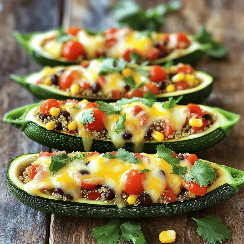 - 4 medium zucchinis - 1 cup cooked quinoa - 1 cup cherry tomatoes, halved - 1/2 cup red bell pepper, finely chopped - 1/2 cup corn kernels (fresh or frozen) - 1 cup black beans, rinsed and drained - 1 teaspoon ground cumin - 1 teaspoon chili powder - 1/2 teaspoon garlic powder - 1 cup shredded cheese (cheddar or mozzarella) - Salt and pepper to taste - 2 tablespoons olive oil - Fresh cilantro, for garnish When it comes to making stuffed zucchini boats, the ingredients play a key role. Each item adds its own flavor and texture. Zucchini is soft and mild, which makes it the perfect vessel. The quinoa brings a nutty touch and a healthy grain base. Cherry tomatoes add sweetness and a pop of color. Red bell pepper gives a nice crunch, while corn adds sweetness and vibrancy. Black beans provide protein and a hearty feel. Spices like cumin and chili powder add warmth and depth. Garlic powder gives a hint of savory flavor. Finally, the cheese melts beautifully, adding richness. This recipe is not just easy; it is also healthy. The mix of these ingredients creates a balanced meal. You can find the full recipe to guide you through each step and ensure success. First, preheat your oven to 375°F (190°C). This step is key for cooking your zucchini evenly. Next, wash the zucchinis under cool water. After that, slice them in half lengthwise. Use a spoon to scoop out the seeds and some flesh. This creates a boat shape for your filling. Drizzle olive oil over the zucchini halves. Make sure to sprinkle salt and pepper for flavor. Place the zucchini cut side up on a baking sheet. This helps them cook nicely. In a large mixing bowl, combine the cooked quinoa with the veggies. Add halved cherry tomatoes, chopped red bell pepper, corn, and black beans. This mix adds color and taste to your dish. Next, season the filling mixture. Sprinkle in ground cumin, chili powder, and garlic powder. Stir well until everything blends together. This step ensures each bite is full of flavor. Now it’s time to fill the zucchini boats. Spoon the quinoa mixture evenly into each half. Press gently to pack the filling, so it stays put. Top each stuffed zucchini with shredded cheese. This will melt and give a delicious finish. Cover the baking sheet with aluminum foil for the first part of baking. Bake in the preheated oven for 20 minutes. After that, remove the foil and bake for an additional 10-15 minutes. You want the cheese to melt and bubble. The zucchinis should be tender too. Once done, take them out and garnish with fresh cilantro. Enjoy your flavorful and easy stuffed zucchini boats! For the complete recipe, refer to the Full Recipe. To make great stuffed zucchini boats, start by scooping them out well. Use a small spoon to dig deep but not too deep. The perfect scoop should leave about a quarter-inch of flesh. This keeps the boat strong and prevents it from breaking. Next, avoid a watery filling. If your filling has too much liquid, it can soak the zucchini. To fix this, use fresh or frozen corn without extra water. Rinse the black beans well to remove extra liquid. For tomatoes, drain them to keep your filling dry. Do not overcook your zucchini. If you leave them in the oven too long, they get mushy. Bake them just until they are tender. You want a nice bite, not mush. When adding filling, make sure to spread it evenly. This helps each bite taste great. Use a spoon to pack the filling lightly but firmly. This way, the filling stays in the boat during cooking. For a full recipe, check out the delightful stuffed zucchini boats. {{image_2}} You can change the filling in stuffed zucchini boats to suit your taste. For meat lovers, ground turkey or beef works great. They add protein and flavor. Just cook the meat before mixing it with the other ingredients. This adds a hearty touch to your meal. For a vegetarian option, try using tofu or lentils. Tofu is light and absorbs flavors well. You can crumble it and mix it in with your veggies. Lentils are another great choice. They are rich in protein and fiber. Both options make the dish healthy and filling. Adding spices and herbs can elevate your stuffed zucchini boats. You can try cumin, paprika, or Italian herbs for extra depth. These flavors make the dish exciting and delicious. Fresh herbs like basil or parsley also bring brightness to the meal. Toppings and sauces can add a fun twist. You might drizzle some salsa or a tangy yogurt sauce on top. Shredded cheese is a must, but consider adding crunchy breadcrumbs for texture. These little changes can turn a simple dish into something special. For the full recipe, check out the Delightful Stuffed Zucchini Boats section. Store any leftover stuffed zucchini boats in the fridge. Use an airtight container. They stay fresh for about three days. To keep the filling from getting soggy, do not add extra sauce until ready to eat. If you want to freeze them, let the boats cool completely. Wrap each one in plastic wrap or foil. Then, place them in a freezer bag. They last well for up to three months. When ready to eat, thaw them in the fridge overnight. To reheat stuffed zucchini boats, use an oven or microwave. The oven keeps the texture nice. Preheat it to 350°F (175°C). Place the zucchini on a baking sheet, cover with foil, and heat for about 15-20 minutes. If using a microwave, place one boat on a plate. Heat for 2-3 minutes. Check that it's hot all the way through. Avoid overcooking, as this can make the zucchini mushy. Enjoy your delicious leftovers! How can I make stuffed zucchini boats vegan? To make stuffed zucchini boats vegan, swap out the cheese for a plant-based option. You can also use tofu or chickpeas for protein. What else can I stuff in zucchini boats? You can fill zucchini boats with many tasty ingredients. Try using rice, lentils, or different veggies. Ground meat or fish also works great. How do I prevent zucchinis from getting soggy? To stop zucchinis from getting soggy, scoop out some flesh but leave enough. Also, bake them briefly before adding the filling. This helps to firm them up. What’s the best way to cut zucchini for boats? Cut zucchinis in half lengthwise. Use a sharp knife for a clean cut. Be careful while cutting, as zucchinis can be slippery. Can I prepare zucchini boats ahead of time? Yes, you can prepare zucchini boats ahead. Stuff them and store them in the fridge for up to 24 hours. Just bake them when you are ready to eat. What to serve with stuffed zucchini boats? Serve stuffed zucchini boats with a fresh salad or some crusty bread. You can also add a side of rice or quinoa for extra carbs. How to pair with side dishes or salads? Pair your zucchini boats with light dishes like cucumber salad or a simple tomato salad. These add freshness and balance to the meal. Stuffed zucchini boats are a fun and healthy dish. We covered ingredients, preparation, and baking techniques. Remember to mix your filling well and avoid overcooking zucchini. Try different proteins or spices to keep things fresh. Store any leftovers properly for later enjoyment. With the tips shared, you can master this dish and impress your friends. Enjoy making stuffed zucchini boats that are both tasty and good for you!