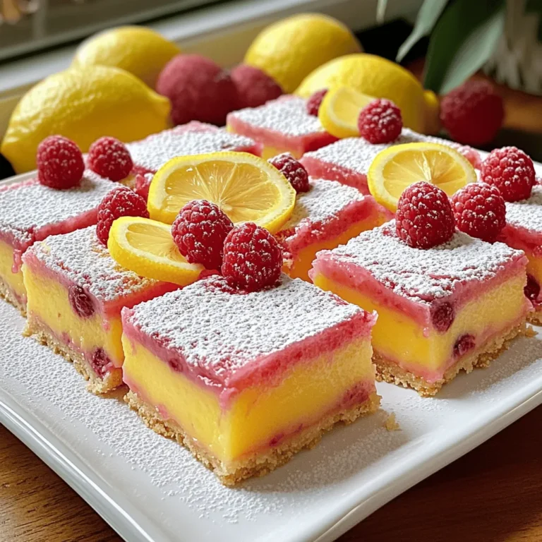To make these tasty raspberry lemonade bars, you will need: - 1 cup all-purpose flour - 1/2 cup powdered sugar (plus additional for dusting) - 1/2 cup unsalted butter, softened - 1/4 teaspoon salt - 2 large eggs - 1 cup granulated sugar - 1/4 cup fresh lemon juice (about 2 lemons) - Zest of 1 lemon - 1 cup fresh raspberries - 1/2 teaspoon baking powder These ingredients work together to create a sweet and tart flavor. The butter gives a rich taste, while the raspberries add a burst of color and freshness. You can make this recipe fit your needs by changing a few ingredients: - Gluten-free flour options: Use gluten-free all-purpose flour instead of regular flour. - Vegan butter alternatives: Replace unsalted butter with a plant-based butter for a vegan option. - Sweetener substitutes: You can use honey or agave syrup instead of granulated sugar for a natural sweetness. Feel free to experiment with these substitutions to make the recipe your own! For the full recipe, check out the detailed steps to delight your taste buds. - Preheat your oven to 350°F (175°C). - Line an 8x8-inch baking pan with parchment paper. Leave some paper hanging over the edges. - In a medium bowl, cream the softened butter with powdered sugar. Mix until light and fluffy. - Gradually add the flour and salt. Stir until the mixture is crumbly. Press this crust mixture firmly into the bottom of your pan. - In a large bowl, whisk together the eggs and granulated sugar. Mix until smooth. - Add lemon juice, lemon zest, and baking powder. Stir until well combined. - Gently fold in the raspberries. Be careful not to crush them too much. - Pour the raspberry filling evenly over the cooled crust in the pan. - Bake for 25 to 30 minutes. The filling should be set and the edges lightly golden. - Allow the bars to cool at room temperature for about 30 minutes. Then refrigerate them for at least 2 hours before serving. For the complete details, check the Full Recipe. To get the best crust, watch the time closely. Bake it until it's golden brown. This step ensures a tasty base for your bars. After baking, let the crust cool for a few minutes. When you prepare the filling, check if it's set. It should not jiggle in the middle. A toothpick test works well for this. If it comes out clean, your bars are ready. When serving, dust the top with powdered sugar. This adds a nice touch and makes them look fancy. For a pop of color, garnish with fresh raspberries and lemon slices. Place them on a white platter to make the bright colors stand out. This will impress your guests and make the bars look even more delicious. One big mistake is overmixing the filling. This can make the bars tough. Mix just until combined for the best texture. Also, be careful not to underbake or overbake the bars. Underbaking makes them soggy, while overbaking dries them out. Follow the baking times closely to get it just right. {{image_2}} You can change the flavors in your raspberry lemonade bars to keep things exciting. Try using blueberries or strawberries instead of raspberries. Both fruits add a sweet twist to the bars. If you want something fresh, add some mint leaves. The mint will give a nice herbal note that blends well with the tartness of lemon. If you need gluten-free bars, use gluten-free flour. This swap works well and keeps the texture nice. For those who follow a vegan diet, replace the eggs with flax eggs. Mix one tablespoon of ground flaxseed with three tablespoons of water for each egg. You can also use vegan butter instead of regular butter. These changes make the bars suitable for everyone. Raspberry lemonade bars taste great on their own, but you can elevate your serving. Pair them with a scoop of vanilla ice cream for a cool treat. The ice cream's creaminess balances the tartness of the bars. You could also serve them with a glass of lemonade or tea. This combo makes for a refreshing summer snack. For the best taste, store raspberry lemonade bars in the fridge. They stay fresh longer this way. If you need to keep them at room temperature, do so for up to two hours. Make sure to keep them covered or in an airtight container. This helps prevent them from drying out. You can use a glass or plastic container with a tight lid. To freeze the bars, let them cool completely. Cut them into squares before freezing. Place them in a single layer in your freezer. Use a freezer-safe container or wrap them in plastic wrap. When you want to eat them, move them to the fridge overnight to thaw. This keeps their soft and creamy texture. Avoid refreezing them once they thaw. In the fridge, raspberry lemonade bars last about five days. If you notice any changes in smell or color, it’s best to throw them away. Look for signs like a hard crust or a wet, sticky bottom. These signs mean they are no longer fresh. Enjoy them while they are at their best! For the full recipe, check out the details above. Raspberry lemonade bars are a sweet and tart dessert. They have a buttery crust topped with a lemony filling. This filling has fresh raspberries mixed in. Each bite is refreshing and zesty, perfect for summer. Yes, you can make these bars ahead of time. They store well in the fridge. Prepare them a day before your event or picnic. Just chill them for at least two hours before serving. This allows the flavors to meld and the bars to set. To check if the bars are done, look for a few signs. The edges should be lightly golden, and the filling should be set. You can gently shake the pan. If the center jiggles slightly, it's ready. Remember, they will firm up as they cool. If you don't have fresh raspberries, frozen ones work well too. Just thaw them and drain excess water. You can also use other fruits like blueberries or strawberries. Each fruit adds its own unique flavor to the bars. Absolutely! Use a gluten-free flour blend instead of all-purpose flour. Many blends work well in this recipe. Just make sure to check that all other ingredients are gluten-free. This way, everyone can enjoy these tasty bars. For the Full Recipe, refer to the section above. You now have a clear path to making delicious Raspberry Lemonade Bars. We covered all the key ingredients, step-by-step instructions, and tips for success. Remember to adjust for dietary needs and take care with baking times. These bars are fresh and tasty treats for any time. Enjoy making them and sharing with friends and family. Your baking skills will shine through with each bite!