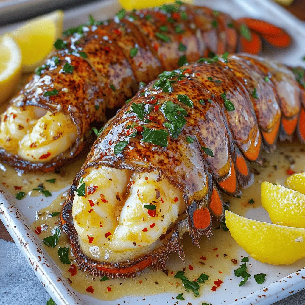 - 2 lobster tails - 4 tablespoons unsalted butter - 4 cloves garlic, minced - 1/2 cup heavy cream - 1/4 teaspoon paprika - 1/4 teaspoon red pepper flakes (adjust to taste) - Salt and pepper to taste - Fresh parsley, chopped (for garnish) - Lemon wedges (for serving) To make creamy garlic butter lobster tails, you need to gather fresh ingredients. The main ingredients are lobster tails, butter, and garlic. These flavors blend well to create a rich sauce. Next, you’ll need heavy cream for that smooth texture. Paprika adds a hint of color and flavor. Adjust the red pepper flakes based on your spice preference. For seasoning, salt and pepper balance the dish. Fresh parsley gives a pop of color and freshness. Lastly, lemon wedges add a bright touch when serving. For the full recipe, check the details above. This dish is simple yet impressive, perfect for any occasion. - Preheat the oven to 400°F (200°C). - Prepare the lobster tails for cooking. Start by using kitchen scissors to cut the top shell of the lobster tails down the middle. Be careful not to cut too deep. Gently pull the meat away from the shell, keeping it attached at the base. This will help the meat cook evenly. Lift the lobster meat slightly for a nice presentation. - Melt the butter and sauté garlic. - Add cream and seasonings to create the sauce. In a medium saucepan, melt the butter over medium heat. Once it melts, add the minced garlic. Sauté the garlic for about 1 minute until it smells amazing, but don't let it brown. Next, slowly pour in the heavy cream while stirring to combine. Then, mix in the paprika, red pepper flakes, salt, and pepper. Cook for another 2-3 minutes until the sauce thickens just a bit. - Baste lobster tails and bake in the oven. - Broil for a golden finish. Place the prepared lobster tails on a baking sheet, flesh side up. Spoon the creamy garlic butter sauce over the lobster meat, making sure it is well coated. Save a little sauce for later. Bake the lobster tails in the oven for about 12-15 minutes, or until the meat is opaque and firm. For a beautiful golden finish, switch your oven to broil and cook for an extra 1-2 minutes. Keep a close eye on them to avoid burning. You can find the full recipe for Creamy Garlic Butter Lobster Tails [here](#). How to select the best lobster tails. Choose lobster tails that feel firm and heavy for their size. The shells should be smooth and not cracked. Bright colors indicate freshness. Avoid tails that smell fishy; a fresh scent is what you want. Tips for achieving the right garlic flavor. Use fresh garlic for a strong taste. Mince it finely to release its oils. Sauté it gently so it becomes fragrant but does not burn. Burned garlic tastes bitter, which you want to avoid. Recommended side dishes to pair with lobster tails. Serve lobster tails with creamy mashed potatoes. Simple steamed asparagus offers a nice crunch. A fresh garden salad with lemon vinaigrette also complements the dish well. Garlic bread can add a lovely touch too. Best beverages to complement the meal. A chilled glass of white wine pairs nicely. Try a crisp Sauvignon Blanc or a buttery Chardonnay. If you prefer something non-alcoholic, sparkling water with lemon works great. Variations to the garlic butter sauce. Add a splash of white wine to the sauce for depth. A squeeze of fresh lemon juice brightens the flavor. You can also stir in a bit of Dijon mustard for a tangy kick. Ideas for adding additional flavors. Try mixing in fresh herbs like thyme or dill. A dash of Worcestershire sauce brings umami to the dish. You can also add finely chopped sun-dried tomatoes for a sweet, savory balance. For the full recipe, check out the detailed steps provided earlier. {{image_2}} You can grill lobster tails for a smoky flavor. Just brush them with some garlic butter. Place them flesh side down on a hot grill. Cook for about 5-7 minutes. Flip them over and baste with sauce. Cook for another 5-7 minutes until the meat is opaque. If you prefer a quick method, try the Instant Pot. Add one cup of water to the pot. Place the lobster tails on a steamer rack. Seal the lid and set the timer for 5 minutes. Once done, release the pressure. Baste with garlic butter for added flavor. To spice things up, add more red pepper flakes. You can also mix in some cayenne pepper for heat. A squeeze of fresh lemon juice adds a bright, citrusy taste. For a different twist, try using lime juice instead. Herbs can also change the flavor. Fresh thyme or basil can add a nice depth. Try fresh dill for a seafood classic. You can even use a bit of chopped cilantro for a fresh twist that brightens the dish. If you need a gluten-free option, this recipe is already safe. Just ensure all your ingredients are gluten-free. For a dairy-free version, swap the butter for olive oil and use coconut cream instead of heavy cream. You can also change the seafood. Try shrimp or scallops for a different taste. They both cook quickly and soak up flavors well. This way, you can enjoy the creamy garlic butter sauce with various seafood. For the full recipe, check out the earlier section on ingredients and steps. After enjoying your creamy garlic butter lobster tails, store any leftovers properly. Place them in an airtight container. This keeps them fresh and prevents odors from spreading. If you do this well, your lobster tails can last up to 3 days in the fridge. Just make sure they cool down before sealing them in. To reheat lobster tails, avoid drying them out. You can use the oven or stovetop. If using the oven, set it to 350°F (175°C). Place the tails in a baking dish with a splash of water. Cover the dish with foil to keep the moisture in. Heat for about 10 minutes. On the stovetop, try a skillet. Add a bit of butter and a dash of water. Heat on medium-low until warm. This method keeps the flavor intact and makes the lobster tender. Yes, you can freeze cooked lobster tails. To do this, wrap each tail tightly in plastic wrap. Then place them in a freezer bag. Press out as much air as you can. They will stay good for up to 3 months. When you're ready to eat, defrost them in the fridge overnight. This slow method helps keep the meat juicy. Avoid defrosting at room temperature, as this can change the texture. For more details, check the full recipe for creamy garlic butter lobster tails. Enjoy your delicious meal! How long does it take to cook lobster tails? Cooking lobster tails takes about 12 to 15 minutes in the oven. When baking, the meat should turn opaque and firm. If you broil them, add just 1 to 2 minutes for a nice finish. Always check for doneness to ensure they are perfectly cooked. What is the best way to tell if lobster is cooked? The best way to tell if lobster is cooked is by checking the color. Cooked lobster meat should be white and slightly firm. If it is still translucent or jelly-like, it needs more time. Use a meat thermometer to check for an internal temperature of 140°F (60°C). Can I make the garlic butter sauce ahead of time? Yes, you can make the garlic butter sauce ahead of time. Store it in an airtight container in the fridge. When you're ready to use it, simply reheat it gently on the stove. This will save you time when preparing your lobster tails. What can I substitute for heavy cream? If you need a substitute for heavy cream, use half-and-half or whole milk with a little butter mixed in. Coconut cream also works well for a dairy-free option. Keep in mind that the flavor and richness may change slightly. What are some side dishes to serve with creamy garlic butter lobster tails? Some great side dishes include garlic bread, roasted vegetables, or a fresh green salad. Creamy mashed potatoes or risotto also pair well with the rich lobster. Choose sides that balance the meal without overpowering the lobster's flavors. How should I prepare lobster tails for a special occasion? For a special occasion, make sure to present the lobster tails beautifully. Cut the shells carefully and lift the meat for a stunning look. Serve them on a nice plate with fresh herbs and lemon wedges. This adds an elegant touch to your dining experience. In this post, we explored how to make creamy garlic butter lobster tails. We covered the main ingredients, step-by-step instructions, and tips for success. You learned cooking methods, storage tips, and how to customize the dish. Remember, fresh ingredients and careful cooking bring out the best flavors. Whether you grill or bake, let your taste guide you. Enjoy this delicious seafood dish any day. It’s sure to impress.