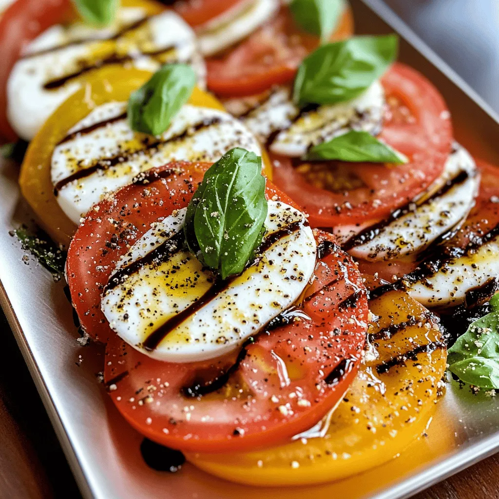 - 3 large ripe heirloom tomatoes - 1 cup fresh basil leaves - 8 ounces fresh buffalo mozzarella - 1/4 cup balsamic vinegar - 2 tablespoons extra virgin olive oil - Salt and freshly cracked black pepper to taste - 1 teaspoon honey (optional) For a great Caprese salad, fresh ingredients are key. You want ripe heirloom tomatoes. Their sweetness makes the salad special. Find tomatoes that feel firm and heavy. Look for vibrant colors too. The fresh basil leaves should be bright green and fragrant. This herb gives the dish its classic taste. Next, you need fresh buffalo mozzarella. This cheese is creamy and rich. It pairs well with the tomatoes. For the balsamic reduction, use high-quality balsamic vinegar. It adds depth to the flavors. The honey is optional but adds a nice touch of sweetness. These ingredients come together to create a bright, fresh dish. The mix of flavors and textures makes it a delight. When you have these items ready, you can start making your Caprese salad. For the full recipe, check out the steps below. To make the balsamic reduction, start by combining balsamic vinegar and honey in a small saucepan. Use a medium heat to bring the mixture to a gentle boil. Once it starts bubbling, reduce the heat to low. Let it simmer for about 10 to 15 minutes. Stir occasionally as it cooks. The goal is to thicken it until it coats the back of a spoon. After it thickens, remove it from the heat and let it cool. You now have a sweet and tangy reduction for your salad. While the balsamic reduction cools, it's time to assemble the salad. Take your ripe heirloom tomatoes and fresh buffalo mozzarella, and slice them into even rounds. On a large platter, alternate the tomato and mozzarella slices in a circle. This gives a nice look. After that, tuck the fresh basil leaves between the slices. This not only adds flavor but also makes the salad look beautiful. Now it’s time for the final touches. Drizzle the extra virgin olive oil over the arranged salad gently. Then, take your balsamic reduction and carefully drizzle it on top, ensuring it covers everything evenly. Lastly, sprinkle some salt and freshly cracked black pepper to taste. This will enhance all the flavors in your salad. Enjoy your classic Caprese salad with balsamic reduction delight! For detailed steps, check the Full Recipe. Selecting ripe heirloom tomatoes is key to a great Caprese salad. Look for tomatoes that feel heavy and firm. Their skin should have a slight give when pressed. You want vibrant colors, from deep red to golden yellow. Each bite should burst with flavor. Opting for fresh buffalo mozzarella is equally important. It should be soft and slightly springy to the touch. Look for mozzarella packed in water for extra freshness. The creaminess of buffalo mozzarella pairs well with the juicy tomatoes. Using a decorative platter can elevate your dish. A round platter offers a nice, classic look. You can also use a rectangular one for a modern twist. This adds style to your meal and makes it more inviting. Garnishing with additional basil can add a pop of color. Place whole basil leaves on top for a fresh look. You can also sprinkle some chopped leaves around the salad. This makes your dish not only tasty but also visually appealing. Incorporating other herbs can boost your salad's taste. Try adding a bit of fresh oregano or thyme. These herbs add depth and work well with the other ingredients. Adjusting the sweetness of the balsamic reduction can also enhance the flavor. If you prefer a sweeter taste, add a bit more honey. Conversely, if you like a tangy flavor, skip the honey. This allows you to customize your salad to your liking. For the full recipe of this delicious dish, check out the Caprese Delight with Balsamic Drizzle. {{image_2}} You can make your Caprese salad heartier by adding grilled chicken or shrimp. Both options bring a nice texture and flavor. Grilled chicken adds a savory touch. Shrimp offers a light and fresh taste. Simply slice the protein and place it on top of the salad. This adds protein and makes the dish more filling. If you want a vegan version, try using vegan mozzarella alternatives. Many brands now offer great-tasting plant-based cheeses. Look for ones that melt well or have a creamy texture. This way, you can enjoy the classic Caprese flavors without dairy. Pair it with fresh ingredients to keep the dish vibrant. Don't be afraid to experiment with flavored balsamic vinegars. You can find varieties like raspberry or fig. These options can add a twist to the classic recipe. Just drizzle them over the salad instead of regular balsamic. This small change brings new flavors to each bite. Enjoy the creative process as you find your favorite combination. To keep your Caprese salad fresh, store each ingredient separately. Tomatoes and mozzarella should stay in the fridge. Wrap them well to avoid moisture loss. For basil, keep it in a glass of water like a bouquet. This keeps the leaves fresh and vibrant. For the balsamic reduction, let it cool completely before storing. Pour it into a small jar and seal it tightly. Keep it in the fridge, where it will stay good for up to a week. To enjoy the best taste, eat your Caprese salad within two days of making it. The tomatoes will lose their firmness, and the mozzarella may become watery. Keep an eye on the basil; if it wilts, it’s time to toss it. Using fresh ingredients helps ensure you get the best flavors. Caprese salad is best served cold or at room temperature. If you have leftovers, do not heat them. The fresh taste and texture of the salad shine when it’s cool. Serve it right out of the fridge for a refreshing bite. Enjoy your salad with a drizzle of balsamic reduction from the Full Recipe for a delightful touch! A Caprese salad is a simple dish made with fresh tomatoes, mozzarella cheese, and basil. It comes from Italy, specifically the island of Capri. The salad highlights the colors of the Italian flag: red, white, and green. This dish is loved for its fresh taste and bright flavors. You can easily make it at home. It’s perfect as an appetizer or a light meal. Yes, you can make the balsamic reduction ahead of time! Just prepare it as you normally would and let it cool. Store it in a glass jar in the fridge. It will stay fresh for up to a week. When you're ready to use it, just warm it slightly. This makes meal prep easier and saves time. Caprese salad pairs well with many foods. Here are some ideas: - Grilled chicken or fish for protein - Fresh bread, like a baguette or ciabatta - A light pasta dish with olive oil and garlic - A crisp white wine to enhance the flavors These options help create a complete and satisfying meal. You can find more ideas in the Full Recipe. To sum up, this Caprese salad shines with fresh ingredients and simple steps. Use ripe heirloom tomatoes, creamy buffalo mozzarella, and fresh basil for a great flavor. The balsamic reduction adds sweetness, and you can personalize it with proteins or vegan options. Always store your ingredients separately to keep them fresh. This salad is perfect for any meal. Enjoy making it!