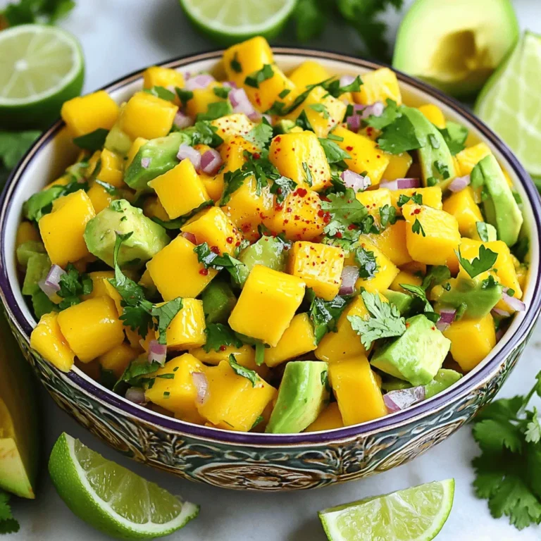 To make a fresh and vibrant mango avocado salsa, gather these ingredients: - 1 ripe mango, diced - 2 ripe avocados, diced - 1/2 red onion, finely chopped - 1 small red chili, deseeded and minced - 1 small yellow bell pepper, diced - 2 tablespoons fresh cilantro, chopped - Juice of 1 lime - 2 tablespoons olive oil - Salt and pepper to taste Each ingredient adds a unique flavor. Ripe mango brings sweetness. Avocados add creaminess. Red onion gives a sharp bite. Red chili adds heat, while yellow bell pepper adds crunch and color. Fresh cilantro brightens the dish, and lime juice adds tang. Olive oil ties everything together. Salt and pepper enhance all the flavors. When selecting your ingredients, pick ripe fruits. A ripe mango should yield slightly when pressed. Avocados should feel soft but not mushy. Fresh herbs should look vibrant, not wilted. These ingredients make a great salsa for any occasion. You can use this recipe as a dip or a topping for grilled meats. Check out the Full Recipe for step-by-step guidance! Let's start with the fun part: preparing our ingredients. First, you will want to dice the mango and avocados. Make sure they are ripe for the best flavor. Cut the mango into small cubes, about half an inch. For the avocados, slice them in half, remove the pit, and scoop the flesh out. Cut the flesh into equal-sized pieces. Next, it's time to chop the red onion and yellow bell pepper. Use about half of the red onion, finely chop it, and set it aside. For the yellow bell pepper, slice it open, remove the seeds, and cut it into small cubes, like the mango and avocado. Now, let's mince the red chili and chop the cilantro. If you like spice, you can keep some of the seeds from the chili. If not, make sure to remove them. Finely chop the cilantro, as it adds a fresh flavor to the salsa. Now that all your ingredients are prepped, let’s mix them together. In a large mixing bowl, combine the diced mango, avocados, red onion, yellow bell pepper, and minced chili. Be gentle to keep your avocado pieces intact. Next, we’ll prepare the dressing in a separate bowl. Whisk together the juice of one lime, two tablespoons of olive oil, and salt and pepper to taste. This dressing will bring all the flavors together. Finally, toss everything together. Drizzle the dressing over your mixed ingredients and gently fold them to combine. This will help everything blend nicely without smashing the avocado. After mixing, let the salsa rest. I recommend a resting time of about 10 minutes. This time allows the flavors to meld and creates a better taste. As you taste the salsa, you might want to adjust the seasoning. If it needs more salt or lime juice, go ahead and add it. Each bite should burst with flavor! Now, you have a fresh and flavorful mango avocado salsa ready to enjoy. For the complete recipe, check out the Full Recipe section. To make the best mango avocado salsa, you need ripe fruits. A ripe mango feels slightly soft when you press it. Look for a mango with a rich color. The skin can have green, yellow, or orange hues. Avoid any with dark spots or wrinkles. For avocados, choose ones that yield to gentle pressure. They should feel soft but not mushy. Dark green to black skin often indicates ripeness. If you find hard avocados, leave them out at room temp for a few days. Mango avocado salsa shines when served fresh. Use it as a dip with tortilla chips for a fun snack. You can also spoon it onto grilled fish or chicken. It adds a bright touch to tacos or burritos. Try it on top of a fresh salad or as a garnish for soups. Pair it with lime-infused drinks or light beers for a refreshing combo. To keep your salsa fresh, store it in an airtight container. This helps prevent browning from the avocados. You can also squeeze extra lime juice on top before sealing. This adds flavor and keeps it vibrant. Use glass containers for storage when possible. They help maintain taste and texture better than plastic. Enjoy your homemade salsa within a day or two for the best flavor. Make sure to check for freshness before eating. {{image_2}} You can change up the flavors in your mango avocado salsa. Try adding fruits like pineapple or peach. These fruits add a sweet twist. You can also mix in vegetables like corn or black beans. They give the salsa a nice crunch. For those who like heat, you can use different chilies. Swap the red chili for jalapeño for more spice. You can also try serrano peppers for a zesty kick. Adjust the amount to fit your taste. Making this salsa vegan is easy. All the ingredients are plant-based. You can add more veggies or herbs to boost flavor without adding calories. If you’re looking for gluten-free options, this recipe fits that too. Just make sure your seasonings are gluten-free. For a low-calorie version, use less olive oil. You can also skip the salt or use a salt substitute. This way, you keep the great taste while cutting down on calories. Mango avocado salsa works well in salads. Just toss it with greens for a fresh meal. You can also use it as a topping for tacos. It adds a burst of flavor to any dish. If you have leftovers, get creative! Mix it into your morning eggs or use it on a sandwich. The possibilities are endless. You can enjoy this salsa in many ways beyond just a dip. Check out the Full Recipe for more ideas! To make mango avocado salsa, you need just a few fresh ingredients. Here is what you will need: - 1 ripe mango, diced - 2 ripe avocados, diced - 1/2 red onion, finely chopped - 1 small red chili, deseeded and minced - 1 small yellow bell pepper, diced - 2 tablespoons fresh cilantro, chopped - Juice of 1 lime - 2 tablespoons olive oil - Salt and pepper to taste Now, let’s talk about how to make it. First, you combine the diced mango, avocados, red onion, yellow bell pepper, and minced chili in a mixing bowl. Next, add the freshly chopped cilantro. In a small bowl, whisk together lime juice, olive oil, salt, and pepper. Drizzle this dressing over the salsa ingredients. Gently toss everything together to mix well. Taste it and adjust the seasoning if needed. Let the salsa sit for about 10 minutes to let the flavors blend. This salsa is not only tasty but also healthy. Here are some health benefits of the key ingredients: - Mango: Packed with vitamins A and C, mango boosts your immune system. - Avocado: Full of healthy fats, avocados help your heart and keep you full. - Red onion: Rich in antioxidants, red onions can lower blood pressure. - Red chili: Contains capsaicin, which may help with weight loss. - Cilantro: This herb is known for its detoxifying properties. For serving, this recipe makes enough for four people. You can enjoy it with chips or on grilled fish. Each serving is fresh, tasty, and colorful! Yes, you can prepare mango avocado salsa ahead of time. This helps the flavors blend. To make it in advance, chop the mango and avocados. Mix them with the other ingredients, but leave out the lime juice and olive oil until serving. This keeps the salsa fresh and prevents browning. Store it in an airtight container in the fridge. Use it within two days for the best taste. Mango avocado salsa pairs well with many dishes. Try it with tortilla chips for a crunchy snack. It also works great as a topping for grilled fish or chicken. You can add it to tacos for a fresh twist. For drinks, serve it with a light beer or a refreshing mojito. The salsa's bright flavors complement these options nicely. Freezing mango avocado salsa is not ideal. The texture of avocados changes when frozen, making them mushy. If you must freeze it, do so without the avocados. You can freeze the mango, onion, chili, and bell pepper mix. Thaw it in the fridge overnight when you need it. Then, add fresh diced avocados before serving. This way, you maintain the best texture and taste. In this blog post, we explored how to make delicious mango avocado salsa. We covered the key ingredients, how to prepare them, and ways to let the flavors shine. I shared tips on selecting the best fruits and ideas for serving. You can even modify the recipe to fit your needs. Remember, fresh ingredients make the best salsa. Enjoy making this tasty dish and share it with friends. Your salsa will impress everyone with its bright flavors and texture.