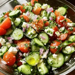 To make a delicious cucumber tomato salad with feta, gather the following ingredients: - 2 large cucumbers, peeled and diced - 3 ripe tomatoes, diced - 1 cup crumbled feta cheese - 1/4 red onion, thinly sliced - 1/4 cup fresh parsley, chopped - 3 tablespoons extra virgin olive oil - 2 tablespoons red wine vinegar (or apple cider vinegar) - Salt and pepper to taste - 1 teaspoon dried oregano - 1 teaspoon lemon zest You can customize this salad with optional ingredients like olives or avocado for added flavor. - Cucumbers: Use 2 large cucumbers. Peel them and cut into small cubes. - Tomatoes: Take 3 ripe tomatoes. Dice them into bite-sized pieces. - Feta Cheese: Crumble 1 cup of feta cheese. It adds a salty, creamy touch. - Red Onion: Slice 1/4 of a red onion thinly. This adds crunch and a bit of zing. - Fresh Parsley: Chop 1/4 cup of fresh parsley. It brings freshness to the salad. - Olive Oil: Measure 3 tablespoons of extra virgin olive oil. This acts as the base for the dressing. - Vinegar: Use 2 tablespoons of red wine vinegar or apple cider vinegar. It gives a nice tang. - Salt and Pepper: Add to taste. These enhance all the flavors. - Dried Oregano: Use 1 teaspoon for a hint of herbal flavor. - Lemon Zest: Grate 1 teaspoon of lemon zest. This adds brightness. This salad is simple and quick. You can find the full recipe to make it easily. To make this salad, you start with fresh ingredients. First, peel and dice 2 large cucumbers. Then, you need 3 ripe tomatoes. Dice them, too. Next, take 1/4 red onion and slice it thinly. Add these to a large mixing bowl. Now, add 1 cup of crumbled feta cheese for a creamy taste. Here’s a tip: Mix the cucumbers and tomatoes first. This way, they blend well. Adding the feta and onion later keeps them bright and fresh. Fill the bowl to about halfway. This gives you room to toss without spilling. For the dressing, grab a small bowl. Whisk together 3 tablespoons of extra virgin olive oil and 2 tablespoons of red wine vinegar. If you prefer, you can use apple cider vinegar. Add salt and pepper to taste. Mix in 1 teaspoon of dried oregano and 1 teaspoon of lemon zest for a zesty kick. Once your dressing is ready, pour it over the salad mix. Toss gently so everything is coated without breaking the feta. Let the salad sit for about 10 minutes. This waiting time helps the flavors meld. Serve chilled or at room temperature for the best taste. For the full recipe, check the section above. To make your cucumber tomato salad burst with flavor, I recommend adding fresh herbs. Basil and mint work wonders. They bring a bright taste to the dish. You can also sprinkle in some crushed red pepper for heat. Fresh oregano adds a nice touch too. Choosing high-quality ingredients is key. Look for firm cucumbers and ripe tomatoes. The best tomatoes feel heavy for their size and have a rich color. For feta, pick the crumbly kind for great texture. Always use extra virgin olive oil for the best taste. Fresh ingredients lead to a fresher salad. Serving your salad in a clear bowl makes it pop. You can see all the colorful layers. For a fancy touch, drizzle extra olive oil just before serving. This adds shine and invites people in. Garnish your salad with extra feta crumbles and a sprinkle of parsley. This adds color and makes it look appealing. You can also place some lemon wedges on the side for a fresh twist. Keep it simple, but make it stunning! {{image_2}} You can switch out ingredients based on your needs. If you are dairy-free, try using a vegan feta cheese. This works well and adds a nice flavor. If you don’t like red onion, green onions or chives can be a great swap. They add a milder taste. For a crunchier bite, add bell peppers or radishes. You can also use cherry tomatoes instead of regular ones. They bring a sweet touch. Seasonal changes can also keep your salad exciting. In summer, use fresh herbs like basil or mint. In fall, consider adding diced apples or pears for sweetness. Each season brings a new twist to your salad. To make your salad unique, consider adding olives or capers. They give a salty bite that pairs well with the feta. You can also toss in some avocado for creaminess. If you enjoy a bit of spice, try adding diced jalapeños. For dressings, explore different options. Instead of red wine vinegar, use balsamic vinegar for a deeper flavor. You can also try lemon juice for a fresh zing. Mixing in some honey or mustard can add a hint of sweetness or tang. Each twist can make your salad feel new again. For the full recipe, check out the Crispy Cucumber Tomato Feta Fiesta. It offers a solid base for your variations. To keep your cucumber tomato salad fresh, store it in the fridge. I recommend using an airtight container. This helps keep moisture in and air out. Make sure to seal it well. If you have leftovers, try to eat them within a couple of days. If you want to keep the salad crisp, store the dressing separately. Combining the dressing with the salad too soon can make it soggy. Use small jars or containers for the dressing. It's easy to pour when you are ready to eat. This salad stays good for about 2 to 3 days in the fridge. After that, the cucumbers and tomatoes may lose their crunch. You should also check for any signs of spoilage. If the salad starts to smell sour or looks slimy, it's time to toss it. Another sign to watch for is discoloration. If the colorful veggies look dull, they have probably lost freshness. Always trust your senses. When in doubt, throw it out! What can I serve with Cucumber Tomato Salad with Feta? You can pair this salad with grilled chicken or fish. It also goes well with pita bread and hummus. For a light meal, serve it with quinoa or couscous. These options make a great meal. Can I make this salad ahead of time? Yes, you can make this salad a few hours in advance. Just mix the salad ingredients, but wait to add the dressing. Add the dressing right before serving. This helps keep the salad fresh and crunchy. How do I choose ripe tomatoes for the salad? Look for tomatoes that feel heavy for their size. They should have a bright, rich color. Check for a slight give when you gently squeeze them. Smell the stem end; a sweet scent means they are ripe. Caloric content per serving Each serving of this salad has about 150 calories. This makes it a light and healthy choice. Nutrients provided by the ingredients in the salad - Cucumbers add hydration and fiber. - Tomatoes provide vitamins C and K. - Feta cheese gives protein and calcium. - Olive oil adds healthy fats. - Fresh herbs boost antioxidants. Enjoy your fresh and simple Cucumber Tomato Salad with Feta! For the full recipe, check out the Crispy Cucumber Tomato Feta Fiesta. In this blog post, we explored the essential ingredients for a Cucumber Tomato Salad with Feta. I provided step-by-step instructions and tips to enhance flavor and presentation. You also learned about variations and storage techniques to keep your salad fresh. Remember, customizing your salad can make it even better. Use high-quality ingredients for the best taste. Enjoy making this simple and tasty dish anytime, and share it with friends. Happy salad-making!