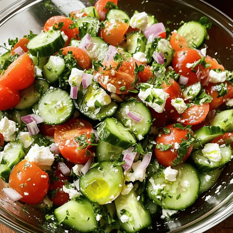 To make a delicious cucumber tomato salad with feta, gather the following ingredients: - 2 large cucumbers, peeled and diced - 3 ripe tomatoes, diced - 1 cup crumbled feta cheese - 1/4 red onion, thinly sliced - 1/4 cup fresh parsley, chopped - 3 tablespoons extra virgin olive oil - 2 tablespoons red wine vinegar (or apple cider vinegar) - Salt and pepper to taste - 1 teaspoon dried oregano - 1 teaspoon lemon zest You can customize this salad with optional ingredients like olives or avocado for added flavor. - Cucumbers: Use 2 large cucumbers. Peel them and cut into small cubes. - Tomatoes: Take 3 ripe tomatoes. Dice them into bite-sized pieces. - Feta Cheese: Crumble 1 cup of feta cheese. It adds a salty, creamy touch. - Red Onion: Slice 1/4 of a red onion thinly. This adds crunch and a bit of zing. - Fresh Parsley: Chop 1/4 cup of fresh parsley. It brings freshness to the salad. - Olive Oil: Measure 3 tablespoons of extra virgin olive oil. This acts as the base for the dressing. - Vinegar: Use 2 tablespoons of red wine vinegar or apple cider vinegar. It gives a nice tang. - Salt and Pepper: Add to taste. These enhance all the flavors. - Dried Oregano: Use 1 teaspoon for a hint of herbal flavor. - Lemon Zest: Grate 1 teaspoon of lemon zest. This adds brightness. This salad is simple and quick. You can find the full recipe to make it easily. To make this salad, you start with fresh ingredients. First, peel and dice 2 large cucumbers. Then, you need 3 ripe tomatoes. Dice them, too. Next, take 1/4 red onion and slice it thinly. Add these to a large mixing bowl. Now, add 1 cup of crumbled feta cheese for a creamy taste. Here’s a tip: Mix the cucumbers and tomatoes first. This way, they blend well. Adding the feta and onion later keeps them bright and fresh. Fill the bowl to about halfway. This gives you room to toss without spilling. For the dressing, grab a small bowl. Whisk together 3 tablespoons of extra virgin olive oil and 2 tablespoons of red wine vinegar. If you prefer, you can use apple cider vinegar. Add salt and pepper to taste. Mix in 1 teaspoon of dried oregano and 1 teaspoon of lemon zest for a zesty kick. Once your dressing is ready, pour it over the salad mix. Toss gently so everything is coated without breaking the feta. Let the salad sit for about 10 minutes. This waiting time helps the flavors meld. Serve chilled or at room temperature for the best taste. For the full recipe, check the section above. To make your cucumber tomato salad burst with flavor, I recommend adding fresh herbs. Basil and mint work wonders. They bring a bright taste to the dish. You can also sprinkle in some crushed red pepper for heat. Fresh oregano adds a nice touch too. Choosing high-quality ingredients is key. Look for firm cucumbers and ripe tomatoes. The best tomatoes feel heavy for their size and have a rich color. For feta, pick the crumbly kind for great texture. Always use extra virgin olive oil for the best taste. Fresh ingredients lead to a fresher salad. Serving your salad in a clear bowl makes it pop. You can see all the colorful layers. For a fancy touch, drizzle extra olive oil just before serving. This adds shine and invites people in. Garnish your salad with extra feta crumbles and a sprinkle of parsley. This adds color and makes it look appealing. You can also place some lemon wedges on the side for a fresh twist. Keep it simple, but make it stunning! {{image_2}} You can switch out ingredients based on your needs. If you are dairy-free, try using a vegan feta cheese. This works well and adds a nice flavor. If you don’t like red onion, green onions or chives can be a great swap. They add a milder taste. For a crunchier bite, add bell peppers or radishes. You can also use cherry tomatoes instead of regular ones. They bring a sweet touch. Seasonal changes can also keep your salad exciting. In summer, use fresh herbs like basil or mint. In fall, consider adding diced apples or pears for sweetness. Each season brings a new twist to your salad. To make your salad unique, consider adding olives or capers. They give a salty bite that pairs well with the feta. You can also toss in some avocado for creaminess. If you enjoy a bit of spice, try adding diced jalapeños. For dressings, explore different options. Instead of red wine vinegar, use balsamic vinegar for a deeper flavor. You can also try lemon juice for a fresh zing. Mixing in some honey or mustard can add a hint of sweetness or tang. Each twist can make your salad feel new again. For the full recipe, check out the Crispy Cucumber Tomato Feta Fiesta. It offers a solid base for your variations. To keep your cucumber tomato salad fresh, store it in the fridge. I recommend using an airtight container. This helps keep moisture in and air out. Make sure to seal it well. If you have leftovers, try to eat them within a couple of days. If you want to keep the salad crisp, store the dressing separately. Combining the dressing with the salad too soon can make it soggy. Use small jars or containers for the dressing. It's easy to pour when you are ready to eat. This salad stays good for about 2 to 3 days in the fridge. After that, the cucumbers and tomatoes may lose their crunch. You should also check for any signs of spoilage. If the salad starts to smell sour or looks slimy, it's time to toss it. Another sign to watch for is discoloration. If the colorful veggies look dull, they have probably lost freshness. Always trust your senses. When in doubt, throw it out! What can I serve with Cucumber Tomato Salad with Feta? You can pair this salad with grilled chicken or fish. It also goes well with pita bread and hummus. For a light meal, serve it with quinoa or couscous. These options make a great meal. Can I make this salad ahead of time? Yes, you can make this salad a few hours in advance. Just mix the salad ingredients, but wait to add the dressing. Add the dressing right before serving. This helps keep the salad fresh and crunchy. How do I choose ripe tomatoes for the salad? Look for tomatoes that feel heavy for their size. They should have a bright, rich color. Check for a slight give when you gently squeeze them. Smell the stem end; a sweet scent means they are ripe. Caloric content per serving Each serving of this salad has about 150 calories. This makes it a light and healthy choice. Nutrients provided by the ingredients in the salad - Cucumbers add hydration and fiber. - Tomatoes provide vitamins C and K. - Feta cheese gives protein and calcium. - Olive oil adds healthy fats. - Fresh herbs boost antioxidants. Enjoy your fresh and simple Cucumber Tomato Salad with Feta! For the full recipe, check out the Crispy Cucumber Tomato Feta Fiesta. In this blog post, we explored the essential ingredients for a Cucumber Tomato Salad with Feta. I provided step-by-step instructions and tips to enhance flavor and presentation. You also learned about variations and storage techniques to keep your salad fresh. Remember, customizing your salad can make it even better. Use high-quality ingredients for the best taste. Enjoy making this simple and tasty dish anytime, and share it with friends. Happy salad-making!