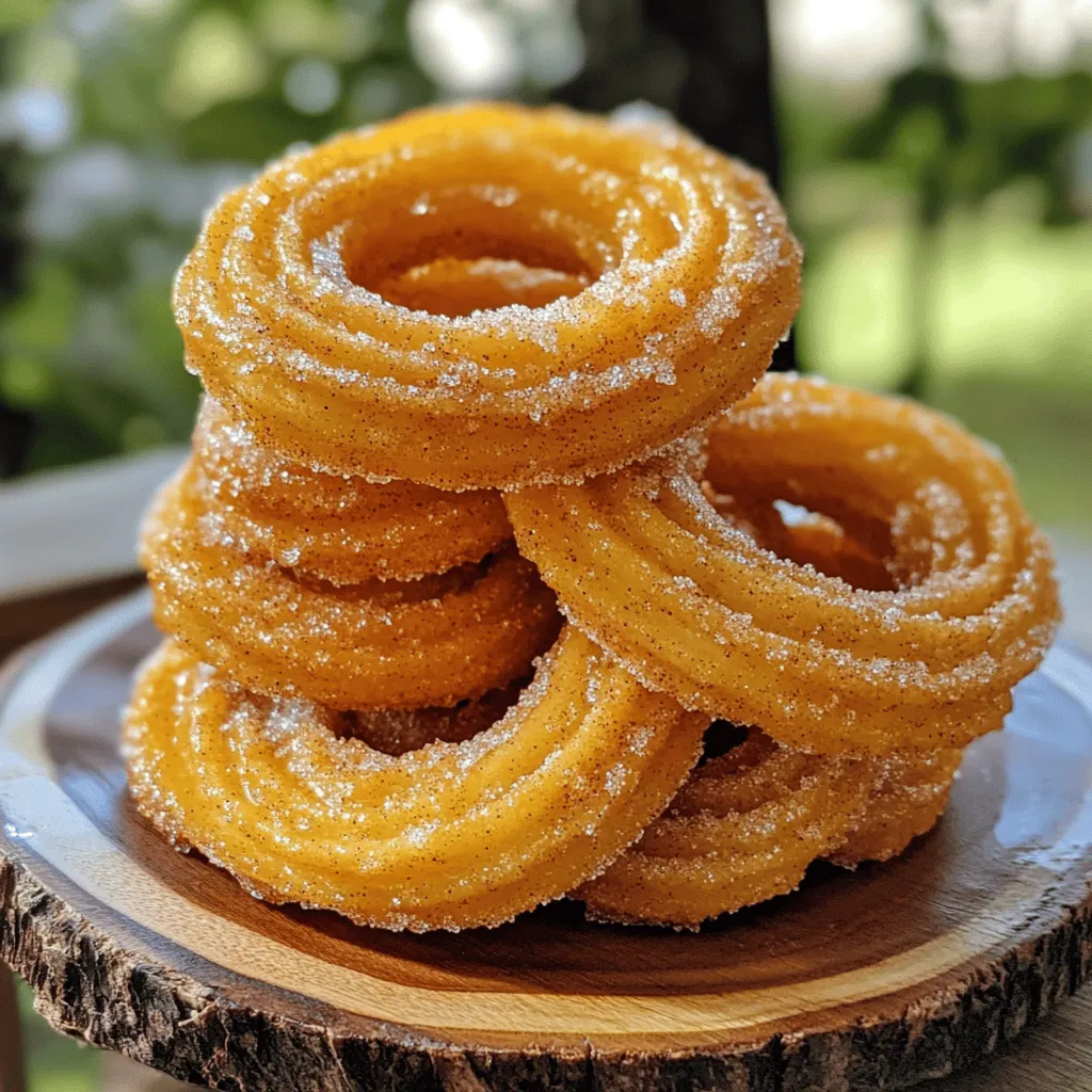 To make delicious cinnamon sugar churros, gather these key items: - 1 cup water - 2 tablespoons granulated sugar - 1/2 teaspoon salt - 2 tablespoons vegetable oil - 1 cup all-purpose flour - 2 large eggs - 1 teaspoon vanilla extract - 1 cup granulated sugar (for coating) - 2 teaspoons ground cinnamon - Oil for frying These ingredients will give your churros that perfect balance of flavor and crunch. You can add some fun twists to your churros by using these optional ingredients: - Cocoa powder for a chocolate flavor - Nutmeg for a warm spice - Cardamom for a unique taste - Chocolate or caramel for dipping These additions can make your churros even more exciting. For making churros, it's helpful to have the right tools: - Medium saucepan for boiling the dough - Mixing bowl for combining ingredients - Piping bag with a star-shaped nozzle for shaping the churros - Deep frying pan or pot for frying - Slotted spoon for removing churros from oil - Paper towels for draining excess oil With these tools, you will create churros with ease. Check out the Full Recipe for detailed steps. To start, grab a medium saucepan. Add 1 cup of water, 2 tablespoons of granulated sugar, 1/2 teaspoon of salt, and 2 tablespoons of vegetable oil. Place the pan over medium heat and bring it to a boil. Once it boils, take the pan off heat. Now, stir in 1 cup of all-purpose flour until the dough is smooth. Let the dough cool for a few minutes. Then, add 2 large eggs and 1 teaspoon of vanilla extract. Mix well until everything is fully combined and smooth. You'll want to feel proud of your dough! Next, heat oil in a deep frying pan or pot. Aim for a temperature of about 350°F or 175°C. While the oil heats, transfer your dough into a piping bag with a star-shaped nozzle. Once the oil is hot, pipe strips of dough, about 6 inches long, directly into the oil. Use scissors to cut the dough as you go. Fry the churros until they turn golden brown, about 2-3 minutes on each side. Use a slotted spoon to remove them and place them on a plate lined with paper towels. This helps absorb any extra oil. Now comes the fun part! In a shallow dish, mix 1 cup of granulated sugar with 2 teaspoons of ground cinnamon. Roll the warm churros in this sweet mixture until they are well coated. This step makes them irresistible! Serve your churros right away for the best taste. Enjoy the crispy, sweet goodness you just made! For a complete guide, check the Full Recipe. To get that dreamy churro texture, focus on your dough. You want it thick but smooth. After you mix in the flour, let the dough cool a bit. Adding eggs to hot dough can cook them. Mix until the dough is fully formed. It should hold its shape when piped. Frying is key to the churro's crispiness. Make sure your oil is hot, around 350°F. If the oil is too cool, your churros will soak up oil and turn soggy. Fry churros in small batches. This keeps the oil temperature steady. Flip them halfway for even cooking. Avoid overmixing the dough. This can make churros tough. Also, don’t skip the cinnamon sugar coating. It adds flavor and crunch. Lastly, don’t let churros sit too long after frying. Serve them warm for the best taste. For the full recipe, check out the instructions above! {{image_2}} You can make chocolate-filled churros for a rich twist. To do this, add melted chocolate to your dough. You can also inject chocolate filling after frying. Use a piping bag with a narrow tip to do this. Just remember to coat the churros in cinnamon sugar after filling them. The warm chocolate inside will melt in your mouth! Want to mix things up? You can add nutmeg and cardamom to your churro dough. This will give your churros a warm, cozy flavor. Use about half a teaspoon of each spice. The nutmeg adds warmth, while cardamom gives a sweet, floral note. Make sure to balance these spices with the cinnamon in the sugar coating for a unique taste. If you need a gluten-free option, you can use rice flour or almond flour. Rice flour will give you a light and crispy churro. Replace all-purpose flour with an equal amount of rice flour in the recipe. The measurements stay the same. Your churros will be just as tasty and crispy as the classic ones. Check out the Full Recipe for all the steps to make these variations! To store leftover churros, let them cool completely. Place them in an airtight container. This keeps them fresh for about two days. If you want to keep them longer, consider freezing. For the best taste, reheat churros in an oven. Preheat your oven to 350°F (175°C). Place the churros on a baking sheet and warm them for about 5-7 minutes. This will help them regain some of their crunch. Avoid the microwave, as it can make them soft and chewy. You can freeze churros for up to two months. First, let them cool. Then, place them in a single layer on a baking sheet. Freeze them for about an hour. After that, transfer them to a freezer bag. When you want to eat them, just follow the reheating tips for fresh taste. Enjoy your crispy treat anytime! For the full recipe, check out the earlier sections. You can serve churros with many tasty dips. Chocolate sauce is a top choice. It adds rich flavor and pairs well with the churros. Caramel sauce or dulce de leche also works great. For a fruity twist, try a berry sauce. You can even serve churros with whipped cream for extra fun. Yes, you can make churros in advance. Fry them and let them cool completely. Then, store them in an airtight container. They will stay fresh for about two days at room temperature. For best taste, reheat them in the oven. This will keep them crisp and delicious. Churros likely come from Spain. They first appeared in the 19th century. They were inspired by a type of fried dough from China. Today, churros are enjoyed in many countries. You can find them in Mexico, where they are often served with hot chocolate. Each place adds its own twist to this beloved treat. For the full recipe, check the provided link. Making cinnamon sugar churros is fun and easy. We covered the key ingredients, tools, and step-by-step instructions. I shared tips for crispiness and avoiding common mistakes. You can even try variations like chocolate-filled or gluten-free churros. For storage, I included how to keep them fresh and tasty. Now, you can enjoy making churros at home. Get ready for sweet treats that everyone loves! Happy frying!