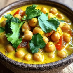 - 2 cups chickpeas (cooked or canned, drained and rinsed) - 1 can (400ml) coconut milk - 1 medium onion, finely chopped - 3 cloves garlic, minced - 1-inch piece of ginger, grated - 1 can (14 oz) diced tomatoes - 2 tablespoons curry powder - 1 teaspoon turmeric powder - 1 teaspoon cumin powder - 1 teaspoon chili powder (adjust to taste) - 2 tablespoons vegetable oil - Salt to taste Chickpeas are the star of this dish. They are full of protein and fiber. Coconut milk adds a creamy texture and rich flavor. The spices bring warmth and depth. You will love how the flavors blend together. - 1 cup spinach (optional) - Fresh cilantro for garnish I often add spinach for extra nutrients. It wilts nicely into the curry, adding color and flavor. Fresh cilantro gives a pop of freshness. You can skip these, but they enhance the dish. - Large pot - Cutting board and knife Having the right tools is key. A large pot helps cook everything evenly. A cutting board and knife make prep easy and safe. These simple tools will help you make this tasty meal with ease. For the full recipe, see the Chickpea Coconut Curry Delight. First, grab a large pot. Heat the vegetable oil over medium heat. Add the chopped onion and sauté until it turns soft and clear, about 5 minutes. This step builds a great flavor base. Next, toss in the minced garlic and grated ginger. Sauté these for another 1-2 minutes until they smell amazing. After that, it’s time to toast the spices. Stir in the curry powder, turmeric, cumin, and chili powder. Cook them for about 1 minute. This brings out the rich flavors of the spices. Now, add the diced tomatoes to your pot. Use the juice from the can too. This adds moisture and depth. Cook this mix for 2-3 minutes. You want the flavors to blend well. Then, it’s time for the star of the dish: the chickpeas! Add them next, along with the coconut milk. Stir everything together until well combined. Bring the mixture to a gentle simmer. Let it cook for 15-20 minutes. This allows the sauce to thicken and the flavors to meld. If you’re using spinach, add it in the last 5 minutes of cooking. It will wilt perfectly. Finally, season with salt to taste. Adjust the spices if you want more heat or flavor. For the full recipe, check the section above. Enjoy your delicious chickpea curry in coconut milk! Adjusting spice levels in your chickpea curry is key. Start with one teaspoon of chili powder. Taste it, then add more if you like heat. Each person has their own spice level. Balancing acidity with tomatoes helps too. If your curry feels too tart, add a bit of sugar. This little tweak can make a big difference in taste. Adding spinach or other vegetables can boost both nutrition and flavor. Toss in a cup of spinach during the last few minutes of cooking. It wilts nicely and adds a vibrant color. You can also use bell peppers, carrots, or peas. For thickening the curry, let it simmer longer. Cook it uncovered to reduce the liquid. This creates a richer sauce that clings to the chickpeas. Garnishing options make your dish look appealing. Fresh cilantro adds a pop of green and fresh taste. You can also sprinkle some chili flakes for extra color. Serving suggestions include pairing with rice or naan. A side of cool yogurt also complements the spices well. Enjoy the beautiful colors and textures on your plate! For a detailed guide, check out the Full Recipe. {{image_2}} You can mix things up by using other legumes. Black beans or lentils work great. They have a nice texture and flavor. If you want a creamier curry, try using a different brand of coconut milk. Some brands are thicker and richer. Others might be lighter and less sweet. Experiment to find what you like best. The Instant Pot is a fast way to make this curry. It cooks the chickpeas and flavors quickly. Just set it to pressure cook for about 10 minutes. If you prefer, you can use the stove or a slow cooker. On the stove, it takes about 35 minutes. A slow cooker lets the flavors build over hours. Choose what fits your schedule. You can give your curry a new flair. Indian style often uses garam masala or coriander. Thai style might include lemongrass or basil. Local spices can also add unique flavors. Look for what is fresh in your area. This will make your dish special and personal. Store your leftover chickpea curry in an airtight container. This keeps it fresh and safe. You should cool the curry first before sealing it up. It can last in the fridge for about three to four days. Glass containers work well because they don’t stain and are easy to clean. You can freeze chickpea curry for longer storage. Use freezer-safe containers or bags. Make sure to leave some space for the curry to expand as it freezes. This dish can stay good in the freezer for up to three months. When you're ready to eat it, move it to the fridge to thaw overnight. This helps keep its taste and texture. To reheat the curry, use a pot on low heat. Stir it often to avoid hot spots. You can also use a microwave, but make sure to cover it to keep moisture in. Add a splash of water or coconut milk if needed. This will help maintain the smooth texture and rich flavor. Enjoy your delicious meal! For the full recipe, check out the Chickpea Coconut Curry Delight. Chickpea curry lasts about 3 to 4 days in the fridge. Store it in an airtight container. For longer storage, freeze it. In the freezer, it can last up to 3 months. To thaw, move it to the fridge overnight before reheating. Yes, you can make this dish vegan easily. All the main ingredients in the recipe are plant-based. Just ensure you use vegetable oil and check the coconut milk. Most brands offer vegan-friendly options. This way, everyone can enjoy the rich, creamy flavors. Chickpea curry pairs well with rice or naan. You can serve it with fluffy basmati rice or warm, soft naan bread. A fresh salad or raita complements the dish too. These sides balance the curry's rich taste, making each bite delightful. For a colorful touch, add pickled vegetables on the side. This article showed how to make a tasty Chickpea Curry in Coconut Milk. You learned about the main and optional ingredients, tools needed, and step-by-step instructions. Tips for flavor and texture improve your dish. The variations section inspired you to try new ideas. Lastly, storage and reheating advice ensures you enjoy leftovers. Now, get cooking and enjoy your delicious curry!