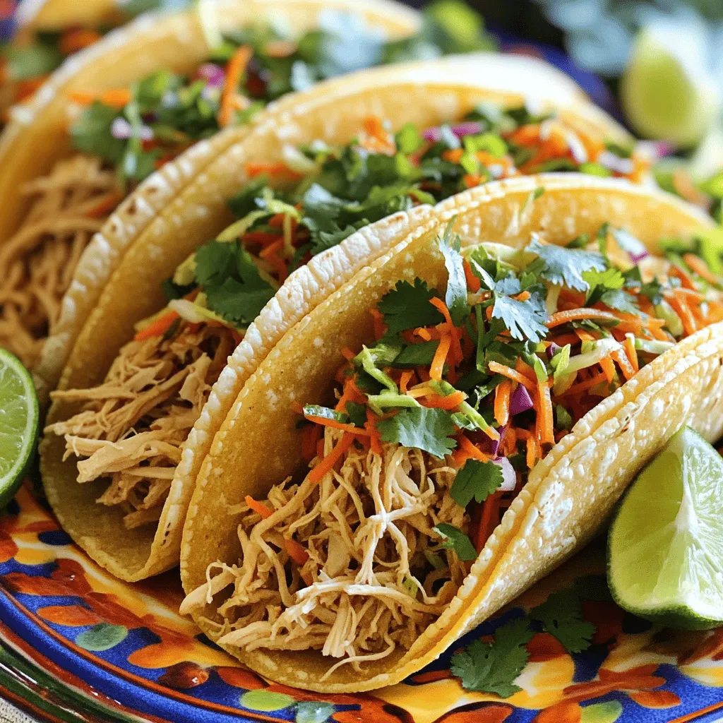 - 2 large chicken breasts - 1 cup chicken broth - 1 tablespoon taco seasoning - 1 tablespoon olive oil - 1 cup red cabbage, shredded - 1 cup green cabbage, shredded - 1 carrot, grated - ¼ cup mayonnaise - 1 tablespoon apple cider vinegar - 1 teaspoon honey - 8 small corn tortillas - Fresh cilantro, for garnish - Lime wedges, for serving - Salt and pepper, to taste To make pulled chicken tacos, gather these fresh ingredients. The chicken breasts form the heart of the dish. They soak up flavors from the chicken broth and taco seasoning. Olive oil helps keep the chicken moist while it cooks. The crunchy slaw adds a nice texture. Red cabbage brings color, while green cabbage offers a mild taste. Grated carrot adds sweetness. Mayonnaise binds the slaw and gives it creaminess. Don’t forget the additional ingredients! Apple cider vinegar gives a tangy kick, while honey adds a hint of sweetness. Corn tortillas hold everything together. Fresh cilantro brightens the dish, and lime wedges add zing. Be sure to season with salt and pepper for balance. For the full recipe, check out the instructions to create this tasty meal. To start, grab your slow cooker. Place the chicken breasts inside. Pour in one cup of chicken broth. Sprinkle one tablespoon of taco seasoning on top. Make sure the chicken is well coated. Now, set your slow cooker to cook on low for six to eight hours. If you're short on time, you can cook it on high for four hours. You know it is ready when the chicken is tender. Use two forks to shred the chicken. Mix it with the broth for extra flavor. While the chicken cooks, it’s time to make the slaw. In a large bowl, add one cup of shredded red cabbage. Next, add one cup of shredded green cabbage. Finally, grate one carrot and mix it in. In a small bowl, whisk together a quarter cup of mayonnaise, one tablespoon of apple cider vinegar, and one teaspoon of honey. Add a pinch of salt and pepper. Pour this dressing over the cabbage mix. Toss everything together until it is well combined. Adjust the seasoning to your taste. Now it’s time to assemble your tacos. First, warm your corn tortillas in a dry skillet. Heat them for about 30 seconds on each side. You want them pliable, not crispy. Next, take a tortilla and place a generous amount of pulled chicken on it. Top it with the crunchy slaw you just made. Garnish with fresh cilantro. Serve with lime wedges on the side for squeezing over the tacos. Enjoy your fresh flavor delight! For the complete recipe, check the Full Recipe section. For tender chicken, cook on low for 6-8 hours. This slow method keeps the meat juicy. If you’re in a hurry, cook on high for 4 hours. After cooking, use two forks to shred the chicken. Hold one fork steady and pull with the other. This method helps you get nice, thin shreds. To make your slaw pop, taste it first. You may need to add more salt or pepper. If you like heat, try adding jalapeños. Slice them thin and mix them into the slaw. This adds a nice kick and extra flavor. For a beautiful plate, serve tacos on a colorful platter. Add lime wedges and fresh cilantro for a pop of color. You can also include a mild salsa or avocado slices on the side. These pair well with the tacos and create a fun meal. For the full recipe, check the earlier section. {{image_2}} You can change the protein in pulled chicken tacos easily. If you want beef, use a chuck roast instead of chicken. Cook it the same way. Shred it like chicken after it's tender. If you prefer a plant-based option, tofu works well. Just press and cube the tofu, then sauté it with taco seasoning. This gives a great flavor and texture. Slaw can be just as fun to change up! You can try using napa cabbage or savoy cabbage instead of red and green. Each type has a unique crunch. You can also add extras like radishes or bell peppers for a twist. For a touch of sweetness, mix in fruits like apple or mango. This adds a fresh flavor and brightens your dish. Taco shells can be flexible too! If you want a softer bite, opt for flour tortillas. They are easy to hold and taste great. For a low-carb option, use lettuce wraps. They let the filling shine and keep it light. You can also try taco bowls. Fill a bowl with rice or quinoa, then top it with the chicken and slaw. This makes a fun and colorful meal! For the Full Recipe, check out the details above! To keep your pulled chicken tacos fresh, refrigerate leftovers right away. Use airtight containers to prevent moisture loss and keep flavors intact. Label the containers with the date. This way, you’ll know when to eat them. You can freeze pulled chicken if you have extra. Place it in a freezer-safe bag. Be sure to remove as much air as possible. It can last up to three months in the freezer. When you’re ready to eat, thaw it in the fridge overnight. Reheat in a pan or the microwave until hot. This helps keep the chicken juicy and tender. In the fridge, pulled chicken lasts for about three to four days. The slaw will stay fresh for about two to three days. Always check for any off smells or changes in texture before eating. If you notice anything strange, it’s best to throw it away. You can add many tasty toppings to your pulled chicken tacos. Here are some great ideas: - Shredded cheese (cheddar or Monterey Jack) - Fresh salsa or pico de gallo - Sliced jalapeños for heat - Avocado or guacamole - Sour cream for creaminess - Fresh lime juice for tang Mix and match these toppings to find your favorite combination. Each adds a burst of flavor that makes your tacos unique. Yes, you can make the slaw ahead of time. This helps save time on busy days. Here’s how to prep the slaw in advance: - Mix the shredded cabbage and grated carrot in a bowl. - Make the dressing and store it separately. - Combine the two just before serving to keep the slaw crisp. This way, you can enjoy fresh slaw without the extra work during meal time. The spice level of these tacos can be adjusted easily. The taco seasoning provides a mild kick. If you want more heat, try these tips: - Add extra taco seasoning to the chicken. - Top with sliced jalapeños or hot salsa. - Use spicy salsa instead of mild. You can customize your tacos to fit your taste buds. Enjoy finding the right level of spice for you! You discovered how to make delicious pulled chicken tacos, complete with crunchy slaw. We covered the main ingredients, cooking methods, and tips for perfect flavor. Whether you choose chicken, beef, or tofu, you can customize these tacos to suit your taste. Remember to store leftovers properly for the best flavor later. These easy steps ensure a tasty meal every time. Enjoy your taco night with friends or family!