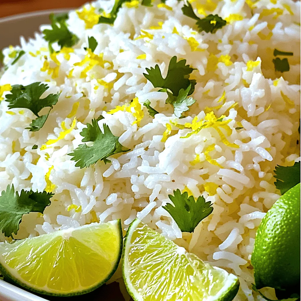 To make coconut lime rice, you need some simple yet flavorful ingredients. Each one plays a key role in creating that perfect balance of taste. Here’s what you’ll need: - 1 cup jasmine rice - 1 can (13.5 oz) coconut milk - 1 cup water - 1 tablespoon lime zest - 2 tablespoons fresh lime juice - 1 teaspoon sugar (optional) - ½ teaspoon salt - Fresh cilantro, chopped (for garnish) - Lime wedges (for serving) Each ingredient adds its unique touch. Jasmine rice gives a lovely aroma and texture. Coconut milk brings a rich creaminess that pairs well with lime. The lime zest and juice add a bright, zesty kick. Sugar balances the flavors, while salt enhances them. Fresh cilantro adds color and freshness to your dish. Lime wedges on the side allow for an extra burst of flavor when serving. For the full recipe, check out the steps below to bring this dish to life! - Rinse the jasmine rice. Start by rinsing the jasmine rice under cold water. This step is key because it removes excess starch. Rinsing helps the rice become fluffy and not sticky. - Combine ingredients in saucepan. In a medium saucepan, mix the rinsed rice, coconut milk, water, salt, and sugar if you want it sweeter. Stir gently to blend all the ingredients well. - Bring to boil and simmer. Place the saucepan on the stove and turn the heat to medium-high. Wait for the mixture to boil. Once it starts to bubble, reduce the heat to low. Cover the saucepan tightly with a lid. Let it simmer for about 15 minutes. - Let sit and fluff the rice. After 15 minutes, check if the liquid has been absorbed and the rice is tender. Remove the saucepan from the heat but keep it covered. Let it sit for another 10 minutes. This resting time allows the rice to steam and become perfect. After that, use a fork to fluff the rice gently. - Stir in lime zest and juice. Add the lime zest and fresh lime juice to the fluffy rice. Gently mix it in to ensure every grain is coated with that zesty flavor. - Adjust seasoning to taste. Now is the time to taste your dish. If you want more flavor, add a bit more salt or lime juice. Adjust it to match your taste. Enjoy your coconut lime rice as a tasty side for any meal! You can find the full recipe [here]. Rinsing rice is key for great coconut lime rice. It removes extra starch. This makes the rice fluffy, not sticky. To prevent sticking, use the right water ratio. Jasmine rice needs about one cup of water for every cup of rice. Stir the rice gently when you first add it to the pot. After that, don’t stir again while it cooks. Let it simmer in peace. You can add spices or herbs to boost flavor. Try adding a pinch of cumin or coriander for warmth. Fresh herbs like cilantro will add brightness, too. If you want a sweeter rice, add a teaspoon of sugar. This balances the tangy lime. Adjust to your taste. Some like it sweeter, while others prefer a bolder lime flavor. Coconut lime rice pairs well with many dishes. It goes great with grilled chicken, shrimp, or fish. The creamy coconut complements spicy foods well. For gatherings, present the rice in a colorful bowl. Top it with chopped cilantro and lime wedges. This makes a bright, inviting dish. Serve it warm for the best flavor. For a detailed cooking guide, check out the Full Recipe. {{image_2}} You can change the rice type to fit your taste. Here are some options: - Basmati rice: It has a nice aroma and fluffy texture. - Brown rice: This adds more fiber and a nutty flavor. If you need a non-dairy option for coconut milk, try these: - Almond milk: It gives a light flavor. - Soy milk: This option is rich and creamy. To make coconut lime rice even better, consider adding extras: - Vegetables: Mix in peas, bell peppers, or corn for color and crunch. - Proteins: Add shrimp, chicken, or tofu for a complete meal. You can also play with citrus flavors. Try using lemon or orange instead of lime. Each will give a unique twist to the dish. Making coconut lime rice fit different diets is simple: - Gluten-free: This recipe is already gluten-free! Just check your ingredients. - Vegan options: All ingredients are vegan-friendly, so no changes are needed. By making these variations, you can create a dish that suits your needs and tastes. For the complete recipe, check out the Full Recipe. To store leftover coconut lime rice, let it cool to room temperature. Place the rice in an airtight container. This helps keep it fresh. You can store it in the fridge for about 3 to 4 days. If you want to keep it longer, freeze it. When reheating, you have a few choices. You can use a microwave or a stovetop. For the microwave, place the rice in a bowl. Add a splash of water and cover it. Heat it in short bursts, stirring in between. On the stovetop, add a little water in a pan. Heat it over low heat, stirring often. This keeps the rice from drying out. To freeze the rice, first make sure it’s completely cooled. Transfer it to a freezer-safe bag or container. Push out as much air as you can to prevent freezer burn. It can stay frozen for up to 3 months. When you're ready to eat, move it to the fridge for a few hours to thaw. For quick thawing, you can microwave it directly. Just remember to add a bit of water to keep it moist while reheating. How can I make coconut lime rice creamier? To make coconut lime rice creamier, add more coconut milk. You can replace some water with coconut milk. This gives the rice a richer taste. A touch of butter can also help. Mix it in after cooking for a nice finish. Can I use brown rice instead of jasmine rice? Yes, you can use brown rice. Keep in mind that brown rice takes longer to cook. You will need to adjust the water and cooking time. Use 1.5 cups of water for each cup of brown rice. Cook it for about 40-45 minutes. What if I don’t have fresh limes? If you don’t have fresh limes, you can use bottled lime juice. Use about 1 tablespoon of juice for every lime needed. You can also use lemon juice as a substitute. It gives a similar tangy flavor. How to scale the recipe for larger servings? To scale the recipe, simply multiply the ingredients. For example, for eight servings, use 2 cups of rice and double the other ingredients. Cook it in a larger pot. Ensure you have enough space for the rice to expand. What are the calorie counts for this dish? Coconut lime rice has around 250 calories per serving. This includes the rice, coconut milk, and lime. The calories may change if you add ingredients like sugar or butter. Is coconut lime rice healthy? Yes, coconut lime rice can be healthy. It uses whole ingredients like rice and coconut milk. While it has some fat, it is also filling. Enjoy it in moderation as part of a balanced meal. You have the tools to create delicious coconut lime rice. We covered the key ingredients and step-by-step cooking process. Remember to rinse the rice for the best texture. You can enhance flavors with herbs and spices as you choose. Don't forget the variations for dietary needs. Store leftovers properly, and get tips on reheating. Coconut lime rice is a tasty side dish with lots of options. Enjoy your cooking and make this dish your own!