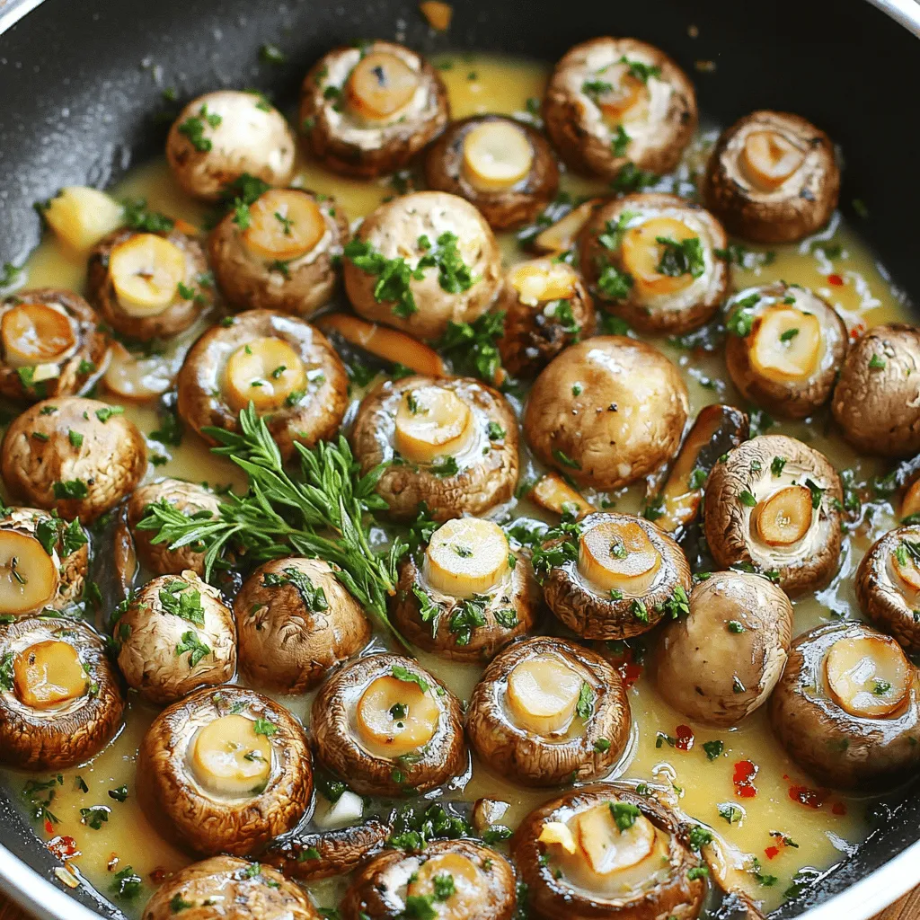For Herbed Garlic Butter Mushrooms, gather these items: - 500g fresh mushrooms (button or cremini), cleaned and sliced - 4 tablespoons unsalted butter - 3 cloves garlic, minced - 1 teaspoon dried thyme - 1 teaspoon dried rosemary - 1 teaspoon fresh parsley, chopped (plus more for garnish) - 1/2 teaspoon crushed red pepper flakes (optional) - Salt and pepper to taste - Juice of half a lemon You can swap some ingredients if needed. Use olive oil instead of butter for a vegan option. Fresh herbs can replace dried ones, but use more of them. For mushrooms, you can try shiitake or portobello for richer flavor. If you dislike garlic, onion powder works too. I recommend using button or cremini mushrooms for this recipe. They have a mild flavor and cook well. Brands like Whole Foods and Trader Joe’s offer fresh options. If you want a stronger taste, opt for shiitake or portobello. They add depth and a unique twist to the dish. You can find these varieties at local farmers' markets, too. For the full recipe, check out the detailed cooking steps provided. To make herbed garlic butter mushrooms, start by gathering your ingredients. You’ll need: - 500g fresh mushrooms (button or cremini), cleaned and sliced - 4 tablespoons unsalted butter - 3 cloves garlic, minced - 1 teaspoon dried thyme - 1 teaspoon dried rosemary - 1 teaspoon fresh parsley, chopped (plus more for garnish) - 1/2 teaspoon crushed red pepper flakes (optional) - Salt and pepper to taste - Juice of half a lemon First, clean the mushrooms with a damp cloth. This keeps them fresh and tasty. Next, slice them evenly for even cooking. Mince the garlic finely to release its rich flavor. Chop the fresh parsley so it stays bright and vibrant. Now, let’s cook! Heat a large skillet over medium heat. Add the unsalted butter. Watch it melt and foam. Once it starts bubbling, add the minced garlic. Sauté for 1-2 minutes until it smells amazing. Be careful not to burn it. After the garlic is fragrant, toss in the sliced mushrooms. Stir them well to coat with the garlic butter. Sprinkle in the dried thyme and dried rosemary. If you like a little heat, add the crushed red pepper flakes. Sauté the mushrooms for about 5-7 minutes. Stir them occasionally until they turn golden brown and tender. Season with salt and pepper to taste. This step is important to bring out all the flavors. Squeeze the juice of half a lemon over the mushrooms and stir once more. The lemon adds brightness. Remove the skillet from heat. Just before serving, stir in the fresh parsley. This adds a vibrant color and fresh taste. Serve these herbed garlic butter mushrooms warm. They make a great side dish or a tasty topping for grilled meats. You can also use them as a filling for pasta or on top of toasted bread. Enjoy the blend of flavors and share with friends! For a full recipe, check the details above. When you pick mushrooms, look for firm ones. They should feel smooth and not slimy. Check for no dark spots or wrinkles. Fresh mushrooms smell earthy and pleasant. Choose button or cremini mushrooms for this dish. Both add great taste. One common mistake is overcooking mushrooms. They can become too soft and lose flavor. Always sauté them until they are golden brown, about 5-7 minutes. Another mistake is adding salt too soon. Salt draws out moisture, making mushrooms soggy. Add salt and pepper near the end of cooking. You can boost flavor in many ways. Try adding fresh herbs like basil or chives. You can also use different spices, like garlic powder or onion powder. A splash of balsamic vinegar adds a nice touch. For a kick, add more crushed red pepper flakes. You can find more great ideas in the Full Recipe. {{image_2}} You can change the flavor of your herbed garlic butter mushrooms by using different herbs. Basil adds a sweet touch, while oregano gives a nice kick. If you love a fresh taste, try using dill or chives. Mix and match to find your favorite blend. Fresh herbs work well too! Just chop them finely and add them at the end for a burst of flavor. You can make this dish even better by adding other veggies. Try bell peppers for color and crunch. Spinach or kale adds a healthy twist. You can also toss in zucchini or asparagus. Just be mindful of cooking times. Add these veggies based on how long they take to cook. This way, everything stays tender and tasty. If you want to make this dish vegan, swap the butter for olive oil or vegan butter. You can still get great flavor from garlic and herbs. Use mushrooms, as they are naturally plant-based. For a creamy touch, add a splash of coconut milk or cashew cream at the end. This keeps the dish rich while being dairy-free. Check the [Full Recipe] for details on how to prepare this delicious meal. To store your herbed garlic butter mushrooms, let them cool first. Place them in an airtight container. Keep the container in the fridge. They will stay fresh for about three to four days. Make sure to label the container with the date. When you're ready to enjoy the leftovers, reheat them gently. You can use a skillet over low heat. Add a splash of water or broth to keep them moist. Stir occasionally until heated through. You can also microwave them in short bursts, checking often to avoid overcooking. You can freeze these mushrooms, but they may lose some texture. Place them in a freezer-safe bag or container. Squeeze out as much air as possible. They will last for up to two months in the freezer. To thaw, move them to the fridge overnight. Reheat them in a skillet or microwave after thawing. This method helps keep the flavor intact. For the best taste, try to enjoy them fresh whenever you can. You can find the full recipe online for more details. Yes, you can use canned mushrooms. They are quick and easy. However, fresh mushrooms taste better. Canned mushrooms may not have the same texture. If you use canned, drain and rinse them first. Then, add them to the pan with the garlic butter. Cook for a shorter time, just until warmed through. Herbed garlic butter mushrooms go well with many dishes. They make a great side for steak or chicken. You can also serve them on pasta or rice. For a lighter meal, pair them with a fresh salad. They also taste great on toasted bread as an appetizer. Feel free to explore your favorite combinations! This dish is naturally gluten-free. Just ensure that your butter and seasonings do not have gluten. If you want to serve it with a side, use gluten-free options. Rice or gluten-free pasta works well. You can enjoy this recipe without worry, making it perfect for everyone. For the full recipe, check out the details above! In this blog post, we covered how to make Herbed Garlic Butter Mushrooms. We discussed ingredients, preparation steps, and cooking methods. I shared helpful tips on selecting fresh mushrooms and avoiding common mistakes. You also learned about tasty variations and how to store leftovers. Now you have the tools to create this delicious dish. Use these insights to impress friends and family. Enjoy your cooking and make this recipe your own!