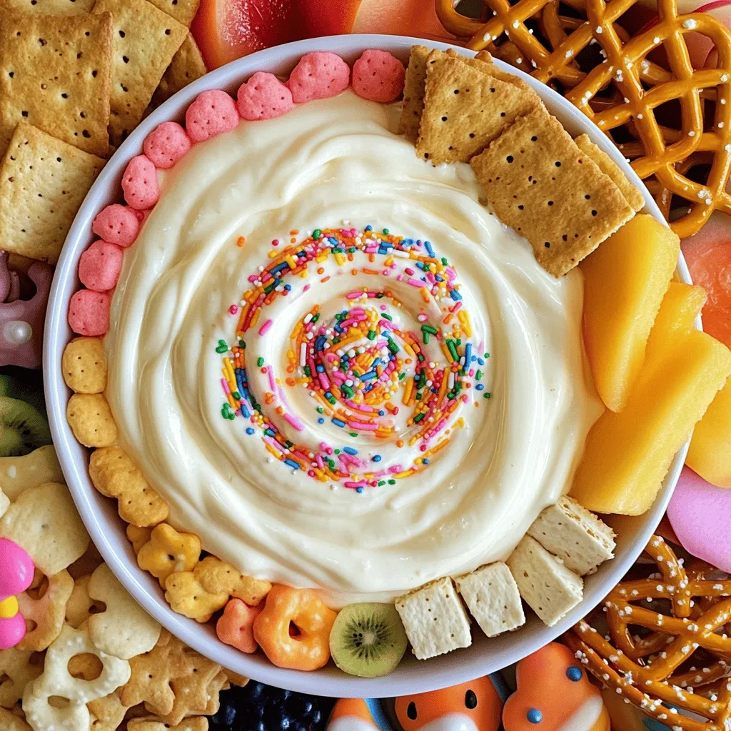 - 1 cup cream cheese, softened - 1/2 cup vanilla yogurt - 1/4 cup powdered sugar For this viral homemade Dunkaroo dip, the main ingredients create a creamy base. The cream cheese adds richness, while the yogurt gives it a light, fluffy texture. The powdered sugar adds sweetness, making every bite delightful. - 1 teaspoon vanilla extract - 1/4 teaspoon almond extract (optional) Flavor enhancers elevate this dip. The vanilla extract enhances the sweet notes. If you want a nutty hint, add almond extract. It’s optional but can boost flavor. - Assorted options: graham crackers, animal crackers, fruit slices, and pretzels Dippers are key for enjoying this dip. You can use graham crackers and animal crackers for a sweet crunch. Fruit slices add freshness, while pretzels offer a salty contrast. Each option brings its own fun twist to the dish. Try different combinations to find your favorite. For the full recipe, check the details above. To start, gather your ingredients. In a medium-sized bowl, combine the softened cream cheese, vanilla yogurt, and powdered sugar. Use an electric mixer to blend these until smooth. This should take about 2-3 minutes. You want a creamy texture that is easy to dip into. Next, add in the vanilla extract and almond extract if you want. These will enhance the flavor. Mix everything until well combined. Then, gently fold in the sprinkles. Be careful not to over-mix, as you want to keep some of those fun colors visible. Now, it's time to serve. Transfer the dip into a nice serving bowl. Smooth the top with a spatula for a clean look. Don’t forget to garnish with extra sprinkles on top. This adds a pop of color! Finally, chill your dip in the fridge for at least 30 minutes. This helps the flavors blend nicely. Serve it cold with your favorite dippers. Enjoy the tasty treat! For the full recipe, check out the details above. - Use room temperature cream cheese for easier blending. - Ensure no lumps remain in the mixture. When mixing, soft cream cheese blends smoothly with yogurt and sugar. This step is key for a creamy dip. If you use cold cream cheese, your dip may turn out lumpy. Take a few minutes to let it warm up. You’ll notice the difference in texture. After mixing, check for lumps. No one wants a bumpy dip! - Pair with various dippers for variety. - Serve chilled for best taste. Dunkaroo dip shines when served with different dippers. Try graham crackers, animal crackers, fruit slices, or pretzels. Each dipper brings a unique flavor and crunch. Chill your dip for at least 30 minutes. Cold dip tastes fresh and flavorful. Your guests will love it! - Use colorful sprinkles for an appealing look. - Serve in a fun bowl to enhance visual appeal. Make your dip pop with colorful sprinkles. They add a festive touch and make it inviting. Choose a fun bowl to match the occasion. A bright or quirky bowl can catch the eye. This little detail makes your serving special. For the full recipe, check out the complete guide to making this delightful treat! {{image_2}} You can easily switch up the classic Dunkaroo dip. One fun option is to make a Chocolate Dunkaroo Dip. Just mix in cocoa powder or melted chocolate. It adds a rich, sweet touch that chocolate lovers will adore. You can also create fruit-infused options. Berry flavors, like strawberry or raspberry, add a fresh twist. Just use fruit puree or mix in chopped fruit. Mango is another great choice, bringing a tropical vibe to your dip. If you have dietary needs, you can still enjoy this treat. For gluten-free options, choose dippers like rice cakes or fruit slices. These keep the fun going without the gluten. For a vegan alternative, swap cream cheese for coconut yogurt. It gives you the same creamy texture while keeping it plant-based. You won’t miss the dairy with this tasty option. You can also make seasonal twists to your Dunkaroo Dip. For holidays, add festive sprinkles or colored dippers. Think red and green for Christmas or pastel colors for Easter. You can enhance the dip with seasonal fruits, too. Fresh berries in summer or pumpkin in fall can make it extra special. These additions keep the flavors exciting all year round. For the full recipe, check out the detailed section above. To keep your Dunkaroo Dip fresh, store it in an airtight container. This helps maintain its creamy texture and delightful taste. In the fridge, your dip will last about 3 to 5 days. After that, it may lose some of its flavor and texture. Can you freeze Dunkaroo Dip? Yes, you can! Just scoop it into a freezer-safe container. Seal it tightly to prevent freezer burn. When you want to enjoy it again, thaw it in the fridge overnight. This keeps the dip smooth and tasty. Got leftover Dunkaroo Dip? Use it in fun ways! Spread it on toast for a sweet breakfast. Mix it into pancakes for a treat. You can even swirl it into yogurt or oatmeal for added flavor. Get creative and enjoy your leftovers in new dishes! Homemade Dunkaroo Dip can last about 3 to 5 days in the fridge. Store it in an airtight container. This keeps it fresh and safe to eat. Over time, the dip may lose its creamy texture. Be sure to check for any off smells or changes in color before serving. Yes, you can make Dunkaroo Dip ahead of time. This dip tastes even better after chilling for a few hours or overnight. The flavors blend well when it sits. Just remember to store it in the fridge. Cover it tightly to avoid drying out. If you need a cream cheese substitute, try using Greek yogurt or silken tofu. Both options are creamy and tasty. For a vegan choice, use coconut yogurt. Each alternative adds a different flavor and texture. Choose what suits your diet best. We explored the delicious world of Dunkaroo Dip, diving into its simple ingredients and rich flavors. You saw how easy it is to mix cream cheese, yogurt, and sugar, while adding fun touches like sprinkles. Remember to chill the dip for the best taste and serve with your favorite dippers. With various flavor twists and ways to store, you can keep the fun going. Get creative with your versions and enjoy this simple treat!