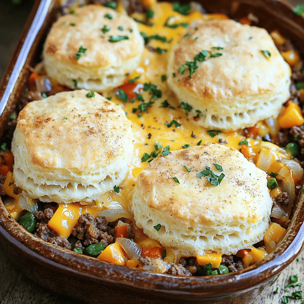 - 1 lb ground beef - 1 small onion, diced - 2 cloves garlic, minced - 1 cup mixed vegetables (carrots, peas, corn) - 1 cup beef broth - 1 tablespoon Worcestershire sauce - 1 teaspoon smoked paprika - Salt and pepper to taste - 1 cup cheddar cheese, shredded - 2 cups biscuit mix - 2 teaspoons garlic powder - 1 teaspoon dried parsley - 1 cup milk - 1/4 cup melted butter - Preheat your oven to 400°F (200°C) before starting. - Use a 9x13-inch baking dish for the cobbler, greased for easy serving. The main ingredients form a hearty base. Ground beef gives protein and flavor. The onion and garlic add depth, while mixed veggies bring color and nutrition. The beef broth keeps everything moist. Worcestershire sauce and smoked paprika enhance the taste. Don't forget salt and pepper for balance. The cheddar cheese melts into a gooey delight. For the biscuit topping, the biscuit mix makes it easy. Garlic powder adds a touch of zest, and dried parsley brings freshness. Milk and melted butter create a rich batter. This combo makes for a fluffy, golden topping that contrasts the savory beef mixture below. With these ingredients, you create a warm, filling dish. You can make it quickly and enjoy every bite. For the full recipe, check the details provided earlier. - Preheat the Oven: Start by preheating your oven to 400°F (200°C). This ensures even baking. - Cook the Ground Beef: In a large skillet, add 1 lb of ground beef. Cook over medium heat for 5-7 minutes. Break it apart with a spatula as it cooks. It should be browned and crumbly. - Add Aromatics and Mix: Stir in 1 small diced onion and 2 minced garlic cloves. Cook for about 3 minutes until the onion is soft and clear. - Mix in Veggies and Season: Add 1 cup of mixed vegetables, 1 cup of beef broth, 1 tablespoon of Worcestershire sauce, and 1 teaspoon of smoked paprika. Season with salt and pepper. Bring the mixture to a simmer. Cook for 5 minutes until hot. - Add Cheese to the Beef Mixture: Stir in 1/2 cup of shredded cheddar cheese. Mix until melted and combined. Remove the skillet from heat. - Prepare Biscuit Mixture: In a separate bowl, combine 2 cups of biscuit mix, 2 teaspoons of garlic powder, and 1 teaspoon of dried parsley. Pour in 1 cup of milk and 1/4 cup of melted butter. Stir until just combined. - Assemble the Cobbler: Pour the beef mixture into a greased 9x13-inch baking dish. Spoon the biscuit batter over the top, covering most of the beef. - How to Bake for Best Results: Place the dish in the oven and bake for 20-25 minutes. You want the biscuit topping to be golden brown. - Checking for Doneness: After baking, remove the dish and sprinkle the remaining 1/2 cup of cheddar cheese on top. Return to the oven for 5 minutes until the cheese melts and bubbles. This recipe is simple and full of flavor. You can find the Full Recipe above for more details. - Cooking Ground Beef Properly To get tender ground beef, use medium heat. Stir it often. This helps it brown evenly. Aim for a nice golden color, about 5-7 minutes. Drain any extra fat. This keeps your cobbler light and tasty. - Ensuring Even Biscuit Cooking When you drop biscuit batter on top, spread it out. Leave some gaps for steam. This helps the biscuits cook evenly. Keep an eye on the oven. The biscuits should turn golden brown, which takes about 20-25 minutes. - Recommended Spices and Seasonings Spice up your cobbler with smoked paprika and garlic powder. These add a warm, rich flavor. You can also try onion powder or Italian herbs. They enhance the overall taste. - Cheese Variations for Extra Flavor While cheddar cheese is great, you can mix it up. Try pepper jack for some heat. Mozzarella gives a nice stretch. Or combine different cheeses for a unique taste. - Side Dishes to Pair With Pair your cobbler with a fresh salad. A crisp green salad balances the richness. You can also serve steamed veggies on the side. They add color and nutrients to your meal. Enjoy your Cheddar Bay Ground Beef Cobbler with these tasty sides! {{image_2}} - Leaner Beef Options You can swap ground beef with turkey or chicken. These meats are lower in fat. They will still cook well and taste great. If you want a plant-based option, try lentils or black beans. Both add protein and texture. - Vegetable Alternatives If you want a twist, use different veggies. Bell peppers, zucchini, or spinach work well. They add color and nutrients. Feel free to mix in what you have on hand. This dish is flexible and fun! - Gluten-Free Biscuit Mix Ideas Use a gluten-free biscuit mix for those who need it. Many brands offer tasty options. Just follow the package directions to ensure a nice rise. This makes the cobbler enjoyable for everyone. - Dairy-Free Ingredient Options For a dairy-free version, choose plant-based cheese. You can also use almond milk or oat milk in the biscuit mix. These swaps keep the flavors rich without dairy. Everyone can savor this dish! - Adding Herbs for Freshness Fresh or dried herbs can brighten up the dish. Try adding thyme, oregano, or basil. They bring a new layer of taste. Just a teaspoon or two can make a big difference. - Spicy Variations with Peppers For those who love heat, add diced jalapeños or crushed red pepper. These will spice things up. They work well in the beef mixture or on top of the biscuit layer. Adjust to your heat preference! After baking your Cheddar Bay Ground Beef Cobbler, let it cool for about 15 minutes. This cooling time helps the filling set. If you cut into it too soon, the filling may run out. Once cooled, cover the dish with plastic wrap or aluminum foil. This keeps it fresh and helps prevent drying. Store it in the fridge for up to three days. When reheating your cobbler, you can use either the microwave or oven. For the microwave, place a portion on a microwave-safe plate and heat for one to two minutes. Check to see if it's hot all the way through. If you prefer the oven, set it to 350°F (175°C). Cover the cobbler with foil to keep the biscuit topping from burning. Heat for about 15-20 minutes or until warmed through. To keep the biscuit topping fresh, avoid reheating it too long. Overheating can make the biscuits tough. You want them to stay light and fluffy. You can freeze leftover cobbler for up to three months. First, let it cool completely. Then, cut it into portions. Wrap each piece in plastic wrap, then place them in a freezer-safe bag. When you're ready to eat, just thaw it in the fridge overnight before reheating. Using prepped ingredients can save you time. You can chop your onions and garlic ahead of time and store them in the fridge. This way, you can whip up a quick meal anytime. Plus, you can mix up the filling on a busy day, and top it with the biscuit mix just before baking. This is a great way to make dinner fast and easy. Can I use different meats for the cobbler? Yes, you can use turkey, chicken, or pork instead of beef. Each meat brings its own flavor. Just make sure to cook it until it is no longer pink. What can I substitute if I don’t have beef broth? You can use chicken broth or vegetable broth as a good substitute. If you want a richer flavor, try using a mix of water with soy sauce. How do I ensure my biscuits are fluffy and soft? To keep biscuits fluffy, don’t overmix the batter. Mix just until combined. Also, make sure your baking powder is fresh for the best rise. How to know when the cobbler is done? The cobbler is done when the biscuit topping is golden brown. You can also check by inserting a toothpick into the biscuits. It should come out clean. Can I make the cobbler ahead of time? Yes, you can prepare the beef mixture and biscuit topping ahead. Just store them separately in the fridge. Bake them when you're ready to serve. What can I serve with Cheddar Bay Ground Beef Cobbler? This dish pairs well with a fresh salad or steamed veggies. You can also serve it with a side of crusty bread for a hearty meal. Is this recipe suitable for freezing? Yes, you can freeze the cobbler. Just let it cool completely. Wrap it tightly in plastic wrap and then foil before freezing. How do I adjust the recipe for fewer servings? To adjust for fewer servings, simply reduce the amounts of each ingredient. Halving the recipe works well for smaller families. This blog post showed you how to make Cheddar Bay Ground Beef Cobbler. From selecting ingredients to baking, every step matters. You learned how to prepare a hearty dish with flavor and comfort. Remember, you can alter ingredients for dietary needs and personal taste. Whether you choose to freeze leftovers or serve with sides, this meal brings joy. Enjoy your cooking journey and share this recipe with others!