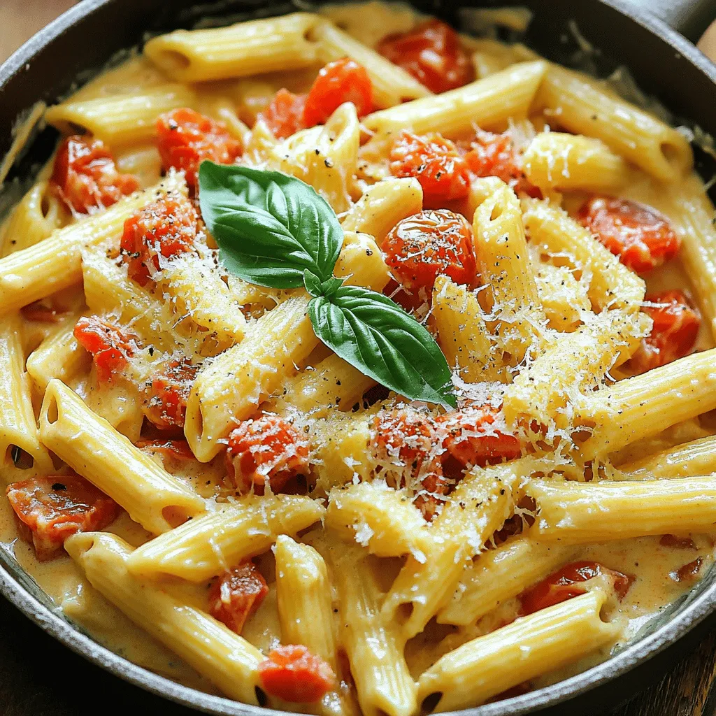 To make this tasty dish, you need some key items: - 12 oz (340g) penne pasta - 2 tablespoons olive oil - 4 cloves garlic, minced - 1 medium onion, finely chopped - 1 can (14 oz) diced tomatoes, with juices - 2 cups vegetable broth - 1 cup heavy cream - 1 teaspoon dried basil - 1 teaspoon dried oregano - Salt and pepper to taste - 1 cup freshly grated Parmesan cheese - Fresh basil leaves, for garnish These ingredients create a creamy, rich sauce that coats the pasta perfectly. To boost the flavor, consider adding: - Red pepper flakes for a kick - Spinach or kale for greens - Mushrooms for an earthy taste - Lemon zest for brightness These extras can make your dish even more exciting and delicious. If you don’t have an ingredient, you can swap it out. Here are some ideas: - Use whole wheat or gluten-free pasta instead of penne. - Swap heavy cream for coconut milk for a dairy-free option. - Replace Parmesan with nutritional yeast for a vegan choice. Make sure to taste as you go. Adjust the spices and cream to fit your taste. For the full recipe, check out the complete guide. Start by gathering all your ingredients. You need: - 12 oz (340g) penne pasta - 2 tablespoons olive oil - 4 cloves garlic, minced - 1 medium onion, finely chopped - 1 can (14 oz) diced tomatoes, with juices - 2 cups vegetable broth - 1 cup heavy cream - 1 teaspoon dried basil - 1 teaspoon dried oregano - Salt and pepper to taste - 1 cup freshly grated Parmesan cheese - Fresh basil leaves, for garnish Chop the onion and mince the garlic. This makes it easy to add them to the pan later. 1. Heat the olive oil in a large pan over medium heat. 2. Add the chopped onion and sauté for about 3-4 minutes until soft. 3. Stir in the minced garlic and cook for one more minute. 4. Pour in the can of diced tomatoes with their juices and the vegetable broth. 5. Add the penne pasta and bring everything to a gentle boil. 6. Reduce the heat to low, cover the pan, and let it simmer for 12-15 minutes. Stir it a few times. 7. Check the pasta. It should be just right, not too soft. 8. Stir in the heavy cream, dried basil, and oregano. Mix until creamy. 9. Add salt and pepper to taste. 10. Fold in the grated Parmesan cheese until it's melted. 11. Serve hot, garnished with fresh basil leaves and extra cheese if you like. To get the best pasta texture, remember these tips: - Use a large pan to give the pasta room to cook. - Stir occasionally to prevent sticking. - Make sure to check the pasta a minute or two before the timer goes off. - If the pasta absorbs too much liquid, add a bit more broth. This recipe is quick and easy. It’s perfect for a weeknight meal or a cozy dinner. For the full recipe, just refer to the earlier sections. Enjoy your cooking! When making One Pan Creamy Tomato Pasta, you might face some common errors. First, don’t rush the onion cooking. Sauté it until it's soft. This step builds a good base flavor. Secondly, avoid overcooking your pasta. It should be al dente, not mushy. Lastly, don’t skip seasoning. Taste as you go. A little salt or pepper can make a big difference. To boost the flavor, use fresh herbs. Fresh basil adds a bright taste. You can also add a splash of lemon juice for zest. A pinch of red pepper flakes gives a nice kick. If you want, try adding a little balsamic vinegar for depth. These small changes can elevate your dish. Using the right tools makes cooking easier. A large skillet works best for this recipe. It gives enough space for the pasta to cook evenly. A good wooden spoon helps stir without scratching the pan. If you have a lid, use it! Covering the pan speeds up cooking. Lastly, a cheese grater is key for fresh Parmesan. It melts nicely into the sauce. For the Full Recipe, check the previous section for all the details. {{image_2}} You can boost your One Pan Creamy Tomato Pasta by adding protein. Chicken is an easy choice. Just cut chicken breasts into small pieces. Cook them in the pan before adding the onions. Shrimp is another great option. Add peeled shrimp in the last few minutes of cooking. Tofu is perfect for a vegetarian twist. Use firm tofu, diced, and cook it until golden. This way, you add flavor and texture to your meal. If you want a vegetarian version, skip the meat but keep the flavor. Use vegetable broth and add more veggies like bell peppers or zucchini. For a vegan option, swap the heavy cream with coconut milk or cashew cream. Replace Parmesan cheese with nutritional yeast for that cheesy taste. These changes keep your dish rich and creamy while fitting your diet. You can make this dish shine with seasonal veggies. In spring, add asparagus or peas for a fresh taste. Summer is great for zucchini or cherry tomatoes to enhance flavor. Fall brings butternut squash or spinach that pair well with the sauce. In winter, think of roasted Brussels sprouts or kale. Adding these vegetables makes your meal colorful and healthy. To store your One Pan Creamy Tomato Pasta, let it cool first. Place it in an airtight container. This keeps it fresh. You can keep it in the fridge for up to three days. Make sure to seal the container well to avoid any odors. When you’re ready to enjoy the leftovers, reheat them on the stove. Place the pasta in a pan over low heat. Add a splash of vegetable broth or water. This helps to bring back the creaminess. Stir often until it’s heated through. You can also use a microwave. Just heat it in a safe dish and cover it. Heat in short bursts, stirring in between. If you want to save some for later, freezing is a great option. First, cool the pasta completely. Then, scoop it into freezer-safe bags or containers. Label them with the date, so you remember when you made it. It can last in the freezer for about three months. To thaw, place the frozen pasta in the fridge overnight. Reheat it gently as mentioned above. This will keep the flavors intact for your future meals. Yes, you can use many types of pasta for this dish. Bowtie, fusilli, or even spaghetti work well. Just check the cooking time on the package. Adjust the cooking time if needed. A shorter pasta may cook faster, while a thicker one might need more time. The key is to cook it until it's al dente. This means it should be firm, not mushy. To make this dish dairy-free, swap the heavy cream for coconut milk or cashew cream. You can also use dairy-free cheese for a cheesy flavor. Look for plant-based options that melt well. Use nutritional yeast for a cheesy taste without dairy. You’ll still get a rich, creamy texture that tastes great! This dish pairs well with many sides. A simple green salad adds freshness. Garlic bread is great for dipping, too. You can also serve it with steamed vegetables for a colorful plate. If you want more protein, grilled chicken or shrimp works nicely. Check out the Full Recipe for more ideas! This blog covered all you need for One Pan Creamy Tomato Pasta. We explored key ingredients, easy steps, and tips for perfect results. You learned how to avoid common mistakes and customize your dish. With storage tips, your leftovers will stay fresh for later. Whether you crave meat or want vegetarian options, this dish works for you. My final thought: enjoy making this meal, and share it with loved ones for a simple, tasty treat.