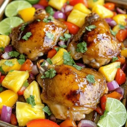 - 4 boneless, skinless chicken thighs - 1 cup fresh pineapple chunks - 1 red bell pepper, sliced - 1 yellow bell pepper, sliced - 1 red onion, cut into wedges - 2 tablespoons soy sauce - 2 tablespoons honey - 1 tablespoon sesame oil - 2 cloves garlic, minced - 1-inch piece ginger, grated - 1 teaspoon ground black pepper - ½ teaspoon salt - Fresh cilantro, chopped (for garnish) - Lime wedges (for serving) For this Sheet Pan Hawaiian Chicken recipe, you will use simple and fresh ingredients. Each component adds to the big taste. First, the chicken thighs are juicy and tender. They soak up the delicious marinade well. Next, the fresh pineapple gives a sweet twist. The bell peppers add color and crunch. Finally, the red onion brings a mild flavor that rounds out the dish. The marinade is key. It combines soy sauce, honey, and sesame oil for a rich taste. Garlic and ginger add depth. The black pepper and salt help to enhance the flavors. Together, they create a perfect blend to soak into the chicken and veggies. For serving, I love to sprinkle fresh cilantro on top. It adds a pop of color and freshness. Lime wedges are a must for a zesty kick. They brighten the dish and balance the sweetness. This combination makes each bite exciting and full of flavor. You can find the full recipe [Full Recipe]. - Preheat the oven to 425°F (220°C). - Prepare the marinade by whisking together the soy sauce, honey, sesame oil, garlic, ginger, black pepper, and salt. Start by preheating your oven. A hot oven helps cook the chicken evenly. Next, make the marinade. This mix of flavors makes the chicken tasty and juicy. - Marinate the chicken thighs in half of the marinade for at least 20 minutes. Now, take your chicken thighs and put them in a bowl or bag. Pour half of the marinade over the chicken. Make sure every piece is well coated. This step is key for flavor. Let the chicken sit for at least 20 minutes. You can also let it sit longer for even more taste. - Combine pineapple, bell peppers, and onion with remaining marinade. - Line a baking sheet with parchment paper and arrange chicken and vegetables. While the chicken marinates, chop the vegetables. Mix the pineapple, bell peppers, and onion in a bowl. Pour the rest of the marinade over these veggies and stir well. Take a baking sheet and line it with parchment paper. This makes cleanup easy. Place the marinated chicken in the center and surround it with the vegetable mix. - Bake for 25-30 minutes until chicken is cooked through. - Optional broiling for crispiness. Now it’s time to bake! Put the sheet pan in the oven and let it cook for 25 to 30 minutes. The chicken should reach 165°F (75°C) inside. If you want a crispy finish, turn on the broiler for the last 2 to 3 minutes. Keep an eye on it to avoid burning. This simple method gives you a colorful, tasty dish. For the full recipe, you can refer to the recipe section above. For best flavor, marinate your chicken for at least 20 minutes. If you have time, try marinating for up to 2 hours. This allows the chicken to soak up all those tasty flavors. Use a resealable bag or a shallow dish for easy marinating. Make sure the chicken is well coated in the marinade. This will bring out the sweet and savory notes in your dish. To check if your chicken is done, use a meat thermometer. Insert it into the thickest part of the chicken. The internal temperature should reach 165°F (75°C). This ensures your chicken is safe to eat and juicy. Avoid cutting into the chicken to check, as this lets the juices escape. Pair your Sheet Pan Hawaiian Chicken with rice or quinoa. These sides soak up the delicious juices. You can also add a fresh salad to the meal for crunch. Consider serving with lime wedges for a zesty finish. Fresh cilantro on top adds color and flavor. For the full recipe, refer back to the earlier section. {{image_2}} You can have fun with ingredient swaps. For a vibrant touch, try using different vegetables. Broccoli and zucchini work well. They add color and crunch. You can also swap chicken thighs for chicken breasts. If you want a vegetarian option, use tofu instead. Tofu absorbs flavors nicely, making it a great choice. Each swap can change the dish's taste and texture. Exploring different sauces can elevate your meal. Try teriyaki sauce for a sweet twist. You could also use a spicy chili sauce for heat. Don't forget a tangy barbecue sauce for a smoky flavor. Each sauce brings its own character to the dish. Mix and match to find your favorite. For those with dietary needs, there are easy swaps. Use gluten-free soy sauce instead of regular soy sauce. It keeps the dish safe for gluten-sensitive diets. You can also make it low-sugar. Try using a sugar substitute in the marinade. For low-carb options, serve with cauliflower rice instead of traditional rice. These changes let everyone enjoy this tasty meal. To keep your Sheet Pan Hawaiian Chicken fresh, store it in an airtight container. Let it cool at room temperature for 30 minutes before sealing. You can refrigerate it for up to three days. For longer storage, freeze it in a freezer-safe container. This dish freezes well and retains its flavor. When you want to enjoy the leftovers, reheat them gently. The best way is to use an oven preheated to 350°F (175°C). Place the chicken and veggies on a baking sheet. Heat for about 15-20 minutes until warmed through. You can also use a microwave, but be careful not to overcook, as this can make the chicken tough. In the fridge, your leftovers will last for about three days. If you freeze them, they can stay fresh for about three months. Just remember to label your containers with the date. This way, you can enjoy your tasty meal later without worry. Yes, you can prepare this dish ahead of time. You can marinate the chicken for up to two hours in the fridge. This will boost the flavor. You can also pre-assemble the dish. Just store the chicken and vegetables in the fridge until you are ready to cook. This makes dinner quick and easy. This meal pairs well with many sides. Rice is a great option. You can use white rice, brown rice, or jasmine rice. Quinoa is also a healthy choice. For a fresh touch, serve a side salad with greens and a light dressing. You can also add some crusty bread for a fun twist. Yes, you can change the spice level to suit your taste. If you like it mild, stick to the recipe. For some heat, add red pepper flakes or a dash of hot sauce to the marinade. You can also use spicy soy sauce. Just add a little at a time until it’s right for you. Check the chicken’s internal temperature to ensure it is safe to eat. The chicken should reach 165°F (75°C). Use a meat thermometer for accuracy. If you don’t have one, cut into the thickest part of the chicken. It should be white and no longer pink. Always make sure to check for safety. This recipe is a tasty way to enjoy chicken and vegetables. We covered the key ingredients like chicken thighs and fresh pineapple. The step-by-step guide simplifies cooking and marination. You learned tips for perfect flavor and doneness. Feel free to adapt the recipe with different vegetables or sauces. With a few easy changes, you can make it your own. Store leftovers properly and enjoy them later. Now, you have everything you need to make this dish a hit. Enjoy cooking!
