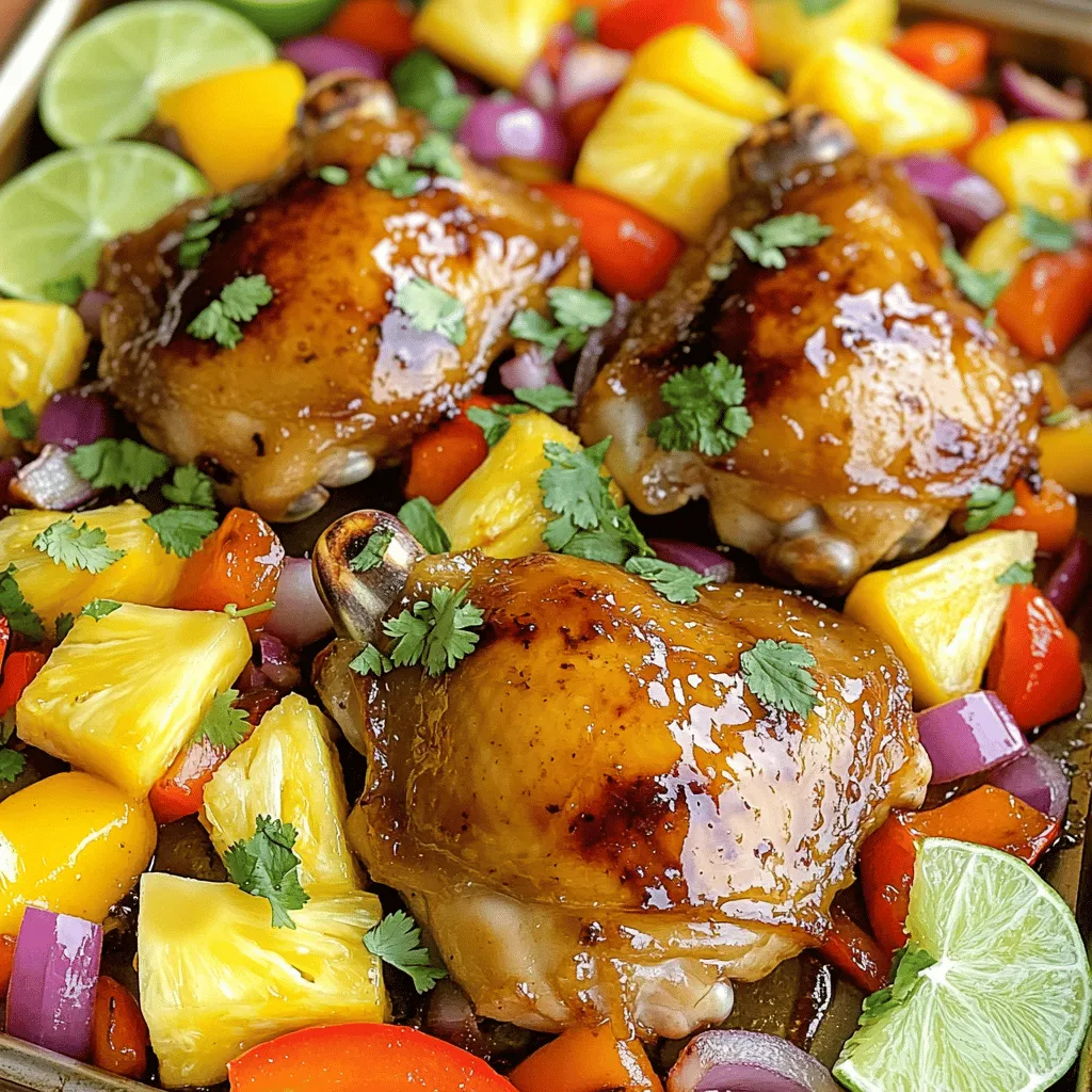 - 4 boneless, skinless chicken thighs - 1 cup fresh pineapple chunks - 1 red bell pepper, sliced - 1 yellow bell pepper, sliced - 1 red onion, cut into wedges - 2 tablespoons soy sauce - 2 tablespoons honey - 1 tablespoon sesame oil - 2 cloves garlic, minced - 1-inch piece ginger, grated - 1 teaspoon ground black pepper - ½ teaspoon salt - Fresh cilantro, chopped (for garnish) - Lime wedges (for serving) For this Sheet Pan Hawaiian Chicken recipe, you will use simple and fresh ingredients. Each component adds to the big taste. First, the chicken thighs are juicy and tender. They soak up the delicious marinade well. Next, the fresh pineapple gives a sweet twist. The bell peppers add color and crunch. Finally, the red onion brings a mild flavor that rounds out the dish. The marinade is key. It combines soy sauce, honey, and sesame oil for a rich taste. Garlic and ginger add depth. The black pepper and salt help to enhance the flavors. Together, they create a perfect blend to soak into the chicken and veggies. For serving, I love to sprinkle fresh cilantro on top. It adds a pop of color and freshness. Lime wedges are a must for a zesty kick. They brighten the dish and balance the sweetness. This combination makes each bite exciting and full of flavor. You can find the full recipe [Full Recipe]. - Preheat the oven to 425°F (220°C). - Prepare the marinade by whisking together the soy sauce, honey, sesame oil, garlic, ginger, black pepper, and salt. Start by preheating your oven. A hot oven helps cook the chicken evenly. Next, make the marinade. This mix of flavors makes the chicken tasty and juicy. - Marinate the chicken thighs in half of the marinade for at least 20 minutes. Now, take your chicken thighs and put them in a bowl or bag. Pour half of the marinade over the chicken. Make sure every piece is well coated. This step is key for flavor. Let the chicken sit for at least 20 minutes. You can also let it sit longer for even more taste. - Combine pineapple, bell peppers, and onion with remaining marinade. - Line a baking sheet with parchment paper and arrange chicken and vegetables. While the chicken marinates, chop the vegetables. Mix the pineapple, bell peppers, and onion in a bowl. Pour the rest of the marinade over these veggies and stir well. Take a baking sheet and line it with parchment paper. This makes cleanup easy. Place the marinated chicken in the center and surround it with the vegetable mix. - Bake for 25-30 minutes until chicken is cooked through. - Optional broiling for crispiness. Now it’s time to bake! Put the sheet pan in the oven and let it cook for 25 to 30 minutes. The chicken should reach 165°F (75°C) inside. If you want a crispy finish, turn on the broiler for the last 2 to 3 minutes. Keep an eye on it to avoid burning. This simple method gives you a colorful, tasty dish. For the full recipe, you can refer to the recipe section above. For best flavor, marinate your chicken for at least 20 minutes. If you have time, try marinating for up to 2 hours. This allows the chicken to soak up all those tasty flavors. Use a resealable bag or a shallow dish for easy marinating. Make sure the chicken is well coated in the marinade. This will bring out the sweet and savory notes in your dish. To check if your chicken is done, use a meat thermometer. Insert it into the thickest part of the chicken. The internal temperature should reach 165°F (75°C). This ensures your chicken is safe to eat and juicy. Avoid cutting into the chicken to check, as this lets the juices escape. Pair your Sheet Pan Hawaiian Chicken with rice or quinoa. These sides soak up the delicious juices. You can also add a fresh salad to the meal for crunch. Consider serving with lime wedges for a zesty finish. Fresh cilantro on top adds color and flavor. For the full recipe, refer back to the earlier section. {{image_2}} You can have fun with ingredient swaps. For a vibrant touch, try using different vegetables. Broccoli and zucchini work well. They add color and crunch. You can also swap chicken thighs for chicken breasts. If you want a vegetarian option, use tofu instead. Tofu absorbs flavors nicely, making it a great choice. Each swap can change the dish's taste and texture. Exploring different sauces can elevate your meal. Try teriyaki sauce for a sweet twist. You could also use a spicy chili sauce for heat. Don't forget a tangy barbecue sauce for a smoky flavor. Each sauce brings its own character to the dish. Mix and match to find your favorite. For those with dietary needs, there are easy swaps. Use gluten-free soy sauce instead of regular soy sauce. It keeps the dish safe for gluten-sensitive diets. You can also make it low-sugar. Try using a sugar substitute in the marinade. For low-carb options, serve with cauliflower rice instead of traditional rice. These changes let everyone enjoy this tasty meal. To keep your Sheet Pan Hawaiian Chicken fresh, store it in an airtight container. Let it cool at room temperature for 30 minutes before sealing. You can refrigerate it for up to three days. For longer storage, freeze it in a freezer-safe container. This dish freezes well and retains its flavor. When you want to enjoy the leftovers, reheat them gently. The best way is to use an oven preheated to 350°F (175°C). Place the chicken and veggies on a baking sheet. Heat for about 15-20 minutes until warmed through. You can also use a microwave, but be careful not to overcook, as this can make the chicken tough. In the fridge, your leftovers will last for about three days. If you freeze them, they can stay fresh for about three months. Just remember to label your containers with the date. This way, you can enjoy your tasty meal later without worry. Yes, you can prepare this dish ahead of time. You can marinate the chicken for up to two hours in the fridge. This will boost the flavor. You can also pre-assemble the dish. Just store the chicken and vegetables in the fridge until you are ready to cook. This makes dinner quick and easy. This meal pairs well with many sides. Rice is a great option. You can use white rice, brown rice, or jasmine rice. Quinoa is also a healthy choice. For a fresh touch, serve a side salad with greens and a light dressing. You can also add some crusty bread for a fun twist. Yes, you can change the spice level to suit your taste. If you like it mild, stick to the recipe. For some heat, add red pepper flakes or a dash of hot sauce to the marinade. You can also use spicy soy sauce. Just add a little at a time until it’s right for you. Check the chicken’s internal temperature to ensure it is safe to eat. The chicken should reach 165°F (75°C). Use a meat thermometer for accuracy. If you don’t have one, cut into the thickest part of the chicken. It should be white and no longer pink. Always make sure to check for safety. This recipe is a tasty way to enjoy chicken and vegetables. We covered the key ingredients like chicken thighs and fresh pineapple. The step-by-step guide simplifies cooking and marination. You learned tips for perfect flavor and doneness. Feel free to adapt the recipe with different vegetables or sauces. With a few easy changes, you can make it your own. Store leftovers properly and enjoy them later. Now, you have everything you need to make this dish a hit. Enjoy cooking!