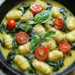 To make this dish, gather the following ingredients: - 1 package (16 oz) gnocchi (store-bought, typically found in the pasta section) - 2 cups fresh spinach, roughly chopped - 1 cup cherry tomatoes, halved - 1 cup vegetable broth - 2 tablespoons olive oil - 3 cloves garlic, minced - 1 teaspoon red pepper flakes (adjust to taste) - 1/2 cup grated Parmesan cheese (plus more for serving) - Salt and pepper to taste - Fresh basil leaves for garnish (optional) You can switch out some ingredients if you want. Here are a few ideas: - Use kale or arugula in place of spinach for a different flavor. - Swap cherry tomatoes for diced bell peppers or zucchini. - If you prefer, use chicken broth instead of vegetable broth. - For a vegan option, use nutritional yeast instead of Parmesan cheese. When picking fresh ingredients, look for these tips: - Choose spinach that is vibrant green and crisp. Avoid wilted or yellow leaves. - Select firm, shiny cherry tomatoes, with no blemishes or wrinkles. - When buying garlic, choose heads that are heavy and dry. Fresh garlic has a strong smell. - For olive oil, go for extra virgin for the best flavor. Check the label for freshness dates. This quick list will help you create a delicious meal with the right ingredients. For the full recipe, check out the details above. This dish is quick and easy. You can make it in just 20 minutes. First, gather all your ingredients. You will need gnocchi, spinach, cherry tomatoes, and more. It all comes together in one pan, making cleanup simple. 1. Heat the olive oil in a large skillet on medium heat. When it’s hot, add minced garlic and red pepper flakes. Sauté for about 30 seconds. You want the garlic to be fragrant. 2. Next, throw in the halved cherry tomatoes. Cook them for 3 to 4 minutes. Stir them now and then until they soften. This step builds flavor in your dish. 3. Now, pour in the vegetable broth. Bring it to a simmer. Add the gnocchi next. Stir gently to mix it all together. Cook for 2 to 3 minutes. Watch for the gnocchi to float; this means they’re ready. 4. Once the gnocchi floats, lower the heat. Add the chopped spinach to the skillet. Stir it in and let it wilt for about 1 to 2 minutes. Keep stirring to mix everything well. 5. It’s time to add the grated Parmesan cheese. Mix it in until it melts. This will create a creamy sauce. Season with salt and pepper to your liking. 6. Remove the skillet from heat. Let the dish sit for a minute to thicken slightly. 7. Serve it hot. You can garnish with more Parmesan and fresh basil if you like. - When sautéing garlic, watch it closely. Garlic can burn quickly, which makes it bitter. - Stirring the tomatoes helps them cook evenly. This keeps them juicy and sweet. - Use a wooden spoon or spatula when stirring the gnocchi. This prevents them from breaking. - Adding spinach last keeps it bright and fresh. Overcooking can make it mushy. - Letting it sit after cooking helps the sauce thicken. This makes it creamier and richer. For the full recipe, check the details above. Now you’re ready to enjoy your delightful meal! To boost the taste of your dish, use fresh garlic. Fresh garlic gives a strong, rich flavor. You can also add a squeeze of lemon juice. This brightens the dish and adds a nice zing. Consider using fresh herbs like basil or parsley. They add a fresh touch and make your meal more vibrant. When you cook gnocchi, pay attention to the water. It should be at a gentle simmer. If the water is boiling hard, the gnocchi can break apart. Stir gently to avoid sticking. Look for the gnocchi to float. This shows they are ready to eat. Once they float, let them cook just a bit longer. This gives you a nice, chewy texture. One common mistake is overcooking the gnocchi. This can make them mushy and lose their shape. Watch the time closely when they start to float. Another pitfall is not using enough salt. Salt is key to brightening the flavors in your dish. Be sure to taste as you go. This helps you adjust the seasonings just right. For the best results, follow the Full Recipe closely. {{image_2}} You can change up the flavors by adding various vegetables. For a crunchy bite, add bell peppers or zucchini. If you like a bit of sweetness, try adding corn or peas. Mushrooms bring an earthy taste and pair well with spinach. Carrots or kale can also add color and nutrition. Just chop them small so they cook quickly. Adding protein makes the dish heartier. You can toss in cooked chicken or shrimp for a boost. For a vegetarian option, try white beans or chickpeas. Both add protein and fiber. If you're in the mood for something different, add crumbled sausage or bacon. These options all mix well with the gnocchi and add depth to the flavor. You can easily adapt this recipe for different diets. To make it vegan, skip the cheese or use a dairy-free alternative. There are many good vegan cheeses on the market today. For gluten-free, choose gluten-free gnocchi, which is often made from rice or potatoes. Check the labels to ensure your broth is gluten-free too. These adjustments keep the dish delicious and friendly for everyone. For the full recipe, check the section above. To keep your spinach gnocchi fresh, store it in an airtight container. Make sure it cools before sealing to avoid steam inside. Place it in the fridge. It will stay good for about 3 days. If you want to enjoy it later, freezing works too. When you’re ready to eat, reheat the gnocchi on the stove. Add a splash of vegetable broth or water in a skillet. This helps keep it moist. Heat over medium heat, stirring gently until hot. You can also use the microwave. Just cover it with a damp paper towel to avoid drying out. If you plan to freeze the dish, place it in a freezer-safe container. It lasts up to 3 months in the freezer. To reheat, let it thaw in the fridge overnight. Then, use the stovetop method to heat it. This preserves its taste and texture. Yes, you can use frozen gnocchi. Just add them directly to your skillet. There’s no need to thaw them first. They will cook quickly in the vegetable broth. Follow the same cooking time as fresh gnocchi. The taste and texture will still be good. To serve more people, simply double the ingredients. Keep the same cooking steps. Use a larger skillet if needed. This will help you cook everything evenly. You can also add more broth if the sauce looks too thick. You can pair your gnocchi with a fresh salad. A simple side of garlic bread works well too. If you want a protein, grilled chicken or shrimp are great choices. This makes your meal more filling and colorful. Leftover spinach gnocchi can last in the fridge for 3 days. Store it in an airtight container. For best taste, eat it within this time. You can also freeze it for up to 2 months. Just make sure to reheat it well before eating. Yes, you can make it vegan. Just swap the Parmesan cheese for a plant-based option. Also, use vegetable broth to keep it vegan-friendly. This way, everyone can enjoy this delightful meal! Basil and parsley work well with this dish. Fresh herbs add flavor and a nice touch. You can also try thyme or oregano for a different taste. Add them at the end for the best flavor. Gnocchi is done when it floats to the top of the skillet. This takes about 2-3 minutes after adding it. If you want, taste one to check the texture. It should be soft but not mushy. Absolutely! You can add bell peppers, zucchini, or mushrooms. Just chop them small and add them with the tomatoes. This adds more color and flavor to your meal. Reheat gnocchi on the stove over low heat. Add a splash of broth or water to prevent sticking. Stir gently until heated through. You can also use a microwave, but the stove keeps it more flavorful. For the full recipe, check out the [Full Recipe]. In this post, we covered key ingredients, step-by-step cooking, and handy tips. You learned about flavor enhancements, variations, and storage methods. These insights will make your gnocchi cooking easier and more enjoyable. Follow the instructions to create a delicious dish everyone will love. Remember, use fresh ingredients for the best flavor and have fun experimenting with different options! Enjoy your cooking journey!