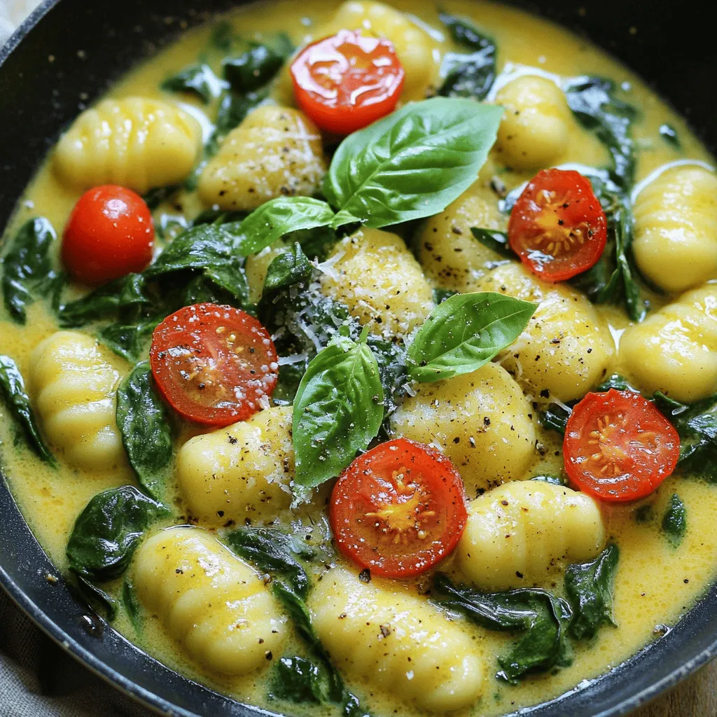 To make this dish, gather the following ingredients: - 1 package (16 oz) gnocchi (store-bought, typically found in the pasta section) - 2 cups fresh spinach, roughly chopped - 1 cup cherry tomatoes, halved - 1 cup vegetable broth - 2 tablespoons olive oil - 3 cloves garlic, minced - 1 teaspoon red pepper flakes (adjust to taste) - 1/2 cup grated Parmesan cheese (plus more for serving) - Salt and pepper to taste - Fresh basil leaves for garnish (optional) You can switch out some ingredients if you want. Here are a few ideas: - Use kale or arugula in place of spinach for a different flavor. - Swap cherry tomatoes for diced bell peppers or zucchini. - If you prefer, use chicken broth instead of vegetable broth. - For a vegan option, use nutritional yeast instead of Parmesan cheese. When picking fresh ingredients, look for these tips: - Choose spinach that is vibrant green and crisp. Avoid wilted or yellow leaves. - Select firm, shiny cherry tomatoes, with no blemishes or wrinkles. - When buying garlic, choose heads that are heavy and dry. Fresh garlic has a strong smell. - For olive oil, go for extra virgin for the best flavor. Check the label for freshness dates. This quick list will help you create a delicious meal with the right ingredients. For the full recipe, check out the details above. This dish is quick and easy. You can make it in just 20 minutes. First, gather all your ingredients. You will need gnocchi, spinach, cherry tomatoes, and more. It all comes together in one pan, making cleanup simple. 1. Heat the olive oil in a large skillet on medium heat. When it’s hot, add minced garlic and red pepper flakes. Sauté for about 30 seconds. You want the garlic to be fragrant. 2. Next, throw in the halved cherry tomatoes. Cook them for 3 to 4 minutes. Stir them now and then until they soften. This step builds flavor in your dish. 3. Now, pour in the vegetable broth. Bring it to a simmer. Add the gnocchi next. Stir gently to mix it all together. Cook for 2 to 3 minutes. Watch for the gnocchi to float; this means they’re ready. 4. Once the gnocchi floats, lower the heat. Add the chopped spinach to the skillet. Stir it in and let it wilt for about 1 to 2 minutes. Keep stirring to mix everything well. 5. It’s time to add the grated Parmesan cheese. Mix it in until it melts. This will create a creamy sauce. Season with salt and pepper to your liking. 6. Remove the skillet from heat. Let the dish sit for a minute to thicken slightly. 7. Serve it hot. You can garnish with more Parmesan and fresh basil if you like. - When sautéing garlic, watch it closely. Garlic can burn quickly, which makes it bitter. - Stirring the tomatoes helps them cook evenly. This keeps them juicy and sweet. - Use a wooden spoon or spatula when stirring the gnocchi. This prevents them from breaking. - Adding spinach last keeps it bright and fresh. Overcooking can make it mushy. - Letting it sit after cooking helps the sauce thicken. This makes it creamier and richer. For the full recipe, check the details above. Now you’re ready to enjoy your delightful meal! To boost the taste of your dish, use fresh garlic. Fresh garlic gives a strong, rich flavor. You can also add a squeeze of lemon juice. This brightens the dish and adds a nice zing. Consider using fresh herbs like basil or parsley. They add a fresh touch and make your meal more vibrant. When you cook gnocchi, pay attention to the water. It should be at a gentle simmer. If the water is boiling hard, the gnocchi can break apart. Stir gently to avoid sticking. Look for the gnocchi to float. This shows they are ready to eat. Once they float, let them cook just a bit longer. This gives you a nice, chewy texture. One common mistake is overcooking the gnocchi. This can make them mushy and lose their shape. Watch the time closely when they start to float. Another pitfall is not using enough salt. Salt is key to brightening the flavors in your dish. Be sure to taste as you go. This helps you adjust the seasonings just right. For the best results, follow the Full Recipe closely. {{image_2}} You can change up the flavors by adding various vegetables. For a crunchy bite, add bell peppers or zucchini. If you like a bit of sweetness, try adding corn or peas. Mushrooms bring an earthy taste and pair well with spinach. Carrots or kale can also add color and nutrition. Just chop them small so they cook quickly. Adding protein makes the dish heartier. You can toss in cooked chicken or shrimp for a boost. For a vegetarian option, try white beans or chickpeas. Both add protein and fiber. If you're in the mood for something different, add crumbled sausage or bacon. These options all mix well with the gnocchi and add depth to the flavor. You can easily adapt this recipe for different diets. To make it vegan, skip the cheese or use a dairy-free alternative. There are many good vegan cheeses on the market today. For gluten-free, choose gluten-free gnocchi, which is often made from rice or potatoes. Check the labels to ensure your broth is gluten-free too. These adjustments keep the dish delicious and friendly for everyone. For the full recipe, check the section above. To keep your spinach gnocchi fresh, store it in an airtight container. Make sure it cools before sealing to avoid steam inside. Place it in the fridge. It will stay good for about 3 days. If you want to enjoy it later, freezing works too. When you’re ready to eat, reheat the gnocchi on the stove. Add a splash of vegetable broth or water in a skillet. This helps keep it moist. Heat over medium heat, stirring gently until hot. You can also use the microwave. Just cover it with a damp paper towel to avoid drying out. If you plan to freeze the dish, place it in a freezer-safe container. It lasts up to 3 months in the freezer. To reheat, let it thaw in the fridge overnight. Then, use the stovetop method to heat it. This preserves its taste and texture. Yes, you can use frozen gnocchi. Just add them directly to your skillet. There’s no need to thaw them first. They will cook quickly in the vegetable broth. Follow the same cooking time as fresh gnocchi. The taste and texture will still be good. To serve more people, simply double the ingredients. Keep the same cooking steps. Use a larger skillet if needed. This will help you cook everything evenly. You can also add more broth if the sauce looks too thick. You can pair your gnocchi with a fresh salad. A simple side of garlic bread works well too. If you want a protein, grilled chicken or shrimp are great choices. This makes your meal more filling and colorful. Leftover spinach gnocchi can last in the fridge for 3 days. Store it in an airtight container. For best taste, eat it within this time. You can also freeze it for up to 2 months. Just make sure to reheat it well before eating. Yes, you can make it vegan. Just swap the Parmesan cheese for a plant-based option. Also, use vegetable broth to keep it vegan-friendly. This way, everyone can enjoy this delightful meal! Basil and parsley work well with this dish. Fresh herbs add flavor and a nice touch. You can also try thyme or oregano for a different taste. Add them at the end for the best flavor. Gnocchi is done when it floats to the top of the skillet. This takes about 2-3 minutes after adding it. If you want, taste one to check the texture. It should be soft but not mushy. Absolutely! You can add bell peppers, zucchini, or mushrooms. Just chop them small and add them with the tomatoes. This adds more color and flavor to your meal. Reheat gnocchi on the stove over low heat. Add a splash of broth or water to prevent sticking. Stir gently until heated through. You can also use a microwave, but the stove keeps it more flavorful. For the full recipe, check out the [Full Recipe]. In this post, we covered key ingredients, step-by-step cooking, and handy tips. You learned about flavor enhancements, variations, and storage methods. These insights will make your gnocchi cooking easier and more enjoyable. Follow the instructions to create a delicious dish everyone will love. Remember, use fresh ingredients for the best flavor and have fun experimenting with different options! Enjoy your cooking journey!