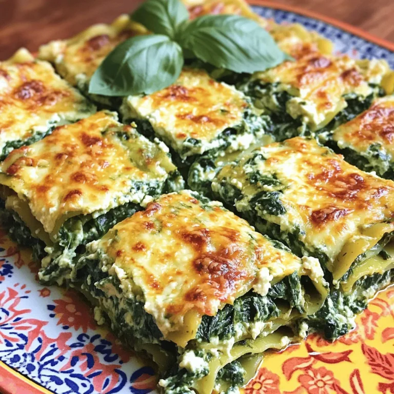 - 9 lasagna noodles - 2 cups ricotta cheese - 1 large egg - 3 cups fresh spinach, chopped - 1 cup mozzarella cheese, shredded - 1/2 cup Parmesan cheese, grated - 3 cups marinara sauce - 1 teaspoon dried oregano - 1/2 teaspoon black pepper - Salt to taste - Olive oil, for sautéing You can swap ricotta cheese with cottage cheese for a lighter option. If you want a vegan version, try tofu blended with a bit of lemon juice. For cheese, use a mix of gouda or fontina for a different flavor. Each cheese gives a unique taste to the lasagna. I love using fresh spinach because it adds vibrant color and flavor. Fresh spinach is also packed with nutrients. If you use frozen spinach, make sure to thaw it first. Squeeze out excess water after thawing. This step keeps your lasagna from being too watery. First, preheat your oven to 375°F (190°C). This step helps cook the lasagna evenly. While the oven warms up, prepare your baking dish. A 9x13 inch pan works great. Next, cook the lasagna noodles according to the package. Aim for al dente, so they hold up well. Drain the noodles and lay them flat on a clean kitchen towel. This keeps them from sticking together. To get perfectly sautéed spinach, heat a drizzle of olive oil in a skillet over medium heat. Add the chopped spinach. Sauté it for about 3-4 minutes until it wilts. Stir gently to avoid burning. Once it’s ready, remove it from the heat and let it cool. Cooling the spinach is key. It prevents the ricotta from getting too runny when mixed. Now it’s time to layer the lasagna. Start by spreading a thin layer of marinara sauce on the bottom of your baking dish. Place 3 lasagna noodles over the sauce. Next, spread half of the ricotta-spinach mixture over the noodles. Then, add 1 cup of marinara sauce and half of the mozzarella cheese. Repeat this process with another set of noodles and fillings. Finish with the last 3 noodles on top, cover with marinara sauce and sprinkle Parmesan cheese. This order helps each layer shine. Proper sauce distribution ensures a moist, flavorful dish. For the full recipe, check [Full Recipe]. To prevent your lasagna from becoming watery, avoid over-saucing. Use just enough marinara sauce to keep everything moist. Also, make sure to drain your spinach well after cooking. This keeps extra moisture from ruining your layers. For the best cheese melt, bake your lasagna at 375°F for 25 minutes covered, then 15 minutes uncovered. This technique helps the cheese get bubbly and golden without burning. Letting it rest before serving also helps the layers hold together. Pair your lasagna with a fresh side salad. A simple mix of greens, tomatoes, and a light vinaigrette works well. Garlic bread is also a great choice. It complements the rich flavors of the dish. For wine, try a medium-bodied red like Chianti. It enhances the flavors of the cheese and sauce. If you prefer white wine, a crisp Pinot Grigio also pairs nicely. For an attractive presentation, cut the lasagna into neat squares. Serve on a colorful plate to make the dish pop. A sprinkle of fresh basil on top adds a bright touch. When plating, use a spatula to lift each piece carefully. This keeps the layers intact and looks great on the plate. You can also drizzle a bit of marinara sauce around the edges for extra flair. {{image_2}} You can add ground meat for a heartier meal. Ground beef or turkey works well. Cook the meat in a pan until it's brown. Drain the fat before mixing it into the sauce. If you're looking for a meatless option, try using vegetarian meat alternatives. Products like lentils or plant-based crumbles add protein and flavor. They blend nicely with the spinach and cheese. To make a dairy-free version, swap out the ricotta. Use blended tofu or cashew cream instead. They create a creamy texture without the dairy. For a complete vegan meal, add vegetables like mushrooms or zucchini. Nutritional yeast can replace Parmesan for a cheesy flavor. This makes your lasagna both tasty and plant-based. If you need gluten-free noodles, try rice or chickpea pasta. They hold up well in baking. Make sure to check the labels for gluten-free certification. When it comes to sauce and cheese, look for gluten-free brands. Many major brands offer gluten-free options. This way, everyone can enjoy a delicious slice of lasagna. To keep your lasagna fresh, store it in an airtight container. Cover it tightly with plastic wrap or aluminum foil. This helps prevent the lasagna from drying out. You can also use a glass dish with a lid for easy storage. Leftovers last in the fridge for about 3 to 5 days. Always make sure to check for any signs of spoilage before eating. If you notice any bad smells or mold, it's best to throw it away. Freezing lasagna is easy. First, let it cool completely after baking. Then, cut it into portions for easy serving later. Wrap each piece tightly in plastic wrap, then in aluminum foil. This prevents freezer burn and keeps the flavor. When ready to eat, you can reheat frozen lasagna. Place it in the fridge overnight to thaw. For best results, heat it in the oven at 375°F. Cover the dish with foil to keep it moist. Bake for about 25 minutes, then remove the foil for another 10 minutes. This warms it through and gives a nice golden top. You can prep ingredients ahead of time for quick assembly. Cook the noodles and store them in a separate container. Keep the sauce and cheese in their own bowls too. Chop the spinach and store it in a sealed bag. For freshness, store each ingredient separately. This way, when you're ready to make your lasagna, you can put it together quickly. It's a great way to save time on busy days. For more tips on preparation, check the Full Recipe. How long to bake lasagna at 375°F? Bake your lasagna for 25 minutes covered with foil. Remove the foil and bake for 15 more minutes. This helps the cheese melt and turn golden. The total cooking time is about 40 minutes. Can you assemble lasagna ahead of time? Yes, you can! Assemble your lasagna, cover it tightly, and store it in the fridge. It can stay there for a day before baking. This makes dinner prep easy. Can I use no-boil noodles for this recipe? Absolutely! No-boil noodles work well in this recipe. They absorb moisture from the sauce while baking. This makes for a great texture. How much spinach should I use if substituting with frozen? If using frozen spinach, use about 1.5 cups. Make sure to thaw and drain it well. This way, it won’t make your lasagna watery. What is the secret to a layer lasagna? The secret is in the sauce. Spread a thin layer on the bottom first. Then, layer evenly with noodles, filling, and sauce. This keeps everything from sliding around. How can I make my lasagna spicy? Add red pepper flakes to the marinara sauce for some heat. You can also use spicy sausage instead of ground beef. Both options add great flavor. To wrap up, making lasagna can be simple and fun. You need basic ingredients like noodles, ricotta, and spinach. Remember to sauté your spinach well for flavor. Layering is key to a tasty dish. Use tips for cooking and serving to impress. Consider variations like meat, vegan options, or gluten-free noodles. Store leftovers properly to enjoy later. With these guidelines, you can make a delicious lasagna that satisfies every time. Happy cooking!