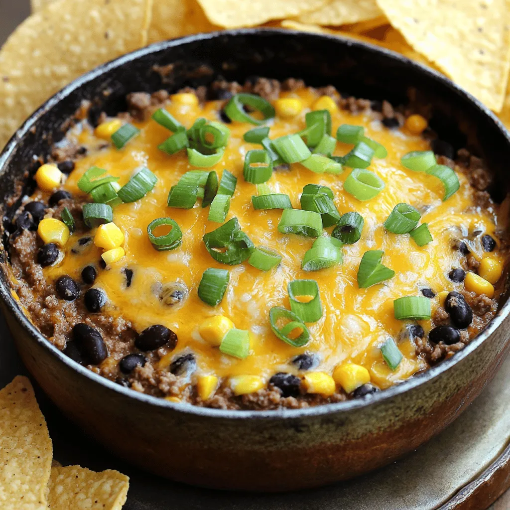 To make Meaty Texas Trash Dip, you need: - 1 pound ground beef - 1 can (15 oz) black beans, rinsed and drained - 1 can (11 oz) corn, drained - 1 can (10 oz) diced tomatoes with green chilies - 1 cup cream cheese, softened - 1 cup sour cream - 1 cup shredded cheddar cheese, plus extra for topping - 1 tablespoon taco seasoning - 1 tablespoon olive oil - ½ cup green onions, chopped - Tortilla chips for serving You can add your twist to this dip. Here are some ideas: - Jalapeños for heat - Bell peppers for crunch - Black olives for a salty touch - Additional spices like cumin or paprika - Fresh cilantro for a bright flavor You don’t have to stick to these ingredients if you want to swap them out. Here are some easy swaps: - Use turkey or chicken instead of beef for a leaner option. - Cream cheese can be replaced with Greek yogurt for a lighter dip. - Swap sour cream with a dairy-free alternative if you prefer it. - Use low-fat cheese to cut calories while still enjoying the flavor. These substitutions keep the dip tasty while fitting your needs. Enjoy creating your own version of this dip! For the full recipe, check out the complete instructions. To start, gather your ingredients. You will need ground beef, black beans, corn, diced tomatoes, cream cheese, sour cream, cheddar cheese, taco seasoning, olive oil, green onions, and tortilla chips. 1. First, heat the olive oil in a large skillet over medium heat. 2. Next, add the ground beef and cook until browned, about 5-7 minutes. Break it apart with a spatula as it cooks. 3. After browning, drain any excess fat from the skillet. 4. Now, stir in the taco seasoning to coat the beef evenly. 5. Add in the black beans, corn, and diced tomatoes, and mix well. Heat this mixture for about 3-4 minutes. 6. Lower the heat and add the softened cream cheese and sour cream. Stir until smooth. 7. Mix in the shredded cheddar cheese. Keep stirring until it melts and blends into the dip. 8. Remove from heat and sprinkle chopped green onions on top. You can add extra cheddar cheese for a nice touch. 9. Serve warm with tortilla chips for dipping, either in a serving dish or in the skillet. To get the best texture, use fresh cream cheese. Make sure it is softened to mix easily. Stir the beef mixture thoroughly to avoid lumps. When adding cheese, mix until it melts evenly. This will give your dip a smooth, creamy texture. Keep the heat low when combining the cream cheese and sour cream for a better blend. For a visual guide, check out cooking channels on platforms like YouTube. Look for videos on "Texas Trash Dip" for step-by-step visuals. You can also find helpful tips and tricks in these videos to enhance your cooking experience. If you want to follow along with the full recipe, refer to the recipe section above. To get the best flavor from your Meaty Texas Trash Dip, start with fresh ingredients. Use a good quality ground beef for a rich taste. Sauté the beef until it is nicely browned. This adds depth to the flavor. Don’t rush when mixing in the cream cheese and sour cream. Let them melt evenly for a smooth dip. Always taste your dip before serving. You can adjust the seasoning to suit your taste. One big mistake is not draining the canned ingredients well. Excess liquid can make your dip too runny. Another error is not cooking the meat fully. Undercooked meat can ruin the flavor and texture. Avoid overcooking the cheese. If you cook it too long, it can become rubbery. Lastly, don’t forget to garnish your dip. A sprinkle of green onions or extra cheese makes a big difference. Using a heavy skillet is key for even heating. A spatula helps break up the meat while cooking. A measuring cup ensures you add the right amounts of cream cheese and sour cream. If you have a slow cooker, it can keep your dip warm while serving. A good knife and cutting board make chopping green onions easy. For serving, a large bowl or a warm skillet adds a cozy touch. For the complete recipe, refer to the section above on Meaty Texas Trash Dip. {{image_2}} You can add heat to your Meaty Texas Trash Dip easily. Start by mixing in sliced jalapeños or diced serrano peppers. These add fresh spice. You can also use spicy taco seasoning instead of the regular kind. If you love heat, add a few dashes of hot sauce before serving. This gives the dip a nice kick that many will enjoy. If you want a meatless version, replace the ground beef with lentils or black soybeans. These options keep the dip hearty. You can also use vegan cream cheese and sour cream for a plant-based twist. This way, everyone can enjoy the dip, even those on a vegan diet. This dip goes well with various sides. The classic choice is tortilla chips, of course. You can also serve it with fresh veggies, like carrot sticks or bell pepper strips. For a fun twist, use soft taco shells for dipping. You can even turn this dip into a topping for baked potatoes or nachos. Each option offers a new way to enjoy this flavor-packed dish. For the full recipe, check out the details above. To keep your Meaty Texas Trash Dip fresh, store it in an airtight container. Let the dip cool to room temperature first. This helps prevent moisture buildup, which can make the dip soggy. Make sure to seal the container tightly. This keeps out air and bad smells from your fridge. When you want to enjoy the dip again, reheating is key. You can use a microwave or stovetop. If using a microwave, heat on medium power for 1-2 minutes. Stir halfway through to heat evenly. If using the stovetop, warm it in a skillet over low heat. Stir often to avoid burning. This keeps the dip creamy and tasty. In the fridge, your dip lasts about 3-5 days. If you want to keep it longer, you can freeze it. The dip can stay in the freezer for up to 3 months. When ready to eat, thaw it overnight in the fridge. Reheat as mentioned above to enjoy that rich taste again. For the full recipe, check out the Meaty Texas Trash Dip section. You can serve Meaty Texas Trash Dip with various items. Tortilla chips make a great choice. You can also use veggies like carrots or celery. Pretzels are fun too. If you want variety, try pita chips or crackers. For a hearty option, consider soft bread or mini tacos. Each choice adds a new twist. Yes, you can make this dip ahead of time. Prepare it and store it in the fridge. Just cover it well to keep it fresh. When ready to serve, heat it gently on the stove or in the microwave. Stir it well to mix the heat evenly. This dip tastes great even after a day or two. Just remember to reheat it until it's nice and warm. You can make Meaty Texas Trash Dip healthier with a few easy swaps. Use lean ground turkey or chicken instead of beef. Opt for low-fat cream cheese and sour cream. Add more beans or veggies for extra fiber and nutrients. You can even use Greek yogurt instead of sour cream for a protein boost. These changes will keep the flavor while making it a bit lighter. Meaty Texas Trash Dip is a fun and tasty dish. We covered its key ingredients, how to prepare it, and helpful tips to boost flavor. I shared variations for different tastes and simple storage tips to keep leftovers fresh. Remember, with a few swaps, you can make this dip suit your needs. Enjoy making your own version and impressing your guests! Happy dipping!