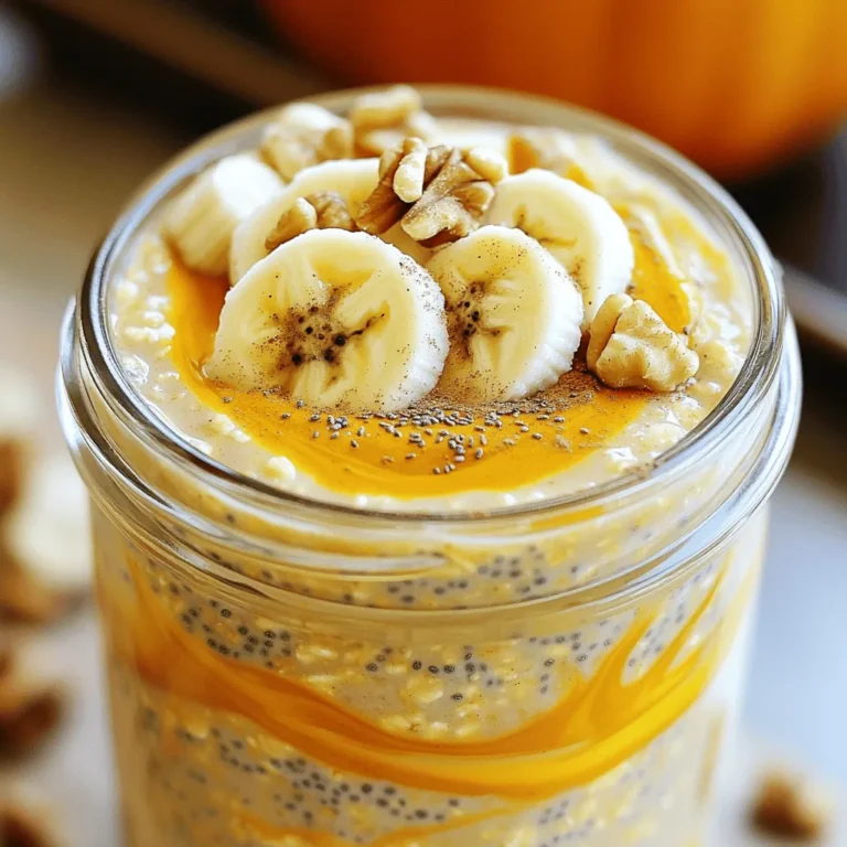 - 1 cup rolled oats - 1 cup almond milk (or milk of choice) - ½ cup pumpkin puree - 2 tablespoons maple syrup (or honey) - 1 teaspoon pumpkin pie spice - ½ teaspoon vanilla extract - ¼ teaspoon salt - 2 tablespoons chia seeds (optional, for extra texture) - Toppings: sliced bananas, walnuts, and a sprinkle of cinnamon To make this dish, gather your ingredients first. You will need rolled oats, almond milk, and pumpkin puree. These form the base of your oats. Next, grab maple syrup for sweetness. Pumpkin pie spice adds that fall flavor we love. A dash of vanilla extract brings warmth, while salt enhances all the tastes. Chia seeds are optional but add a nice bite. Finally, pick some toppings like bananas, walnuts, and cinnamon for extra flair. Using quality ingredients makes all the difference. Choose organic pumpkin puree if you can. It gives a rich flavor that elevates your oats. For the milk, almond milk is light and creamy, but any milk works well. Now you have everything ready for the delightful pumpkin spice overnight oats. Follow the full recipe to create this easy breakfast that is sure to impress! 1. In a medium bowl, combine 1 cup of rolled oats and 1 cup of almond milk. 2. Add ½ cup of pumpkin puree, 2 tablespoons of maple syrup, 1 teaspoon of pumpkin pie spice, ½ teaspoon of vanilla extract, and ¼ teaspoon of salt. 3. If you want extra texture, stir in 2 tablespoons of chia seeds. This adds nutrition and thickens the oats. 1. Transfer the mixture into airtight containers or individual jars. 2. Refrigerate the jars overnight. This lets the oats soak up the flavors and become creamy. 1. In the morning, stir the oats before serving. 2. If they are too thick, add a splash more almond milk. 3. Top with sliced bananas, walnuts, and a sprinkle of cinnamon for extra flavor and crunch. You can find the full recipe for Pumpkin Spice Overnight Oats in this guide. Enjoy each bite! To make your oats creamy, focus on the right liquid ratio. Use 1 cup of rolled oats with 1 cup of almond milk. This balance helps the oats absorb just the right amount of liquid. You can also add 2 tablespoons of chia seeds. Chia seeds swell in the liquid and create a thicker, creamier texture. They also bring extra nutrition, making your breakfast even better. Adding extra spices can elevate the flavor. Try cinnamon, nutmeg, or ginger. These spices add warmth and depth to your oats. You can also use different sweeteners like agave or brown sugar. For toppings, consider sliced bananas, walnuts, or even dried cranberries. These add great texture and taste to your dish. Making oats ahead saves time. Prepare a large batch to enjoy throughout the week. Store them in airtight containers for freshness. They can last up to five days in the fridge. Just remember to stir before eating. If the oats seem too thick, add a splash of almond milk to reach your desired consistency. Enjoy the ease of having breakfast ready every morning! {{image_2}} You can easily make pumpkin spice overnight oats dairy-free. Simply swap regular milk for any non-dairy milk. Great options include: - Almond milk - Coconut milk - Oat milk - Soy milk These alternatives keep the oats creamy without dairy. For sweetening, use vegan options like: - Maple syrup - Agave nectar - Brown rice syrup These choices add flavor and sweetness while keeping your oats plant-based. Pumpkin spice overnight oats are great for any season. You can switch ingredients based on what’s fresh. In fall, stick with pumpkin. In spring, try: - Mashed bananas - Fresh berries - Applesauce You can also change spices. Instead of pumpkin pie spice, use: - Cinnamon - Nutmeg - Cardamom This way, your oats stay exciting year-round. Serving pumpkin spice overnight oats can be fun. You can layer them as a parfait with yogurt or fruit. Here are some ideas: - Serve in clear jars to show layers. - Add granola for crunch. You can also blend the oats into smoothies. Just mix them with some extra liquid and ice. This makes a healthy, tasty drink. For complete details, check the [Full Recipe]. To store your pumpkin spice overnight oats, keep them in a clean, airtight container. This helps lock in freshness and flavor. In the fridge, they stay good for about 3 to 5 days. If you want to enjoy them longer, consider freezing. Yes, you can freeze overnight oats! This is a great way to save some for later. Make sure to use a freezer-safe container. Leave some space at the top, as the oats will expand when frozen. To thaw, move them to the fridge overnight. You can also use the microwave if you need them fast. If you prefer warm oats, reheating is easy. Use the microwave or a stovetop. For the microwave, heat in short bursts, stirring in between. On the stovetop, add a splash of milk and stir until warm. After reheating, adjust the consistency by adding a bit more milk if needed. Enjoy your delicious bowl of pumpkin spice overnight oats! Pumpkin spice overnight oats stay fresh for up to five days in the fridge. Store them in airtight containers to keep them tasty. I often make a batch on Sunday and enjoy it all week. Just remember to check for any changes in smell or texture before eating. Yes! To make these oats vegan, simply swap the honey for maple syrup. You can also use almond milk or any plant-based milk. These changes keep the oats delicious and plant-friendly. If you don’t have pumpkin puree, you can use mashed bananas or applesauce. Both options add natural sweetness and moisture. You could also try butternut squash puree for a similar flavor. To reduce sweetness, cut back on the maple syrup. Start with one tablespoon and taste. You can also skip the sweetener altogether if you prefer a more natural flavor. Add fresh fruit for a touch of sweetness instead. Absolutely! If you want warm oats, just heat them in the microwave or on the stove. Add a splash of milk to help loosen the oats. It’s a cozy way to enjoy them, especially on chilly mornings. In this blog post, I covered how to make pumpkin spice overnight oats. You learned about key ingredients, easy steps, and tips for storage. These oats are tasty, creamy, and customizable with your favorite toppings. They can fit any diet, from vegan to gluten-free. Try making them ahead of time for a quick breakfast. Enjoy experimenting with different flavors and textures. With simple swaps, you can make it your own. These oats are a great way to start your day right!