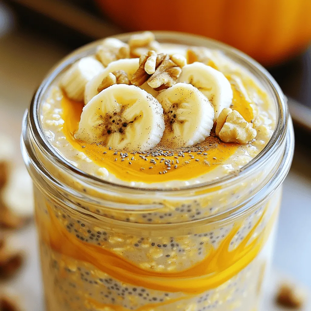- 1 cup rolled oats - 1 cup almond milk (or milk of choice) - ½ cup pumpkin puree - 2 tablespoons maple syrup (or honey) - 1 teaspoon pumpkin pie spice - ½ teaspoon vanilla extract - ¼ teaspoon salt - 2 tablespoons chia seeds (optional, for extra texture) - Toppings: sliced bananas, walnuts, and a sprinkle of cinnamon To make this dish, gather your ingredients first. You will need rolled oats, almond milk, and pumpkin puree. These form the base of your oats. Next, grab maple syrup for sweetness. Pumpkin pie spice adds that fall flavor we love. A dash of vanilla extract brings warmth, while salt enhances all the tastes. Chia seeds are optional but add a nice bite. Finally, pick some toppings like bananas, walnuts, and cinnamon for extra flair. Using quality ingredients makes all the difference. Choose organic pumpkin puree if you can. It gives a rich flavor that elevates your oats. For the milk, almond milk is light and creamy, but any milk works well. Now you have everything ready for the delightful pumpkin spice overnight oats. Follow the full recipe to create this easy breakfast that is sure to impress! 1. In a medium bowl, combine 1 cup of rolled oats and 1 cup of almond milk. 2. Add ½ cup of pumpkin puree, 2 tablespoons of maple syrup, 1 teaspoon of pumpkin pie spice, ½ teaspoon of vanilla extract, and ¼ teaspoon of salt. 3. If you want extra texture, stir in 2 tablespoons of chia seeds. This adds nutrition and thickens the oats. 1. Transfer the mixture into airtight containers or individual jars. 2. Refrigerate the jars overnight. This lets the oats soak up the flavors and become creamy. 1. In the morning, stir the oats before serving. 2. If they are too thick, add a splash more almond milk. 3. Top with sliced bananas, walnuts, and a sprinkle of cinnamon for extra flavor and crunch. You can find the full recipe for Pumpkin Spice Overnight Oats in this guide. Enjoy each bite! To make your oats creamy, focus on the right liquid ratio. Use 1 cup of rolled oats with 1 cup of almond milk. This balance helps the oats absorb just the right amount of liquid. You can also add 2 tablespoons of chia seeds. Chia seeds swell in the liquid and create a thicker, creamier texture. They also bring extra nutrition, making your breakfast even better. Adding extra spices can elevate the flavor. Try cinnamon, nutmeg, or ginger. These spices add warmth and depth to your oats. You can also use different sweeteners like agave or brown sugar. For toppings, consider sliced bananas, walnuts, or even dried cranberries. These add great texture and taste to your dish. Making oats ahead saves time. Prepare a large batch to enjoy throughout the week. Store them in airtight containers for freshness. They can last up to five days in the fridge. Just remember to stir before eating. If the oats seem too thick, add a splash of almond milk to reach your desired consistency. Enjoy the ease of having breakfast ready every morning! {{image_2}} You can easily make pumpkin spice overnight oats dairy-free. Simply swap regular milk for any non-dairy milk. Great options include: - Almond milk - Coconut milk - Oat milk - Soy milk These alternatives keep the oats creamy without dairy. For sweetening, use vegan options like: - Maple syrup - Agave nectar - Brown rice syrup These choices add flavor and sweetness while keeping your oats plant-based. Pumpkin spice overnight oats are great for any season. You can switch ingredients based on what’s fresh. In fall, stick with pumpkin. In spring, try: - Mashed bananas - Fresh berries - Applesauce You can also change spices. Instead of pumpkin pie spice, use: - Cinnamon - Nutmeg - Cardamom This way, your oats stay exciting year-round. Serving pumpkin spice overnight oats can be fun. You can layer them as a parfait with yogurt or fruit. Here are some ideas: - Serve in clear jars to show layers. - Add granola for crunch. You can also blend the oats into smoothies. Just mix them with some extra liquid and ice. This makes a healthy, tasty drink. For complete details, check the [Full Recipe]. To store your pumpkin spice overnight oats, keep them in a clean, airtight container. This helps lock in freshness and flavor. In the fridge, they stay good for about 3 to 5 days. If you want to enjoy them longer, consider freezing. Yes, you can freeze overnight oats! This is a great way to save some for later. Make sure to use a freezer-safe container. Leave some space at the top, as the oats will expand when frozen. To thaw, move them to the fridge overnight. You can also use the microwave if you need them fast. If you prefer warm oats, reheating is easy. Use the microwave or a stovetop. For the microwave, heat in short bursts, stirring in between. On the stovetop, add a splash of milk and stir until warm. After reheating, adjust the consistency by adding a bit more milk if needed. Enjoy your delicious bowl of pumpkin spice overnight oats! Pumpkin spice overnight oats stay fresh for up to five days in the fridge. Store them in airtight containers to keep them tasty. I often make a batch on Sunday and enjoy it all week. Just remember to check for any changes in smell or texture before eating. Yes! To make these oats vegan, simply swap the honey for maple syrup. You can also use almond milk or any plant-based milk. These changes keep the oats delicious and plant-friendly. If you don’t have pumpkin puree, you can use mashed bananas or applesauce. Both options add natural sweetness and moisture. You could also try butternut squash puree for a similar flavor. To reduce sweetness, cut back on the maple syrup. Start with one tablespoon and taste. You can also skip the sweetener altogether if you prefer a more natural flavor. Add fresh fruit for a touch of sweetness instead. Absolutely! If you want warm oats, just heat them in the microwave or on the stove. Add a splash of milk to help loosen the oats. It’s a cozy way to enjoy them, especially on chilly mornings. In this blog post, I covered how to make pumpkin spice overnight oats. You learned about key ingredients, easy steps, and tips for storage. These oats are tasty, creamy, and customizable with your favorite toppings. They can fit any diet, from vegan to gluten-free. Try making them ahead of time for a quick breakfast. Enjoy experimenting with different flavors and textures. With simple swaps, you can make it your own. These oats are a great way to start your day right!
