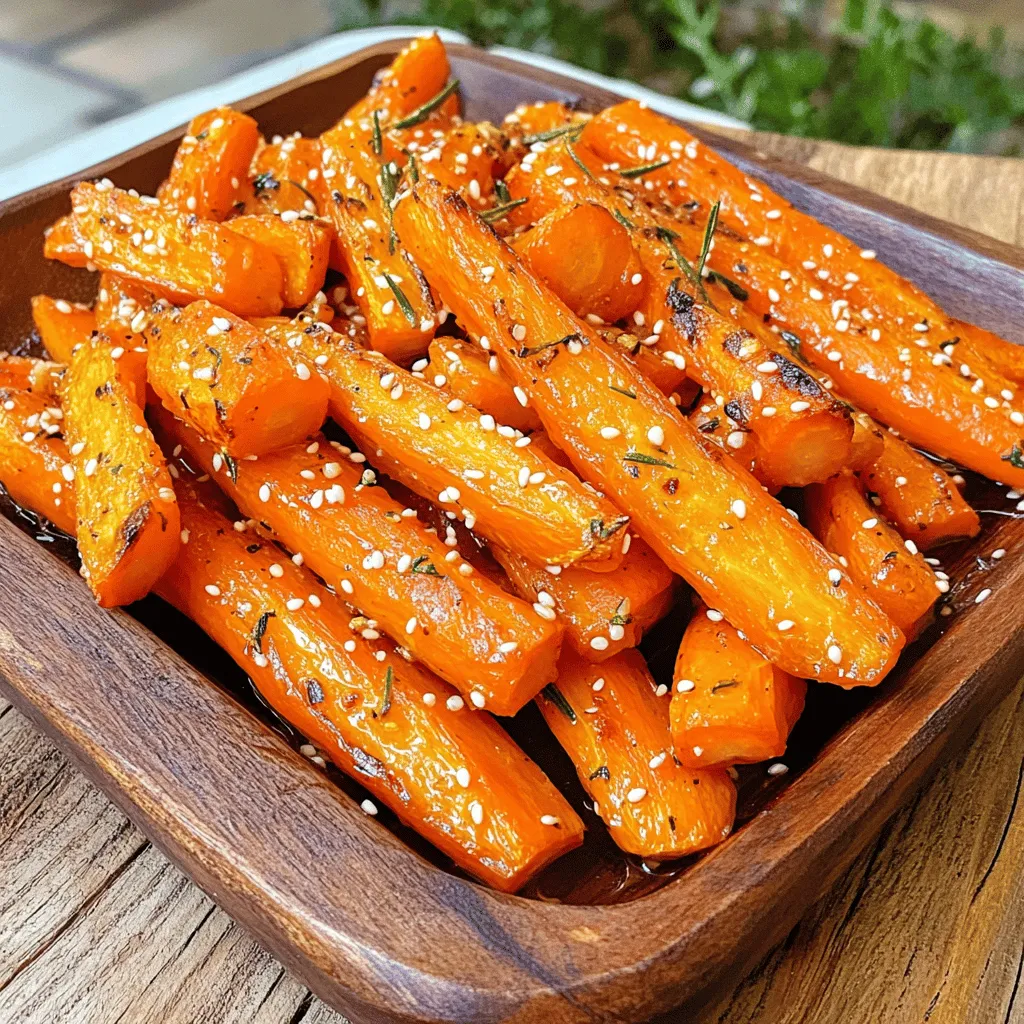 - Fresh carrots - Honey - Olive oil - Garlic - Rosemary - Salt and pepper - Sesame seeds When making honey garlic roasted carrots, I focus on fresh carrots as the main ingredient. They are sweet, crunchy, and colorful. Choose carrots that are firm and vibrant. Next, I use honey to add a rich sweetness. It helps the carrots caramelize in the oven. Olive oil is key too. It helps the honey stick and adds a nice flavor. For additional seasonings, I always include garlic. Fresh garlic gives a strong, savory taste. Rosemary adds a wonderful herbal note. I usually use fresh rosemary, but dried works too. Don't forget salt and pepper. They balance the sweetness and enhance the flavors. If I want to make the dish look even better, I sprinkle sesame seeds on top. They add a nice crunch and extra flavor. You can find the full recipe for honey garlic roasted carrots above for all the details on how to prepare this simple yet tasty dish. Start with fresh carrots. Peel them first, then cut them into sticks. Aim for uniform sizes to ensure even cooking. Gather all your ingredients now. You’ll need honey, olive oil, garlic, rosemary, salt, and black pepper. Having everything ready makes cooking smooth and fun. In a large bowl, combine the honey and olive oil. Add minced garlic, chopped rosemary, salt, and black pepper. Mix well until everything blends nicely. This mixture is key to the dish. It adds sweetness and flavor to the carrots. Now, add the carrot sticks to the bowl. Toss them well to coat each piece in the honey-garlic mixture. Next, spread the coated carrots on a baking sheet. Make sure they are in a single layer. This helps them roast evenly. Preheat your oven to 425°F (220°C). Roast the carrots for 25-30 minutes. Shake the pan halfway through to help with even cooking. Check for doneness by poking a carrot with a fork. They should be tender and caramelized. Once they are done, take them out and let them cool slightly. For the full recipe, make sure to follow the steps above carefully to enjoy delicious honey garlic roasted carrots. To get the best roasted carrots, start with the right oven temperature. Set your oven to 425°F (220°C). This high heat helps the carrots caramelize. It brings out their natural sweetness. Roast them for 25-30 minutes. Halfway through, shake the pan. This helps them cook evenly and avoid sticking. Want to elevate the taste? Consider adding spices or herbs. A pinch of paprika gives warmth. Fresh thyme adds a nice touch. If you like it sweet, adjust the honey. Add more for a sweeter flavor or less for a more savory bite. Pair honey garlic roasted carrots with many dishes. They go well with grilled chicken or baked fish. For a vegetarian meal, serve them with quinoa or lentils. Presentation matters, too! Arrange the carrots on a platter. Sprinkle sesame seeds on top for a lovely finish. This makes your dish pop and look appealing. For the full recipe, check out the detailed instructions. {{image_2}} You can use many types of carrots for this dish. - Rainbow carrots: These carrots come in purple, yellow, and orange. They add color and fun to your meal. Their sweet flavors work well with honey and garlic. - Baby carrots: These are small and tender. They cook fast and are easy to eat. You do not need to cut them, just coat and roast. If you want to change the sweetness, try these options. - Maple syrup: This syrup has a rich, deep flavor. It adds a unique twist to the dish. Use the same amount as honey. - Agave nectar: This is a light syrup that is sweeter than honey. It mixes well with the garlic and adds a nice taste. To add a new twist, try mixing in bold flavors. - Adding citrus elements: Squeeze fresh lemon or orange juice over the carrots. This brightens the dish and adds freshness. - Incorporating heat with red pepper flakes: A pinch of red pepper flakes can add spice. This creates a fun contrast to the sweet honey and garlic. For the full recipe, check [Full Recipe]. To keep your honey garlic roasted carrots fresh, place them in the fridge. Use an airtight container for best results. They will stay good for about three to four days. After that, the taste and texture may fade. You can freeze roasted carrots for later use. First, let them cool completely. Then, spread them in a single layer on a baking sheet. Freeze until solid, about an hour. After that, transfer the carrots to a freezer bag. They can last for up to three months in the freezer. When it’s time to eat your frozen carrots, you have two options: oven or microwave. For the oven, preheat it to 375°F (190°C). Spread the carrots on a baking sheet and heat for about 15-20 minutes. This method keeps them crispy and tasty. If you use the microwave, place them in a microwave-safe dish. Heat them in short bursts, about 1-2 minutes at a time. Stir between heats. This method is fast but may make them a bit soft. Aim to keep their flavor and texture intact while reheating. For the full recipe, check the main article. Honey garlic roasted carrots take about 25-30 minutes at 425°F (220°C). If you cut the carrots into larger pieces, they may need more time. For smaller pieces, check them at 20 minutes. Always test with a fork to see if they are tender. Yes, you can prepare the carrots in advance. Peel and cut them a day before. Store the carrot sticks in water in the fridge. You can also mix the honey garlic sauce ahead of time. Just keep it in a sealed jar until you're ready to use it. These carrots pair well with many dishes. Try serving them with grilled chicken or baked salmon. They also work well with quinoa or a fresh salad. For a vegetarian meal, serve them with lentils or chickpeas. This recipe is easy to adapt. To make it gluten-free, ensure your honey is pure and check for any additives. For a vegan option, simply replace honey with maple syrup or agave nectar. This keeps the dish sweet and delicious. In this post, we explored how to make delicious honey garlic roasted carrots. We covered main ingredients like fresh carrots, honey, and olive oil. You learned the step-by-step process, tips for perfect roasting, and variations to try. Remember, these carrots can fit into many meal plans. They pair well with various dishes and are easy to adapt. Now you have the tools to make this tasty side. Enjoy experimenting with flavors and have fun in the kitchen!