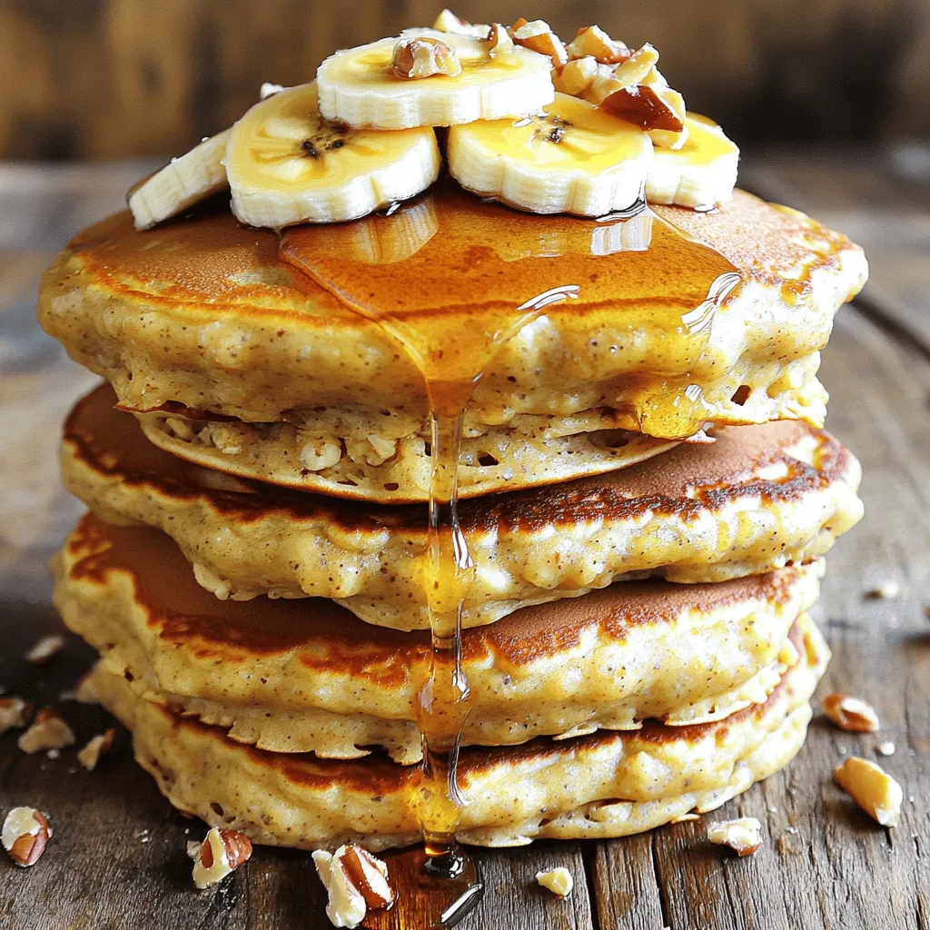 To make savory banana oatmeal pancakes, you will need the following ingredients: - 1 cup rolled oats - 1 ripe banana, mashed - 1 cup milk (dairy or non-dairy) - 2 tablespoons honey or maple syrup - 1 teaspoon baking powder - 1/2 teaspoon vanilla extract - 1/4 teaspoon cinnamon - Pinch of salt - 1 tablespoon coconut oil (for cooking) - Optional toppings: sliced bananas, maple syrup, chopped nuts, or berries These simple items create a delicious breakfast. The rolled oats serve as the base. They provide fiber and keep you full. The ripe banana adds natural sweetness and moisture. Milk helps to combine all the ingredients. You can choose dairy or non-dairy milk based on your preference. Honey or maple syrup offers extra sweetness. Baking powder helps the pancakes rise, making them fluffy. Vanilla and cinnamon add flavor, while a pinch of salt balances it all. I love using coconut oil for cooking. It gives a nice flavor and helps prevent sticking. For toppings, I recommend sliced bananas or a drizzle of maple syrup. Chopped nuts or berries add crunch and color. You can find the full recipe above for step-by-step guidance. Enjoy your cooking adventure! Start by blending 1 cup of rolled oats. Use a blender or food processor. Blend until the oats turn into a fine flour. This oat flour will give your pancakes a great texture. In a mixing bowl, take 1 ripe banana and mash it well. Add 1 cup of milk, which can be dairy or non-dairy. Next, mix in 2 tablespoons of honey or maple syrup. Don’t forget 1/2 teaspoon of vanilla extract, 1/4 teaspoon of cinnamon, and a pinch of salt. Stir everything together until it is well mixed. Now, add your oat flour and 1 teaspoon of baking powder to the banana mixture. Gently stir until just combined. It’s okay if there are a few lumps. Let the batter sit for about 5 minutes. This helps it thicken, making the pancakes fluffier. Heat a non-stick skillet or griddle over medium heat. Add 1 tablespoon of coconut oil and let it melt. Pour a ladleful of batter onto the skillet for each pancake. Cook for about 2-3 minutes. You will see bubbles form on the surface; that’s when it’s time to flip. Cook for another 1-2 minutes until golden brown. Repeat this with the rest of the batter. Add more oil as needed. For the full recipe, check out the ingredients and steps above! To make soft and fluffy pancakes, let the batter rest for about five minutes. This time allows the oats to soak up the liquid. The result? A thicker batter that cooks evenly. You’ll notice the pancakes rise better, giving them a nice texture. Use a non-stick skillet or griddle for best results. Cook on medium heat, which helps pancakes brown without burning. If the heat is too high, the outside cooks too fast. If it’s too low, the pancakes turn out flat. You want a nice golden color on each side. Stack your pancakes high for a delightful look. Top them with sliced bananas and a drizzle of maple syrup. For added flair, sprinkle chopped nuts or berries on top. This not only makes them pretty but adds flavor too. Serve with a smile! For the full recipe, check out the details above. {{image_2}} You can switch up the flour in banana oatmeal pancakes. If you want a nutty taste, try almond flour. It adds healthy fats and protein. Whole wheat flour is another great choice. It makes the pancakes heartier and richer in fiber. Just use the same amount as the rolled oats in the recipe. Want to make your pancakes stand out? Adding spices or extracts can do just that. A pinch of nutmeg or ginger can give warmth and depth. You can also add a splash of almond or coconut extract. These small changes can take your pancakes to a new level of taste. You can easily adjust this recipe for different diets. For a dairy-free option, use almond or soy milk. If you're gluten-free, stick to certified gluten-free oats and flour. You can also reduce the sugar by using ripe bananas. They add natural sweetness without the extra calories. These small changes make the dish fit for everyone at your table. Consider trying these variations to create a breakfast everyone will love. For the full recipe of banana oatmeal pancakes, check the section above. To keep your banana oatmeal pancakes fresh, store them in the fridge. Place them in an airtight container. You can stack them with parchment paper between each pancake to avoid sticking. The pancakes will stay good for about 3-4 days. When ready to eat, just reheat them in a skillet or microwave. If you want to save pancakes for later, freezing is a great option. Let the pancakes cool completely before freezing. Place them in a single layer on a baking sheet. Once they freeze solid, transfer them to a freezer bag. This way, you can grab just what you need. To reheat, simply pop them in the toaster or microwave until warm. Banana oatmeal pancakes can last in the fridge for about 3-4 days. In the freezer, they can stay good for up to 2 months. Always check for any signs of spoilage before eating. Proper storage ensures you enjoy these tasty pancakes at their best. For the full recipe, check the earlier sections. Yes, you can use instant oats. Instant oats are finer than rolled oats. They will create a smoother batter. However, they might absorb more liquid. You may need to adjust the milk amount. Start with less milk and add more as needed. Rolled oats provide a heartier texture. They also hold their shape better during cooking. Look for bubbles forming on the pancake's surface. This means they are ready to flip. Cook them until they turn golden brown on both sides. You can also check the center. Use a toothpick to poke the pancake. If it comes out clean, the pancake is done. If it is still wet, cook a bit longer. Yes, you can prepare these pancakes ahead. Cook them and let them cool. Place them in an airtight container. Store them in the fridge for up to three days. You can also freeze pancakes for longer storage. Just stack them with parchment paper in between. When you're ready to eat, reheat them in a toaster or microwave. For the best taste, serve them fresh from the pan. Check out the Full Recipe for more details. This blog gives you a simple, tasty way to make pancakes. You learned the key ingredients and step-by-step instructions for making them perfectly. I shared tips for great texture and presentation. You can also try different flours and flavors for variety. Lastly, proper storage keeps your pancakes fresh. Enjoy making these pancakes your way! They are healthy, fun, and quick to prepare.