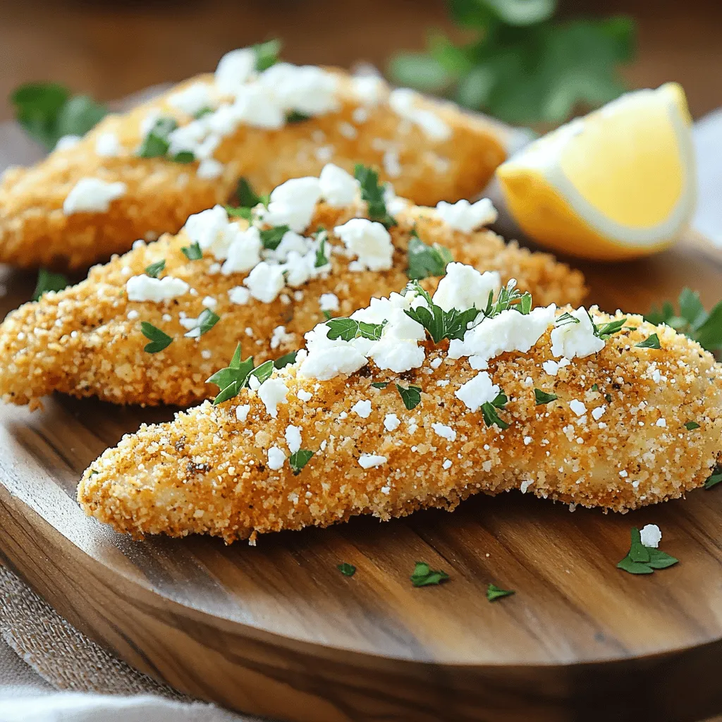 - 1 pound chicken tenderloins - 1 cup buttermilk - 1 teaspoon garlic powder - 1 teaspoon onion powder - 1 teaspoon dried oregano - 1 teaspoon dried thyme - 1 teaspoon paprika - Salt and pepper to taste - 1 cup all-purpose flour - 1 cup breadcrumbs (preferably panko for extra crunch) - 1/2 cup feta cheese, crumbled - 1/4 cup fresh parsley, chopped - Olive oil for frying These ingredients make the dish pop! The chicken tenderloins shine, while the buttermilk helps to keep them moist. The spices, like garlic powder and oregano, add a nice flavor. The flour and panko breadcrumbs give that perfect crunch. Feta cheese and parsley bring a fresh twist to the breading. - Shallow bowls for breading - Large skillet for frying - Cooking thermometer (optional) Using shallow bowls makes breading easier. A large skillet helps fry the chicken evenly. A cooking thermometer can ensure your chicken reaches a safe temperature, which is 165°F. For the full recipe, check out Crispy Greek Chicken Tenders. First, combine the buttermilk and spices in a bowl. Add garlic powder, onion powder, oregano, thyme, paprika, salt, and pepper. Whisk them together until smooth. Next, add the chicken tenderloins. Make sure they are fully coated in the mixture. Cover the bowl and place it in the fridge. Marinate for at least one hour. For even more flavor, let them marinate overnight. Now, let's set up the breading station. You will need three shallow bowls. In the first bowl, add all-purpose flour. In the second bowl, pour the remaining buttermilk mixture, but discard any extra. In the third bowl, mix breadcrumbs with crumbled feta cheese and chopped parsley. Each step is key in this process. This setup helps the breading stick better to the chicken. Take the chicken from the marinade. Let the excess buttermilk drip off. Start by dredging each tender in flour. Then, dip it back into the buttermilk. Finally, coat it in the breadcrumb mixture. Press gently so the crumbs stick well. Heat olive oil in a large skillet over medium-high heat. Once hot, carefully add the chicken tenders in batches. Do not overcrowd the pan. Fry for about 4-5 minutes on each side. Look for a golden brown color. This shows they are cooked through. Transfer to a plate lined with paper towels to drain excess oil. For the full recipe, check out the complete instructions above. Using chicken tenderloins makes this dish quick and easy. Tenderloins are small strips of meat that cook fast. They stay juicy and tender, making them perfect for frying. You can also use chicken breasts, but they need more care. They can dry out if overcooked. Tenderloins let you enjoy a tasty meal without stress. To get a crispy coating, follow these tips. First, make sure your chicken is dry before breading. Pat it with paper towels. This helps the breading stick better. Next, double dip your chicken. Dredge it in flour, then buttermilk, and finally breadcrumbs. Press gently to ensure the crumbs stick. Using panko breadcrumbs is key. They provide extra crunch that you will love. Adjusting the seasoning can change the flavor. You can add more garlic or herbs if you want a stronger taste. A pinch of cayenne pepper gives heat, while lemon zest adds freshness. Don’t forget the salt; it enhances all flavors. You can also mix in different spices. Consider trying dill or rosemary for a unique twist. Each tweak allows you to create your version of Crispy Greek Chicken Tenders. For a full recipe, check out the details above. {{image_2}} You can easily change the flavors of your crispy Greek chicken tenders. Try adding different spices to the buttermilk marinade. For a spicy kick, use cayenne pepper or chili powder. If you love herbs, add fresh dill or basil. You can also mix in some lemon zest for a bright taste. These simple changes make the dish fun and fresh every time. You can bake or fry these tenders, depending on your preference. Baking is a healthier option and still gives you a tasty result. To bake, preheat your oven to 400°F (200°C) and place the coated tenders on a baking sheet. Spray them lightly with olive oil and bake for about 20-25 minutes, flipping halfway through. Frying gives you that crispy texture, but both methods work well. Pair your crispy Greek chicken tenders with tasty sauces and sides. A classic tzatziki sauce adds a cool touch. You can also try a honey mustard dip for sweetness. Serve with a fresh Greek salad or roasted vegetables for a complete meal. These pairings enhance the flavors and make your meal more exciting. For the full recipe, check the link provided. To store your Crispy Greek Chicken Tenders, let them cool first. Place the tenders in an airtight container. You can keep them in the fridge for up to three days. If you want to keep them longer, freeze them. Use a freezer-safe bag or container. They can last up to three months in the freezer. Just remember to label the bag with the date. To reheat your chicken tenders, avoid the microwave. It can make them soggy. Instead, use an oven or an air fryer. Preheat your oven to 375°F (190°C). Place the tenders on a baking sheet for about 10-15 minutes. If using an air fryer, set it to 350°F (175°C) and heat for about 5-7 minutes. This keeps them crispy and delicious. Leftovers can stay in the fridge for three days. If frozen, they can last up to three months. Always check for any changes in smell or texture before eating. If they look or smell off, it’s best to throw them away. Enjoy your meal safely! Yes, you can prepare the chicken tenders ahead of time. Marinate them the night before for the best flavor. After marinating, bread the chicken and store it in the fridge. Fry them right before serving. This way, they stay fresh and crispy. If you don’t have buttermilk, you can make a simple swap. Mix one cup of milk with one tablespoon of vinegar or lemon juice. Let it sit for about five minutes. This creates a tangy milk that works well in the recipe. To keep your chicken juicy, marinate it for at least one hour. The buttermilk tenderizes the meat. Fry the tenders at the right temperature. Too hot can dry them out, while too low can make them greasy. Aim for medium-high heat. Yes, you can make this dish gluten-free. Use gluten-free flour and gluten-free breadcrumbs instead of regular ones. The flavor will still be delicious and crispy! Check the labels to ensure all ingredients are gluten-free. In this post, I covered how to make Crispy Greek Chicken Tenders. You learned about key ingredients like chicken, buttermilk, and spices. I explained the steps for marinating, breading, and frying, along with helpful tips. You also discovered variations and how to store leftovers. Remember, experimenting with flavors and cooking methods makes this dish your own. Enjoy perfecting your chicken tenders and impressing your family and friends! The journey is as delicious as the result.