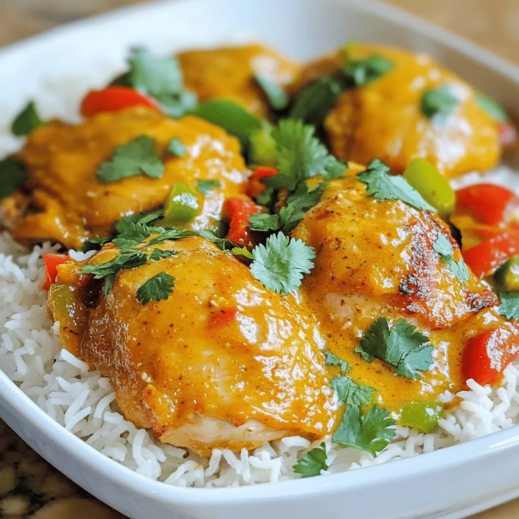 To make this tasty dish, gather these ingredients: - 4 boneless chicken thighs - 1 can (13.5 oz) coconut milk - 1 medium onion, chopped - 3 garlic cloves, minced - 1 red bell pepper, diced - 1 green bell pepper, diced - 2 tablespoons red curry paste - 1 tablespoon olive oil - 1 tablespoon fresh ginger, grated - 1 teaspoon paprika - 1 teaspoon cayenne pepper (adjust to taste) - Salt and pepper to taste - Fresh cilantro for garnish - 2 cups cooked jasmine rice (to serve) These ingredients create a rich, creamy base that makes the chicken flavorful and tender. Using the right tools makes cooking easier and more fun. Here’s what you need: - Large bowl for marinating chicken - Large skillet or frying pan - Wooden spoon for stirring - Knife and cutting board for chopping - Measuring spoons for accuracy These tools help you prepare the dish quickly and effectively. You might want to have these items on hand for extra flavor: - Lime wedges for serving - Sriracha for added heat - Fish sauce for depth - Fresh herbs like basil or parsley These extras can enhance your dish and add a personal touch. You can find the full recipe for Spicy Brazilian Coconut Chicken in the recipe section above. Enjoy cooking! Start by preparing the chicken. Take four boneless chicken thighs and place them in a large bowl. Season the chicken with salt, pepper, paprika, and cayenne pepper. Mix well to ensure each piece is coated. Let the chicken marinate for about 15 minutes. This step helps to deepen the flavors. Now, heat one tablespoon of olive oil in a large skillet over medium heat. Once hot, add the chopped onion. Sauté the onion until it turns translucent, which should take about five minutes. Next, add three minced garlic cloves and one tablespoon of grated fresh ginger. Stir for one minute, just until fragrant. Then, toss in one diced red bell pepper and one diced green bell pepper. Cook these vegetables for three to four minutes until they soften. This mix creates a tasty base for your dish. Push the sautéed vegetables to one side of the skillet. Now, add the marinated chicken thighs to the empty space. Cook them for about six to seven minutes on each side, or until they turn a nice golden brown. Once both sides are cooked, add two tablespoons of red curry paste. Pour in one can of coconut milk and stir until the paste dissolves completely. Bring this mixture to a gentle simmer. Cover the skillet and let it cook for 15 to 20 minutes. This step ensures the chicken becomes tender and fully cooked. After cooking, taste the sauce and adjust the seasoning. If you want more heat, don’t hesitate to add extra cayenne pepper. Finally, remove the skillet from heat and allow it to sit for a couple of minutes. Serve the spicy Brazilian coconut chicken over a bed of jasmine rice. Garnish with fresh cilantro for a pop of color and flavor. Enjoy your meal! For detailed cooking instructions, refer to the Full Recipe. To get the right heat in your spicy Brazilian coconut chicken, start with cayenne pepper. Use one teaspoon for a mild kick. If you love heat, add more to taste. Remember, you can always add more, but you can't take it out. Another great tip is to let the dish simmer longer. This helps the flavors blend well and the spice to deepen. You can change the flavor profile of this dish easily. For a sweeter taste, add pineapple chunks or mango. These fruits balance the heat and give a tropical vibe. If you want a smokier flavor, try using smoked paprika instead of regular paprika. Want a tangy twist? Add lime juice right before serving. Each change gives you a new dish! Follow the steps closely to get the best results. Marinating the chicken is key. It helps the spices soak in and make the meat juicy. When cooking the onions, don't rush. Sauté them until they're soft and sweet. This builds a strong base for your flavors. Lastly, taste the sauce before serving. Adjust the seasoning to suit your palate. Trust me, these steps make a big difference in your dish. For the full recipe, check out the details above. {{image_2}} You can easily make this dish vegetarian. Replace the chicken with tofu or tempeh. Use the same marinade to add flavor. Cook the tofu until it’s golden brown. For tempeh, steam it first to soften. Both options soak up the coconut milk well. You can even add more veggies like carrots or zucchini. This keeps the dish colorful and tasty. If you want something different, try shrimp or fish. Both pair nicely with the coconut sauce. For shrimp, cook them just until they turn pink. If using fish, make sure it is firm like snapper or mahi-mahi. Cut it into chunks, and add it to the sauce. This way, you still get the rich, spicy flavor. You can adjust the spices to fit your taste. If you like it milder, use less cayenne pepper. Adding lime juice will give it a fresh twist. For a smoky flavor, try adding smoked paprika. Want a little sweetness? Toss in some pineapple chunks. Each tweak makes the dish your own. With these variations, you can enjoy this dish in many ways. To keep your spicy Brazilian coconut chicken fresh, store it in an airtight container. Let it cool to room temperature first. This helps prevent moisture build-up. Place it in the fridge if you plan to eat it within three days. If you have more leftovers, consider freezing them for later meals. Freezing this dish is a great way to save it for later. Use a freezer-safe container or heavy-duty freezer bag. Make sure to remove as much air as possible. Label the container with the date. You can store it in the freezer for up to three months. When you're ready to eat, just take it out and thaw it in the fridge overnight. Reheating spicy Brazilian coconut chicken is easy. You can use the microwave or stovetop. If using the microwave, heat it in short bursts, stirring in between. This helps it heat evenly. If you choose the stovetop, add a splash of coconut milk or water to prevent drying out. Heat it on low until warm, stirring occasionally. Enjoy the bold flavors all over again! To make your dish spicier, simply add more cayenne pepper. You can start with half a teaspoon. Taste the sauce after it simmers. If it needs more heat, add a little more cayenne. You can also try adding chopped fresh chilies or even a dash of hot sauce. These options can boost the flavor and heat. Just remember to taste as you go! Yes, you can use frozen chicken thighs. It is best to thaw them first. You can do this by leaving them in the fridge overnight. If you are short on time, you can use the microwave to thaw them. Make sure to season them well just like fresh chicken. This will help keep the flavor strong. I recommend serving the chicken over jasmine rice. The rice soaks up the tasty coconut sauce. You can also add a side of steamed vegetables. Broccoli or green beans work well. A simple salad can add a fresh touch too. You can even serve it with warm naan or crusty bread for a fun twist! For the full recipe, check out the link above. This blog post covered making Spicy Brazilian Coconut Chicken. We discussed key ingredients, tools, and optional staples. You learned step-by-step marinating and cooking methods for perfect flavor. We shared tips for adjusting spice and variations for different diets. You also discovered best practices for storing and reheating. Enjoy your cooking journey with this dish. Explore different flavors and adaptations. You can make it your own, so have fun in the kitchen!