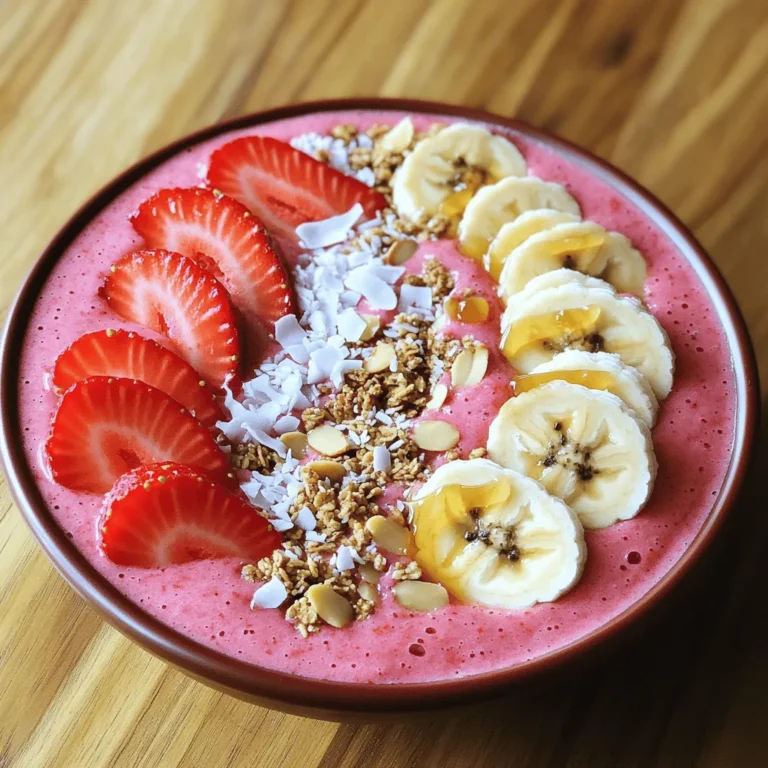 - 1 cup frozen strawberries - 1 ripe banana - 1/2 cup Greek yogurt (or plant-based yogurt) - 1/2 cup almond milk (or any milk of choice) - 1 tablespoon honey or maple syrup (to taste) - 1 tablespoon chia seeds I love the base of this smoothie bowl. The frozen strawberries and ripe banana blend well together. The Greek yogurt adds creaminess and protein. You can use plant-based yogurt if you prefer. Almond milk keeps it light, but any milk works here. Adding honey or maple syrup gives just the right sweetness. The chia seeds boost the fiber and omega-3 content too. - Sliced fresh strawberries - Banana slices - Granola - Shredded coconut - Nuts (e.g., almonds or walnuts) Toppings are where you can get creative. Fresh strawberries and banana slices add color and flavor. Granola gives a nice crunch. Shredded coconut adds a tropical twist. Nuts can provide protein and healthy fats. Feel free to mix and match your favorites! For the full recipe, check out the [Full Recipe]. 1. Start by gathering all your main ingredients. You will need: - 1 cup frozen strawberries - 1 ripe banana - 1/2 cup Greek yogurt (or plant-based yogurt) - 1/2 cup almond milk (or any milk of choice) - 1 tablespoon honey or maple syrup (to taste) - 1 tablespoon chia seeds 2. Combine all these ingredients in a blender. This simple step sets the stage for a delicious smoothie bowl. 3. If the mixture seems too thick, adjust the thickness with almond milk. Just add a little at a time until you get the right texture. 1. Blend on high until the mixture is smooth and creamy. This is key for that perfect texture. 2. For the best consistency, remember these tips: - Start with less almond milk and add more if needed. - Make sure your blender is powerful enough to crush frozen fruit well. 1. Once blended, pour the smoothie into a bowl. Look at that vibrant color! 2. Now, it’s time to be creative! Arrange your toppings artistically for a beautiful presentation. I like to start with: - Sliced fresh strawberries - Banana slices 3. Next, sprinkle some granola on top. Add a few pinches of shredded coconut and nuts for added crunch. 4. If you want an extra touch of sweetness, drizzle a little more honey or maple syrup on top. This Strawberry Banana Smoothie Bowl is not just tasty; it’s also nourishing! For the full recipe, check out the details above. Enjoy your creation! To get the best flavor, use ripe bananas and sweet strawberries. This will give you a great base. I like to blend frozen fruit for a chill and thick texture. The Greek yogurt adds creaminess. If you want it even creamier, try using full-fat yogurt. You can also add a bit of almond milk to adjust thickness. Blend until it’s smooth but still thick enough to hold toppings. You can adjust the sweetness to fit your taste. Start with one tablespoon of honey or maple syrup. After blending, taste it. If you want it sweeter, add more. If you prefer other sweeteners, try agave syrup or stevia. Just remember, a little goes a long way with some sweeteners. To boost the nutrition, consider adding protein powder or superfoods. A scoop of protein powder adds protein without changing the taste much. You can also mix in greens like spinach or kale. They blend well and give extra vitamins without altering the flavor. It's a great way to make your smoothie bowl more nourishing. {{image_2}} You can easily mix flavors in your smoothie bowl. Try adding other fruits like mango or blueberries. These fruits bring new tastes and colors. They also add different nutrients. For a tropical twist, mango adds sweetness and a creamy texture. Blueberries give a nice tart flavor and are rich in antioxidants. You can also experiment with yogurt types. Using dairy-free yogurt is a great option for those who are lactose intolerant. Flavored yogurts like vanilla or coconut can enhance the taste. Each yogurt type changes the flavor and texture of your bowl. Using seasonal ingredients keeps your smoothie bowl fresh and tasty. Each season offers unique fruits that can boost flavor. In spring, try adding fresh strawberries or rhubarb. In summer, peaches or cherries are a great choice. Autumn brings apples and pears, while winter can feature citrus fruits like oranges and grapefruits. Adapting your bowl to what’s available locally is key. Visit farmers' markets for the freshest produce. This not only supports local farms but also gives your bowl a special touch. For vegan options, choose plant-based yogurt and sweeteners. Coconut yogurt or almond yogurt works well. Maple syrup or agave nectar can replace honey for sweetness. These swaps keep your smoothie bowl vegan and delicious. If you want a nut-free bowl, there are excellent alternatives. Use sunflower seeds or pumpkin seeds instead of nuts. These seeds add crunch without the allergens. You can also skip nut milk and use oat milk or rice milk. This way, everyone can enjoy your smoothie bowl without worry. For the full recipe, check out the Strawberry Banana Bliss Smoothie Bowl. To store your smoothie bowl, pour any leftovers into an airtight container. Seal it well to keep air out. Place it in the fridge. Aim to eat it within one day for the best taste. Smoothies can lose their fresh flavor quickly. You can freeze leftover smoothie mix. Pour it into ice cube trays. Once frozen, transfer the cubes to a freezer bag. This way, you can use them later in smoothies. When ready to use, thaw the cubes in the fridge overnight. You can also blend them straight into a new smoothie for a frosty treat. Make smoothie packs ahead of time. In zip-top bags, add your frozen strawberries and banana. You can include chia seeds and yogurt too. When you’re ready, just add almond milk and blend. This saves time on busy mornings. It’s an easy way to enjoy a tasty, healthy breakfast. Yes, you can make this smoothie bowl ahead of time. To prep, blend your main ingredients and store them in the fridge. I recommend keeping your toppings separate until you serve. This way, your bowl stays fresh and tasty. For storage, use an airtight container. It helps keep the flavors strong and the texture smooth. I suggest consuming it within 24 hours for the best taste. If you want to swap Greek yogurt, you have options. Regular yogurt works well but may change the flavor slightly. For a thicker texture, try using skyr or labneh. Both are great choices. You can also use plant-based yogurt. Almond, coconut, or soy yogurt gives a nice touch. Just be mindful that these may alter the creaminess of your smoothie bowl. Look for unsweetened versions to control the sweetness. To make your smoothie bowl dairy-free, choose a milk that fits your taste. Almond milk is light and sweet. Oat milk adds creaminess. Coconut milk gives a tropical vibe. Pick the one you like best! For yogurt, look for non-dairy options. Coconut yogurt is rich and tasty. Almond yogurt is light, while soy yogurt has a good protein content. Each of these options will still make your bowl delicious and dairy-free. In this blog post, we covered how to make a delicious smoothie bowl using simple ingredients. You learned about the main components, step-by-step instructions, and tips to perfect your bowl. We explored various flavor variations and dietary options too. Remember, smoothie bowls are fun and easy to customize. Try new fruits, toppings, and sweeteners. Enjoy your healthy treat and get creative with your choices! Happy blending!