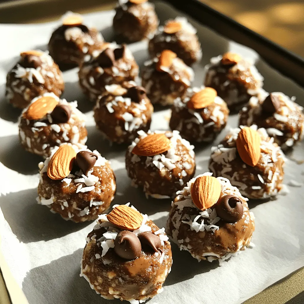 For the best Almond Joy Energy Bites, use these main ingredients: - 1 cup rolled oats - 1/2 cup almond butter - 1/4 cup honey or maple syrup - 1/3 cup unsweetened shredded coconut - 1/4 cup dark chocolate chips (dairy-free if preferred) - 1/4 cup chopped almonds (or whole almonds for whole bites) - 1 teaspoon vanilla extract - A pinch of sea salt These ingredients give the bites their unique taste and texture. The oats provide fiber, while almond butter adds healthy fats. Honey or maple syrup brings sweetness, and coconut adds a chewy feel. Dark chocolate chips give a rich flavor, and almonds add crunch. You can mix in optional ingredients to make the bites your own. Here are some ideas: - Chia seeds for extra fiber - Protein powder for a boost - Dried fruits like cranberries or raisins - Different nuts like walnuts or pecans These extras allow you to enjoy your bites in new ways. Feel free to get creative and add what you love! Each Almond Joy Energy Bite packs a nutritious punch. These bites are a good source of energy and nutrients. They contain healthy fats, protein, and fiber. Here’s a quick breakdown: - Calories: About 130 per bite - Protein: 3g - Fat: 6g - Carbohydrates: 18g These bites make a great snack before or after exercise. They are also perfect for a quick breakfast or a sweet treat. For the full recipe, check out the details above! Start by gathering all your ingredients. You will need rolled oats, almond butter, honey or maple syrup, shredded coconut, dark chocolate chips, chopped almonds, vanilla extract, and a pinch of sea salt. In a large mixing bowl, combine the rolled oats, almond butter, and honey or maple syrup. Stir until smooth and well blended. This step is crucial for a good texture. Next, add in the shredded coconut, dark chocolate chips, chopped almonds, vanilla extract, and the pinch of sea salt. Mix everything together until all the ingredients are well combined. This ensures each bite is tasty and has a good mix of flavors. If the mixture feels too dry, you can add a little more almond butter. If it’s too sticky, dampen your hands slightly when shaping the bites. You want a balance that holds together but isn’t too wet. Use a spatula or your hands for better control. Mixing well helps the flavors unite in each bite. Now, it’s time to shape the mixture into small balls. Each ball should be about one inch in diameter. Place the bites on a baking sheet lined with parchment paper. Once you shape all the bites, refrigerate them for at least 30 minutes. This helps them set and makes the bites easier to eat. After chilling, you can store the energy bites in an airtight container. They will last in the fridge for up to a week. Enjoy your Almond Joy Energy Bites as a simple and nutritious snack! For the complete recipe, check the section above. To get the best texture in your Almond Joy Energy Bites, use fresh ingredients. Make sure your almond butter is smooth and creamy. If it is too thick, the bites can be hard to shape. You want a nice balance of dry and wet ingredients. If the mixture feels dry, add a splash of water or more almond butter. If it feels too wet, add a few more oats or coconut. You can easily adjust the sweetness of your bites. If you like them sweeter, add more honey or maple syrup. For a less sweet version, reduce the amount of sweetener. You can also change the flavor by using different extracts. Try almond or coconut extract for a fun twist. Don't forget to taste the mix before shaping it into bites! One common mistake is not mixing the ingredients well. Make sure you mix everything until it’s uniform. This helps all the flavors blend nicely. Avoid making the bites too big; they should be about one inch in diameter. If they are too large, they can be hard to eat. Lastly, remember to refrigerate them long enough to set. If you skip this step, they may fall apart. If you're ready to make these tasty snacks, check out the Full Recipe for all the details! {{image_2}} You can switch almond butter for other nut butters. Peanut butter offers a classic taste. Cashew butter gives a creamy texture. Sunflower seed butter is a great option for nut-free diets. Each choice changes the flavor, but they all work well. Honey and maple syrup are my go-tos, but you have other options. Agave syrup provides a light sweetness. Coconut sugar adds a hint of caramel flavor. You could also use stevia or monk fruit for a low-calorie option. Choose what fits your taste and diet best. Add-ins can take your energy bites to the next level. Try adding dried fruits like cranberries or apricots for sweetness. Chia seeds or flaxseeds can boost the nutrition. A sprinkle of cinnamon or a dash of cocoa powder gives a nice twist. Mix and match to find your favorite blend! To keep your Almond Joy Energy Bites fresh, use an airtight container. This helps seal in moisture while keeping them safe from air exposure. Store them in the refrigerator for the best taste and texture. You can place parchment paper between layers to avoid sticking. When stored properly in the fridge, these energy bites last for up to one week. You can enjoy them throughout the week. If you notice any changes in smell or texture, it’s best to toss them out. You can freeze Almond Joy Energy Bites for longer storage. Place them in a single layer on a baking sheet and freeze for about one hour. Once they are firm, transfer them to a freezer-safe bag or container. They can last up to three months in the freezer. When you’re ready to eat, just thaw them in the fridge overnight or at room temperature for a few hours. Yes, you can make Almond Joy Energy Bites vegan! Just swap honey for maple syrup. Use dairy-free dark chocolate chips as well. This will keep all the yummy flavors while making it plant-based. You can easily swap almond butter for other nut butters. Peanut butter works great, or use cashew butter for a milder taste. If you want a nut-free option, try sunflower seed butter. Each choice will change the flavor a bit but still taste great. Yes, these energy bites are gluten-free! Just make sure to use certified gluten-free oats. This way, you can enjoy them without worry. To make them softer, add a bit more almond butter or honey. You can also reduce the oats slightly. For a crunchier texture, add more chopped almonds or use crispy rice cereal. Adjust to your taste! In this post, you learned how to make Almond Joy Energy Bites. We covered key ingredients, preparation, and tips for perfecting texture. You also found ideas for variations and storage. These bites are fun to make and easy to customize. By following the steps, you can enjoy a tasty snack that fits your needs. Remember, a little creativity goes a long way in the kitchen!
