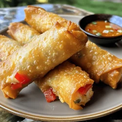 To make delicious crab cake egg rolls, you need some key ingredients: - 8 oz lump crab meat, cooked and drained - 1/2 cup breadcrumbs - 1/4 cup mayonnaise - 1/4 cup diced red bell pepper - 1/4 cup green onions, chopped - 1 tablespoon Dijon mustard - 1 teaspoon Old Bay seasoning - 1/2 teaspoon garlic powder - 1 pack of egg roll wrappers (10-12 wrappers) - Oil for frying - Sweet chili sauce for dipping Each ingredient plays a big role. The lump crab meat gives the rolls that sweet seafood taste. The breadcrumbs help bind the mixture together and add texture. Mayonnaise keeps it moist, while the peppers and onions add fresh crunch. Old Bay seasoning gives it that classic seafood flavor. You can swap out some ingredients if you want. If you can’t find crab, try shrimp or even canned tuna. For a lighter option, use Greek yogurt instead of mayonnaise. If you want a kick, add some chopped jalapeños. For a gluten-free version, use gluten-free breadcrumbs and wrappers. These crab cake egg rolls are not just tasty; they have good nutrition too. Each roll has protein from crab and healthy fats from mayonnaise. They are a fun treat but should be enjoyed in moderation. Here’s a rough idea of the nutrition per egg roll: - Calories: 150 - Protein: 8g - Carbohydrates: 12g - Fat: 8g - Fiber: 1g Remember, these figures can change based on the brand of ingredients you use. To find the full recipe, check out the details above for all the steps to make these crispy delights. Start by gathering all your ingredients. In a large bowl, mix: - 8 oz lump crab meat, cooked and drained - 1/2 cup breadcrumbs - 1/4 cup mayonnaise - 1/4 cup diced red bell pepper - 1/4 cup green onions, chopped - 1 tablespoon Dijon mustard - 1 teaspoon Old Bay seasoning - 1/2 teaspoon garlic powder Gently stir these ingredients together. Be careful not to break the crab meat too much. You want nice chunks for a great bite. This mixture gives the egg rolls their yummy crab flavor. Next, lay out an egg roll wrapper on a clean surface. Make sure one corner points toward you. Place about 2 tablespoons of your crab mixture in the center of the wrapper. Fold the bottom corner over the filling. Next, fold the side corners in, creating a nice seal. Then, roll the wrapper tightly away from you. Use a touch of water on the edges to help seal it. This step keeps the filling inside while frying. Repeat this process with the rest of the wrappers and crab mixture until you have a nice stack of rolls ready to fry. Now, it’s time to fry your egg rolls. Heat 2 inches of oil in a deep skillet or pot over medium heat. Aim for a temperature of 350°F (175°C). Carefully add a few egg rolls to the hot oil. Fry them in small batches. This avoids overcrowding and helps them cook evenly. Cook each egg roll for about 3-4 minutes. Flip them halfway through to get both sides golden brown and crispy. Once done, use a slotted spoon to remove the egg rolls. Drain them on paper towels to get rid of excess oil. Enjoy your crab cake egg rolls hot with sweet chili sauce for dipping. You can find the full recipe above if you need a refresher! To keep your egg rolls closed, use a bit of water to seal them. After rolling, moisten the edges of the wrapper. This helps the egg roll stick and prevents it from opening while frying. Make sure to roll them tightly, so they hold their shape. If a few gaps appear, don’t worry! Just use more water to seal those spots. Sweet chili sauce is my favorite dip for these crab cake egg rolls. Its sweet and spicy taste pairs well with the rich crab flavor. You can also try a tangy lemon aioli or a zesty remoulade. For a simple option, mix soy sauce with a dash of sesame oil. These sauces will boost the flavor and make each bite even more delicious. Frying at the right temperature is key. Heat your oil to 350°F (175°C) for crispy results. If the oil is too hot, the outside will burn before the inside cooks. If it’s too cool, the egg rolls will absorb too much oil and become soggy. Fry in small batches to avoid crowding. This allows even cooking and crispiness. Aim for 3-4 minutes per batch, flipping them halfway for even browning. Follow these tips for perfect crab cake egg rolls every time! {{image_2}} You can make crab cake egg rolls gluten-free. Simply swap regular breadcrumbs for gluten-free ones. Many brands offer tasty gluten-free options. Check the label to ensure they are safe for your diet. Use rice paper wrappers instead of egg roll wrappers for a lighter option. This change makes the rolls crispy and fun to eat. Fry them until they are golden brown, just like the regular version. If you want a vegetarian or vegan version, replace crab meat with jackfruit or tofu. Shredded jackfruit mimics the texture of crab. Season it well to enhance the flavor. You can mix in vegetables like corn, spinach, or mushrooms. For vegan mayo, use chickpea-based or avocado-based mayo. This way, you keep the creamy texture without using eggs. These rolls can taste just as rich and satisfying. Add-ins can make your crab cake egg rolls even better. Consider mixing in some diced jalapeños for a spicy kick. Fresh herbs like cilantro or parsley add a bright flavor. Try adding a splash of lemon juice for a zesty twist. You can also include cheese like cream cheese or feta for creaminess. Each add-in gives you a new taste experience, making every batch unique. To store leftover crab cake egg rolls, let them cool first. Place them in an airtight container. Keep the container in the fridge. They stay fresh for about 3 days. If you want to keep them longer, freezing is a great option. When you are ready to eat leftover egg rolls, reheat them in the oven. Preheat your oven to 350°F (175°C). Place the egg rolls on a baking sheet. Heat them for about 10-15 minutes. This will help keep them crispy. You can also use an air fryer. Just set it to 350°F and cook for 5-8 minutes. Freezing crab cake egg rolls is easy and fun. After you prepare and roll them, place them on a baking sheet. Make sure they do not touch each other. Freeze them for about 1-2 hours. Once they are frozen, transfer them to a freezer bag. Label the bag with the date. They can last for up to 2 months in the freezer. When you want to enjoy them, just fry or bake them straight from the freezer. The best way to cook crab cake egg rolls is by frying them. Deep-frying gives them a golden color and a crisp texture. Heat oil to 350°F (175°C) before adding the rolls. Fry them in batches for about 3-4 minutes, flipping halfway through. This method keeps the crab filling moist and flavorful. Yes, you can bake crab cake egg rolls instead of frying. Preheat your oven to 400°F (200°C). Brush or spray the rolls with oil to help them crisp. Place the egg rolls on a baking sheet lined with parchment paper. Bake for about 20-25 minutes, flipping halfway through. They may not be as crispy, but they will still be tasty. To make homemade sweet chili sauce, combine the following in a small pot: - 1/2 cup sugar - 1/2 cup water - 1/4 cup rice vinegar - 2 tablespoons chili garlic sauce - 1 tablespoon cornstarch mixed with 2 tablespoons water Heat the pot over medium heat and stir until the sugar dissolves. Once it simmers, add cornstarch mix to thicken. Cook for 2-3 minutes, then let it cool. This sauce pairs perfectly with your crab cake egg rolls. For the full recipe, check the Crab Cake Egg Rolls section. You now have a complete guide to making delicious crab cake egg rolls. We covered key ingredients, step-by-step instructions, and valuable tips to ensure success. Whether you want to try gluten-free or vegan options, there’s a version for everyone. Remember to store leftovers correctly and reheat for the best taste. With practice, you’ll master the art of crispiness. Enjoy sharing your tasty creations with friends and family. Happy cooking!