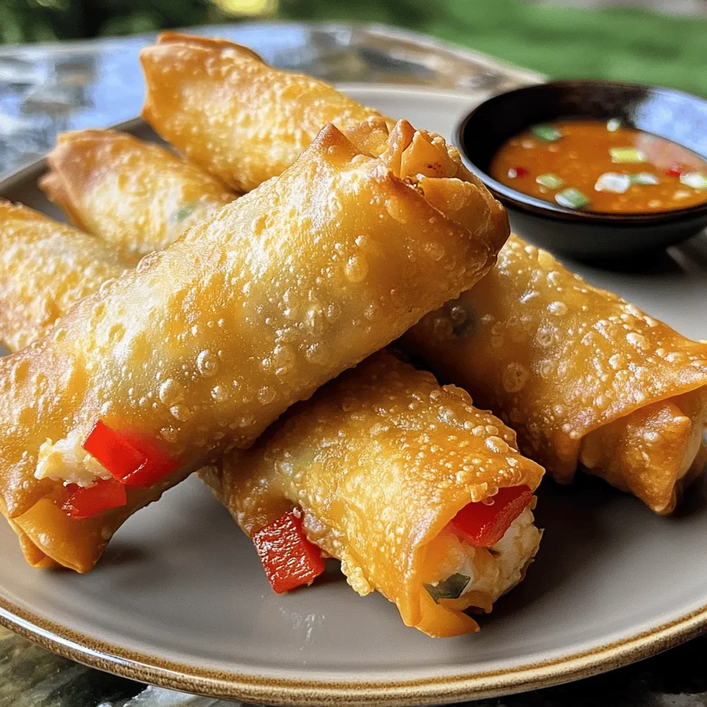To make delicious crab cake egg rolls, you need some key ingredients: - 8 oz lump crab meat, cooked and drained - 1/2 cup breadcrumbs - 1/4 cup mayonnaise - 1/4 cup diced red bell pepper - 1/4 cup green onions, chopped - 1 tablespoon Dijon mustard - 1 teaspoon Old Bay seasoning - 1/2 teaspoon garlic powder - 1 pack of egg roll wrappers (10-12 wrappers) - Oil for frying - Sweet chili sauce for dipping Each ingredient plays a big role. The lump crab meat gives the rolls that sweet seafood taste. The breadcrumbs help bind the mixture together and add texture. Mayonnaise keeps it moist, while the peppers and onions add fresh crunch. Old Bay seasoning gives it that classic seafood flavor. You can swap out some ingredients if you want. If you can’t find crab, try shrimp or even canned tuna. For a lighter option, use Greek yogurt instead of mayonnaise. If you want a kick, add some chopped jalapeños. For a gluten-free version, use gluten-free breadcrumbs and wrappers. These crab cake egg rolls are not just tasty; they have good nutrition too. Each roll has protein from crab and healthy fats from mayonnaise. They are a fun treat but should be enjoyed in moderation. Here’s a rough idea of the nutrition per egg roll: - Calories: 150 - Protein: 8g - Carbohydrates: 12g - Fat: 8g - Fiber: 1g Remember, these figures can change based on the brand of ingredients you use. To find the full recipe, check out the details above for all the steps to make these crispy delights. Start by gathering all your ingredients. In a large bowl, mix: - 8 oz lump crab meat, cooked and drained - 1/2 cup breadcrumbs - 1/4 cup mayonnaise - 1/4 cup diced red bell pepper - 1/4 cup green onions, chopped - 1 tablespoon Dijon mustard - 1 teaspoon Old Bay seasoning - 1/2 teaspoon garlic powder Gently stir these ingredients together. Be careful not to break the crab meat too much. You want nice chunks for a great bite. This mixture gives the egg rolls their yummy crab flavor. Next, lay out an egg roll wrapper on a clean surface. Make sure one corner points toward you. Place about 2 tablespoons of your crab mixture in the center of the wrapper. Fold the bottom corner over the filling. Next, fold the side corners in, creating a nice seal. Then, roll the wrapper tightly away from you. Use a touch of water on the edges to help seal it. This step keeps the filling inside while frying. Repeat this process with the rest of the wrappers and crab mixture until you have a nice stack of rolls ready to fry. Now, it’s time to fry your egg rolls. Heat 2 inches of oil in a deep skillet or pot over medium heat. Aim for a temperature of 350°F (175°C). Carefully add a few egg rolls to the hot oil. Fry them in small batches. This avoids overcrowding and helps them cook evenly. Cook each egg roll for about 3-4 minutes. Flip them halfway through to get both sides golden brown and crispy. Once done, use a slotted spoon to remove the egg rolls. Drain them on paper towels to get rid of excess oil. Enjoy your crab cake egg rolls hot with sweet chili sauce for dipping. You can find the full recipe above if you need a refresher! To keep your egg rolls closed, use a bit of water to seal them. After rolling, moisten the edges of the wrapper. This helps the egg roll stick and prevents it from opening while frying. Make sure to roll them tightly, so they hold their shape. If a few gaps appear, don’t worry! Just use more water to seal those spots. Sweet chili sauce is my favorite dip for these crab cake egg rolls. Its sweet and spicy taste pairs well with the rich crab flavor. You can also try a tangy lemon aioli or a zesty remoulade. For a simple option, mix soy sauce with a dash of sesame oil. These sauces will boost the flavor and make each bite even more delicious. Frying at the right temperature is key. Heat your oil to 350°F (175°C) for crispy results. If the oil is too hot, the outside will burn before the inside cooks. If it’s too cool, the egg rolls will absorb too much oil and become soggy. Fry in small batches to avoid crowding. This allows even cooking and crispiness. Aim for 3-4 minutes per batch, flipping them halfway for even browning. Follow these tips for perfect crab cake egg rolls every time! {{image_2}} You can make crab cake egg rolls gluten-free. Simply swap regular breadcrumbs for gluten-free ones. Many brands offer tasty gluten-free options. Check the label to ensure they are safe for your diet. Use rice paper wrappers instead of egg roll wrappers for a lighter option. This change makes the rolls crispy and fun to eat. Fry them until they are golden brown, just like the regular version. If you want a vegetarian or vegan version, replace crab meat with jackfruit or tofu. Shredded jackfruit mimics the texture of crab. Season it well to enhance the flavor. You can mix in vegetables like corn, spinach, or mushrooms. For vegan mayo, use chickpea-based or avocado-based mayo. This way, you keep the creamy texture without using eggs. These rolls can taste just as rich and satisfying. Add-ins can make your crab cake egg rolls even better. Consider mixing in some diced jalapeños for a spicy kick. Fresh herbs like cilantro or parsley add a bright flavor. Try adding a splash of lemon juice for a zesty twist. You can also include cheese like cream cheese or feta for creaminess. Each add-in gives you a new taste experience, making every batch unique. To store leftover crab cake egg rolls, let them cool first. Place them in an airtight container. Keep the container in the fridge. They stay fresh for about 3 days. If you want to keep them longer, freezing is a great option. When you are ready to eat leftover egg rolls, reheat them in the oven. Preheat your oven to 350°F (175°C). Place the egg rolls on a baking sheet. Heat them for about 10-15 minutes. This will help keep them crispy. You can also use an air fryer. Just set it to 350°F and cook for 5-8 minutes. Freezing crab cake egg rolls is easy and fun. After you prepare and roll them, place them on a baking sheet. Make sure they do not touch each other. Freeze them for about 1-2 hours. Once they are frozen, transfer them to a freezer bag. Label the bag with the date. They can last for up to 2 months in the freezer. When you want to enjoy them, just fry or bake them straight from the freezer. The best way to cook crab cake egg rolls is by frying them. Deep-frying gives them a golden color and a crisp texture. Heat oil to 350°F (175°C) before adding the rolls. Fry them in batches for about 3-4 minutes, flipping halfway through. This method keeps the crab filling moist and flavorful. Yes, you can bake crab cake egg rolls instead of frying. Preheat your oven to 400°F (200°C). Brush or spray the rolls with oil to help them crisp. Place the egg rolls on a baking sheet lined with parchment paper. Bake for about 20-25 minutes, flipping halfway through. They may not be as crispy, but they will still be tasty. To make homemade sweet chili sauce, combine the following in a small pot: - 1/2 cup sugar - 1/2 cup water - 1/4 cup rice vinegar - 2 tablespoons chili garlic sauce - 1 tablespoon cornstarch mixed with 2 tablespoons water Heat the pot over medium heat and stir until the sugar dissolves. Once it simmers, add cornstarch mix to thicken. Cook for 2-3 minutes, then let it cool. This sauce pairs perfectly with your crab cake egg rolls. For the full recipe, check the Crab Cake Egg Rolls section. You now have a complete guide to making delicious crab cake egg rolls. We covered key ingredients, step-by-step instructions, and valuable tips to ensure success. Whether you want to try gluten-free or vegan options, there’s a version for everyone. Remember to store leftovers correctly and reheat for the best taste. With practice, you’ll master the art of crispiness. Enjoy sharing your tasty creations with friends and family. Happy cooking!