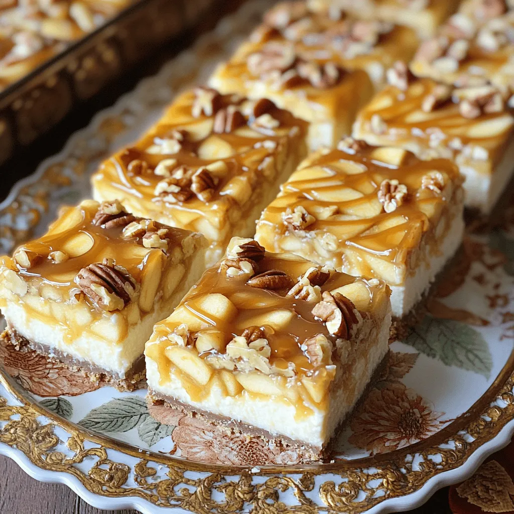- 1 ½ cups graham cracker crumbs - ½ cup unsalted butter, melted - ¼ cup granulated sugar for crust - 2 (8 oz) packages cream cheese, softened - 1 cup granulated sugar for cheesecake filling - 2 large eggs - 1 teaspoon vanilla extract - 2 cups peeled and diced apples - 1 teaspoon cinnamon - ½ teaspoon nutmeg - 1 cup caramel sauce - ¼ cup chopped pecans or walnuts (optional) These ingredients create layers of flavor and texture. The graham cracker crumbs form a buttery crust. Cream cheese gives the bars a rich, creamy filling. Apples add freshness and sweetness. Caramel sauce brings a sweet and gooey finish. For the best results, choose apples like Granny Smith or Honeycrisp. They add a nice tartness that balances the sweet caramel. You can use store-bought caramel sauce for convenience. Or, make your own for extra flavor. Don’t skip the spices! Cinnamon and nutmeg elevate the taste. They make the bars feel cozy and warm. If you want a crunch, add pecans or walnuts on top. They add texture and a nutty flavor. Follow the Full Recipe for precise measurements and steps to create these delicious bars. To start, gather your ingredients. Mix 1 ½ cups of graham cracker crumbs, ½ cup of melted unsalted butter, and ¼ cup of sugar in a medium bowl. Stir until the mixture looks like wet sand. Next, press this blend firmly into the bottom of your lined 9x13 inch baking pan. Make sure you cover the entire base evenly. This step is key for a solid crust. In a large bowl, beat 2 packages of softened cream cheese with 1 cup of sugar. You want this mix to be smooth and creamy. This takes about 2-3 minutes with a mixer. Now, add 2 large eggs one at a time, mixing well after each. Then, toss in 1 teaspoon of vanilla extract. Mix until everything is well combined. In another bowl, toss 2 cups of diced apples with 1 teaspoon of cinnamon and ½ teaspoon of nutmeg. Gently fold this apple mix into the cream cheese mixture. The apples add a nice texture and flavor. Next, pour the apple cheesecake filling over your cooled crust. Spread it evenly. Then, drizzle 1 cup of caramel sauce over the top. Use a knife to swirl the caramel into the mixture. This creates a pretty marbled effect. If you want, sprinkle ¼ cup of chopped pecans or walnuts on top. Bake your bars at 350°F for 30-35 minutes. The edges should set, but the center can still jiggle a bit. After baking, let the bars cool at room temperature. Then, chill them in the fridge for at least 3 hours. This cooling time helps them set nicely. Once chilled, lift the bars out using the parchment paper. Cut them into squares and drizzle with extra caramel if you like. You can find the full recipe linked here for more details. To make sure your bars set just right, chilling is key. After baking, let the bars cool at room temperature. Then, refrigerate them for at least three hours. This chilling time helps them firm up and makes slicing easier. You can check for doneness by gently shaking the pan. If the center wiggles slightly, that's okay. It will set as it cools. Presentation adds joy to your dessert. Serve the bars on a pretty platter. Garnish with thin apple slices and a drizzle of caramel sauce. This makes the dessert look great and taste even better. I recommend serving them cold. This helps enhance the creaminess of the cheesecake. A few common mistakes can ruin your bars. First, avoid overmixing the cheesecake filling. This can make the texture too airy. Mix just until smooth. Second, ensure the crust cools adequately. If it's warm when you add the filling, it can cause a soggy base. Follow these tips for perfect bars every time. For the complete recipe, check the [Full Recipe]. {{image_2}} You can still enjoy these tasty treats with a gluten-free crust. Use gluten-free graham cracker crumbs or ground oats. Mix them with melted butter and sugar just like the regular crust. Press this mixture into the pan to form a nice base. This way, everyone can enjoy the caramel apple cheesecake bars. Want to change things up? Add different spices or flavored cream cheese. Try ginger for a warm kick or even pumpkin spice for a fall twist. You can also use flavored cream cheese like vanilla or caramel for an extra tasty layer. These small changes can make a big difference in flavor. You can get creative with toppings too! Instead of nuts, try adding chocolate chips for a sweet touch. You can also use different nuts like almonds or pecans for crunch. Each topping choice can change the dessert to fit your mood or taste. To keep your caramel apple cheesecake bars fresh, use an airtight container. A glass or plastic container works well. Place parchment paper between layers to prevent sticking. These bars stay tasty in the fridge for up to five days. Yes, you can freeze these bars! Cut them into squares and wrap each piece tightly in plastic wrap. Then, place them in a freezer-safe bag. They freeze well for up to three months. When ready to enjoy, thaw them in the fridge overnight. If you want to serve them warm, reheat the bars gently. Place them in the oven at 300°F (150°C) for about 10 minutes. This keeps the texture nice and creamy. Avoid the microwave, as it can make them too soft. Enjoy your delicious treat! I love using Granny Smith or Honeycrisp apples for these bars. Granny Smith apples are tart and hold their shape well. Honeycrisp apples are sweet and crisp, adding great texture. You could mix these apples for more flavor. Avoid soft apples like Red Delicious; they don’t bake well. Yes, you can use store-bought caramel sauce. It saves time and still tastes great. Homemade caramel sauce adds a personal touch. Making it from scratch lets you control the flavor. If you want to try homemade, check the Full Recipe for details. You can make these bars a day in advance. Prepare them, then let them cool completely. Refrigerate them in an airtight container. This helps the flavors blend and set well. Just remember to let them chill for at least three hours before serving. Caramel Apple Cheesecake Bars are a delicious treat you can easily make at home. We covered the essential ingredients, step-by-step instructions, and tips. You learned how to avoid common mistakes, explore variations, and store your bars properly. These sweet bars combine rich cheesecake with spiced apples and caramel, ensuring a delightful dessert. Remember, the right apple and proper chilling will elevate your bars. Enjoy making this recipe and share it with loved ones!