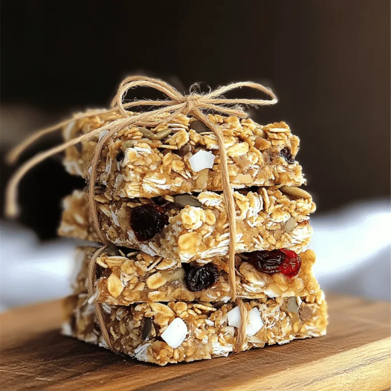 To make nut-free granola bars, start with these key ingredients: - 2 cups rolled oats - 1/2 cup sunflower seeds - 1/2 cup pumpkin seeds - 1/2 cup unsweetened shredded coconut - 1/2 cup honey or maple syrup - 1/4 cup coconut oil, melted - 1 teaspoon vanilla extract - 1/2 teaspoon cinnamon - 1/4 teaspoon salt These ingredients create a tasty base for your granola bars. Rolled oats give structure, while seeds add crunch. Shredded coconut brings a sweet flavor that pairs well with the honey or maple syrup. You can customize your granola bars with optional add-ins like: - 1/2 cup dried fruits (e.g., cranberries, apricots, or raisins) - Optional: 1/2 cup chocolate chips or carob chips Adding dried fruit keeps your bars chewy and adds natural sweetness. Chocolate or carob chips provide a delightful treat for chocolate lovers. Feel free to mix and match to suit your taste! If you want to switch things up, here are some ingredient substitutions: - Honey vs. maple syrup: Both work well as sweeteners. Choose maple syrup for a vegan option. - Coconut oil alternatives: You can use butter or even vegetable oil if you prefer. - Gluten-free options: Oats can be gluten-free. Just check the label to be sure. These substitutions help you tailor the recipe to fit your needs. They also keep the recipe fun and flexible! For the full recipe, check out Nut-Free Granola Bars. First, preheat your oven to 350°F (175°C). This helps your bars bake evenly. Next, line an 8x8 inch baking dish with parchment paper. Leave some paper hanging over the edges. This makes it easy to lift the bars out later. Now, mix the dry ingredients in a large bowl. Combine 2 cups of rolled oats, 1/2 cup of sunflower seeds, 1/2 cup of pumpkin seeds, and 1/2 cup of shredded coconut. Add 1/2 teaspoon of cinnamon and 1/4 teaspoon of salt to enhance the flavor. Stir everything well so that the seeds and oats are evenly mixed. In a separate bowl, whisk together the wet ingredients. Use 1/4 cup of melted coconut oil, 1/2 cup of honey or maple syrup, and 1 teaspoon of vanilla extract. Mix until everything is smooth. Pour the wet mixture into the dry ingredients. Stir until all the oats and seeds are coated. This step is key for good flavor. Next, fold in 1/2 cup of dried fruits like cranberries or raisins. If you love chocolate, add 1/2 cup of chocolate chips too. This gives a nice sweet touch. Transfer the mixture to your prepared baking dish. Press it down firmly. This helps the bars hold their shape. Bake for about 20 to 25 minutes. Check for a golden brown color on the edges. That’s how you know they are done. After baking, let the granola cool in the pan for at least 15 minutes. Use the parchment paper to lift it out. Place it on a cutting board. Once it cools completely, cut it into bars or squares. Enjoy your tasty nut-free granola bars! For the full recipe, check the provided details above. To get the best texture, press the mixture down firmly in your baking dish. This helps the bars hold together well. If you skip this step, your bars may crumble. After pressing, bake until the edges turn a nice golden brown. This color means they are done and will taste great. For short-term storage, keep your granola bars in an airtight container at room temperature. They will stay fresh for about a week. For long-term storage, freeze the bars after cutting them. Wrap each bar in plastic wrap and store them in a freezer bag. They can last for up to three months. Just take them out a few hours before you want to eat them. You can easily change the recipe based on your needs. For a fruity twist, try adding dried mango or apricots. If you want a spicy flavor, mix in some cinnamon or nutmeg. You can also swap honey for maple syrup to make them vegan. These simple changes help you create a bar that fits your taste and diet. For more inspiration, check out the Full Recipe for additional ideas! {{image_2}} You can have fun with flavors in your nut-free granola bars. Here are two tasty ideas: - Tropical coconut and mango: Add dried mango pieces and extra coconut. This mix gives a fresh, sunny taste. It's like a vacation in a bar! - Spicy cinnamon and apple: Mix in dried apples and a bit more cinnamon. This combo creates a warm, cozy flavor. Perfect for fall! You might have different needs, so here are some options: - Vegan nut-free granola bars: Use maple syrup instead of honey. This swap makes the bars vegan-friendly. Check that your chocolate chips are also dairy-free. - Low-sugar or sugar-free options: Try using mashed bananas or applesauce as a sweetener. These options cut down on sugar and add natural sweetness. Granola bars come in different formats to suit your taste: - Granola bites vs. traditional bars: You can shape the mixture into small balls instead of pressing it into a pan. These bites are fun and easy to grab! - No-bake granola bar recipes: You can skip the oven too! Just mix the ingredients and chill them in the fridge until firm. This method saves time and energy. Try these variations to find your favorite nut-free granola bar! For a complete guide, check the Full Recipe. To keep your nut-free granola bars fresh at room temperature, wrap them tightly in plastic wrap. You can also store them in an airtight container. Place them in a cool, dry spot. Avoid direct sunlight and heat to maintain their taste and texture. It's best to let the bars cool completely before storing them. This helps prevent moisture buildup, which can make them soggy. If you want to save some bars for later, freezing is a great option. Wrap each bar in plastic wrap, then put them in a freezer-safe bag. This keeps them fresh for up to three months. When you're ready to eat, take out a bar and let it thaw at room temperature for about 30 minutes. You can also warm it in the microwave for 10 to 15 seconds if you prefer a softer texture. In your pantry, nut-free granola bars will last about one week. The freezer can extend their life to three months. Always check for spoilage signs before eating. Look for any off smells or changes in color. If the bars feel hard or crumbly, it might be time to toss them. Proper storage helps keep your nut-free granola bars tasty and safe to eat. Can I make nut-free granola bars without oats? Yes, you can make nut-free granola bars without oats. Instead, use puffed rice or quinoa flakes. These will give your bars a nice texture. Just mix them with seeds and dried fruits for flavor. What is a good binder for nut-free granola bars? A good binder is honey or maple syrup. They help hold all ingredients together. You can also use brown rice syrup for a vegan option. This will keep your bars chewy and tasty. How do nut-free granola bars compare nutritionally to regular ones? Nut-free granola bars can be just as healthy as regular bars. They often have lower fat since they lack nuts. However, they still offer fiber from oats and seeds. Check the labels for added sugars to ensure you pick a healthy option. Caloric intake and serving tips Each bar usually has about 150-200 calories. For a balanced snack, pair one with fruit or yogurt. This adds vitamins and protein to your meal. Recommended stores and brands for nut-free granola bars You can find nut-free granola bars at most grocery stores. Look for brands like Nature Valley or MadeGood. They offer tasty options without nuts. Online resources for purchasing ingredients You can buy ingredients for nut-free granola bars online. Websites like Amazon or Thrive Market have everything you need. You can also find organic options for a healthier choice. For the full recipe, check out your favorite food blogs or recipe sites. Making nut-free granola bars is easy and fun. We covered key ingredients, optional add-ins, and ways to customize your recipe. You can make bars that fit your taste and diet. With simple steps, you can bake not just tasty snacks, but healthy ones too. Remember to store them correctly for the best flavor. This recipe can suit everyone, even those with nut allergies. Enjoy your homemade bars as a perfect snack or treat. Your journey to making great nut-free granola bars starts now!