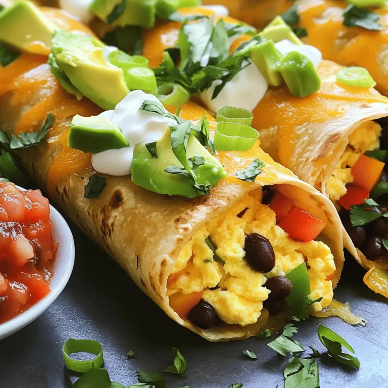 - 4 large flour tortillas - 6 large eggs - 1 cup cooked and seasoned black beans (or canned, drained and rinsed) - 1 cup shredded sharp cheddar cheese - 1/2 cup diced bell peppers (mixed colors for a vibrant look) - 1/2 cup chopped green onions - 1 avocado, sliced - 1/2 teaspoon cumin - 1/2 teaspoon smoked paprika - Salt and pepper, to taste - 1 tablespoon olive oil - Salsa and sour cream, for serving (optional) When measuring ingredients, use dry measuring cups for solids. For liquids, use a liquid measuring cup. Fresh ingredients taste best. If you can, use organic eggs and fresh veggies. Dice the bell peppers small for even cooking. Chop green onions finely for a nice flavor. If you don’t have flour tortillas, try corn tortillas or whole wheat. You can replace black beans with refried beans or pinto beans. Cheddar cheese works well, but feel free to use pepper jack for a spicy kick. If you want a creamy texture, use Greek yogurt instead of sour cream. Gather all your ingredients first. You need: - 4 large flour tortillas - 6 large eggs - 1 cup cooked and seasoned black beans (or canned, drained and rinsed) - 1 cup shredded sharp cheddar cheese - 1/2 cup diced bell peppers (mixed colors for a vibrant look) - 1/2 cup chopped green onions - 1 avocado, sliced - 1/2 teaspoon cumin - 1/2 teaspoon smoked paprika - Salt and pepper, to taste - 1 tablespoon olive oil - Salsa and sour cream, for serving (optional) Dice the bell peppers and chop the green onions. Slice the avocado and set it aside. Make sure to chop everything small for easy eating. Heat your olive oil in a medium skillet over medium heat. Add the diced bell peppers. Sauté them for 3-4 minutes. You want them soft but not mushy. In a bowl, whisk the eggs. Add the cumin, smoked paprika, salt, and pepper. Pour this mixture into the skillet with the cooked bell peppers. Stir gently until the eggs are just set. This takes about 3-5 minutes. Now, take the skillet off the heat. Stir in the black beans, shredded cheese, and chopped green onions. Mix well. The cheese should begin to melt slightly. Lay a tortilla flat on a plate. Spoon a good amount of the egg mixture into the center. Top it with a few avocado slices. Fold the edges of the tortilla over the filling. Then roll it up from the bottom to enclose everything. For a crispy finish, you can place the burritos seam-side down in the same skillet. Cook them for 2-3 minutes on each side until they are golden. Serve by cutting each burrito in half. Enjoy with salsa and sour cream if you like. This recipe is not just easy; it is also a great way to start your day. For the complete recipe, check the Full Recipe above. To make your eggs fluffy, whisk them well before cooking. This creates air pockets. Use a medium heat for cooking. High heat can dry out your eggs. Stir gently in the skillet to keep them soft. Cook until they are just set. This takes about 3 to 5 minutes. If you want to keep your burritos warm, wrap them in foil. This keeps the heat in. You can also place them in a warm oven. Set the oven to a low temperature, around 200°F. This way, your burritos stay warm without cooking more. Store any leftover burritos in an airtight container. This keeps them fresh for up to three days. To reheat them, use the microwave for one to two minutes. You can also use a skillet on low heat. Heat them gently to avoid sogginess. For longer storage, wrap them in foil and freeze them. They can last up to three months this way. For the full recipe, check the section on ingredients and steps. {{image_2}} You can easily make vegetarian or vegan breakfast burritos. For a vegetarian option, skip the eggs and use tofu instead. Crumble firm tofu and sauté it with bell peppers and seasonings. For a vegan burrito, replace eggs with scrambled tofu and add nutritional yeast for a cheesy flavor. Use plant-based cheese for a creamy touch. Black beans, avocado, and a mix of veggies create a filling meal. For extra protein, add cooked sausage or bacon. These meats boost the flavor and make the burrito hearty. Try turkey or chicken sausage for a leaner choice. If you prefer plant-based, consider lentils or chickpeas. These options add texture and nutrients. Pair them with the eggs or tofu for a satisfying breakfast. Spice up your burritos with different seasonings. Try adding chili powder or cayenne for heat. Fresh herbs like cilantro or parsley brighten the flavor. You can also mix in some salsa or hot sauce for a kick. Don’t forget about cheese! Different types, like pepper jack or feta, can change the taste. Experiment with these variations to find your favorite twist on the classic burrito. For a recipe that includes these ideas, check out the Full Recipe. After you make your savory breakfast burritos, let them cool first. Place the cooled burritos in an airtight container. This helps keep them fresh. You can store them in the fridge for up to three days. If you want to enjoy them longer, consider freezing. To freeze burritos, wrap each one tightly in foil or plastic wrap. This prevents freezer burn. Then, place the wrapped burritos in a freezer-safe bag. Write the date on the bag so you remember when you made them. Frozen burritos can last up to three months. When you're ready to eat, take the burrito out of the fridge or freezer. If it's frozen, let it thaw in the fridge overnight. To reheat, you can use the microwave or a skillet. For the microwave, heat on high for about 2-3 minutes, or until warm. If using a skillet, warm it over medium heat for about 5-6 minutes, turning occasionally. Enjoy your flavorful meal! Yes, you can use different tortillas. Flour tortillas are soft and easy to roll. You can also try corn tortillas for a gluten-free option. Whole wheat tortillas add fiber. Experiment with spinach or tomato tortillas for fun colors and flavors. Each type adds its own twist to the burrito. Savory breakfast burritos can be filled with many tasty items. Some popular choices include: - Scrambled eggs - Black beans or pinto beans - Cheddar or pepper jack cheese - Diced bell peppers and onions - Avocado or guacamole - Chorizo or bacon - Salsa or hot sauce Feel free to mix and match to find your favorite combo! Savory breakfast burritos can last up to four days in the fridge when stored properly. Wrap them in foil or plastic wrap to keep them fresh. For best taste, eat them within two days. If you want to keep them longer, consider freezing them for up to three months. Just remember to reheat them well before eating. For the full recipe, check out the complete guide. We covered the essential ingredients and preparation tips for your burrito. I shared step-by-step instructions to help you cook and assemble it perfectly. You also learned helpful tips for cooking techniques and storage options. With variations for dietary needs and flavors, there’s a burrito for everyone. Remember to experiment with different ingredients and enjoy your meals. Cooking can be fun and rewarding.