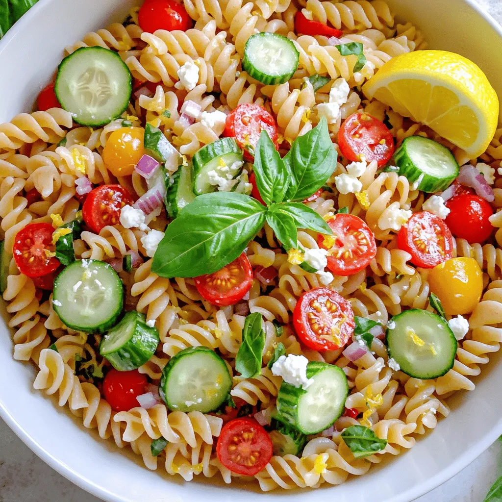 - 8 oz whole wheat fusilli pasta - 1 cup cherry tomatoes, halved - 1 medium cucumber, diced - 1/2 cup red bell pepper, diced - 1/4 cup red onion, finely chopped - 1/2 cup fresh basil leaves, torn - Zest and juice of 1 large lemon - 3 tablespoons extra-virgin olive oil - Salt and pepper to taste - 1/4 teaspoon garlic powder When making Lemon Basil Pasta Salad, I focus on using fresh and vibrant ingredients. The whole wheat fusilli pasta adds a nice texture and is a healthier choice. You want to make sure you have ripe cherry tomatoes. They bring sweetness and color to the dish. Next, I like to add a medium cucumber for crunch. The red bell pepper adds a lovely pop of color and sweetness too. When it comes to the onion, I choose a red one because it’s milder and adds a nice bite without being too strong. Fresh basil is key in this recipe. I tear the leaves to release their lovely aroma. Zest and juice from a large lemon brighten the salad and tie all the flavors together. Don’t forget the extra-virgin olive oil, which gives the dressing a smooth finish. Season with salt, pepper, and a dash of garlic powder for depth of flavor. - 1/3 cup crumbled feta cheese - Other seasonal vegetables or herbs For extra flavor, I often add crumbled feta cheese. It’s creamy and salty, which balances the freshness of the salad. You can also mix in any seasonal vegetables or herbs you like for variety. - Large pot - Mixing bowl - Small whisk or fork - Ladle or serving spoon Having the right tools makes cooking easier. You will need a large pot for boiling the pasta. A mixing bowl helps combine everything well. A small whisk or fork works great for mixing the dressing. Finally, use a ladle or serving spoon to serve the salad. For the full recipe, check out the detailed steps I crafted to make this dish shine. To start, boil a large pot of salted water. This adds flavor to the pasta as it cooks. Add 8 oz of whole wheat fusilli and cook it according to the package instructions. This usually takes about 8 to 10 minutes. You want the pasta to be al dente, which means it should be firm but not hard. Once it’s cooked, drain it in a colander. Rinse the pasta under cold water. This stops the cooking process and cools it down. Set the pasta aside in a bowl. While the pasta cooks, you can chop the fresh vegetables. Take 1 cup of cherry tomatoes and cut them in half. Dice 1 medium cucumber, 1/2 cup of red bell pepper, and 1/4 cup of red onion. Make sure the pieces are small for easy eating. Place all the chopped vegetables in a large mixing bowl. This bowl will hold all the tasty ingredients. Now, it’s time to mix everything. Add the pasta to the bowl with the chopped vegetables. Toss them together gently to combine. Next, we need to make the dressing. In a small bowl, whisk together the zest and juice of 1 large lemon, 3 tablespoons of extra-virgin olive oil, 1/4 teaspoon of garlic powder, and a pinch of salt and pepper. Taste the dressing and adjust if you need more salt or pepper. Pour the dressing over the pasta and vegetables. Add 1/2 cup of torn basil leaves and 1/3 cup of crumbled feta cheese if you want. Toss it all again until well coated. Cover the salad with plastic wrap and chill it in the fridge for at least 30 minutes. This allows the flavors to meld together. Enjoy your fresh and vibrant dish! For the complete details, check out the Full Recipe. To cook pasta to al dente, boil salted water. Add the whole wheat fusilli and stir. Check the package for cooking time, usually around 8-10 minutes. Taste a piece before draining. It should be firm but not hard. Rinsing the pasta is key. After draining, run cold water over it. This stops cooking and keeps it from sticking. It also helps the pasta absorb the dressing better later. For dressing flavors, I recommend using fresh lemon juice and zest. It brightens the dish. A little garlic powder adds depth. Adjust salt and pepper to your taste for the perfect balance. Serve the pasta salad cold or at room temperature. It tastes great right after chilling. For visual appeal, use a large white bowl. This makes the colors pop. Add extra basil leaves on top for a fresh look. A lemon wedge on the side also adds a nice touch. Pair this salad with protein like grilled chicken or shrimp. It makes a full meal. You could also try it with chickpeas for a vegetarian option. Want to spice things up? Add red pepper flakes for heat. You can also try different dressings. A balsamic vinaigrette works well too. Seasonal ingredients boost freshness. Think about adding snap peas in spring or roasted zucchini in summer. These ingredients bring new flavors. Using fresh herbs like parsley or mint can intensify flavors. A mix of herbs makes it even better, so feel free to experiment! For the full recipe, check the Lemon Basil Pasta Salad section above. {{image_2}} You can easily make this lemon basil pasta salad fit different needs. For gluten-free options, try using gluten-free pasta. Many brands offer tasty varieties that hold up well in salads. If you want a vegan dish, simply leave out the feta cheese. The salad will still taste great with the fresh veggies and lemon. For those on a low-carb or keto diet, swap the pasta for spiralized zucchini. This keeps the dish light while still being filling. To elevate the taste, add some citrus twists. Lime or orange juice can give the salad a new zing. Incorporating grilled or roasted vegetables adds depth. Grilled zucchini or peppers can enhance the flavor and texture. Don’t shy away from experimenting with different cheeses or nuts. A sprinkle of goat cheese or toasted pine nuts can give it a unique flair. If you're hosting a larger gathering, you can scale this recipe easily. Just double the ingredients for a bigger batch. You can also switch the base. Quinoa or barley can work well and add more nutrients. To boost the protein content, consider adding cooked chicken or chickpeas. These additions can make the salad more filling and satisfying. For the Full Recipe, check earlier sections. This dish offers endless possibilities to suit your taste and needs. To keep your Lemon Basil Pasta Salad fresh, store it in an airtight container. This helps keep moisture in and air out. Place the salad in the fridge right after serving. For best taste, eat it within three days. If your salad has dressing, try to keep it separate. This keeps the pasta from getting soggy and helps the flavors stay bright. Can you freeze pasta salad? Yes, but it’s not the best choice. Freezing can change the texture of the pasta and veggies. If you want to freeze it, do so right after making it. Avoid freezing the dressing. Instead, store it in a separate container. When freezing, use freezer-safe bags or containers. Label them with the date for easy tracking. To bring back the flavors after refrigeration, use a microwave or let it sit at room temperature. If using a microwave, heat in short bursts. Stir often to avoid hot spots. If you choose to serve it fresh, enjoy it within the first two days for the best taste. Reheating is fine, but you may lose some of the crispness of the veggies. For the best flavor, serve it cold or at room temperature for a refreshing experience. For pasta salad, I recommend using short pasta shapes. Good options include: - Fusilli - Penne - Farfalle These types hold dressing well and mix nicely with veggies. They trap the dressing in their curves, making every bite flavorful. You can keep this salad in the fridge for 3 to 5 days. Store it in an airtight container. Check for changes in smell or texture. If it smells off or looks slimy, it’s time to toss it out. Yes, making this salad a day ahead is great! The flavors will blend nicely. Just be sure to store it in the fridge. When you’re ready to eat, give it a good stir. You might want to add a bit of fresh lemon juice to brighten it up. Absolutely, this recipe is easy to customize. For common allergens: - Use gluten-free pasta for gluten issues. - Omit feta cheese if you are dairy-free. - You can swap out veggies if you have preferences. Feel free to mix in what you like! This pasta salad is fresh and easy to make. You learned about key ingredients, tools, and steps. I shared tips for perfecting your dish and serving it well. Many flavor twists and variations keep this salad exciting. Always store leftovers properly and know how to reheat them. Enjoying this meal is simple. You can customize it to fit your tastes and needs. Try this recipe at home, and you’ll impress your family and friends with your skills!