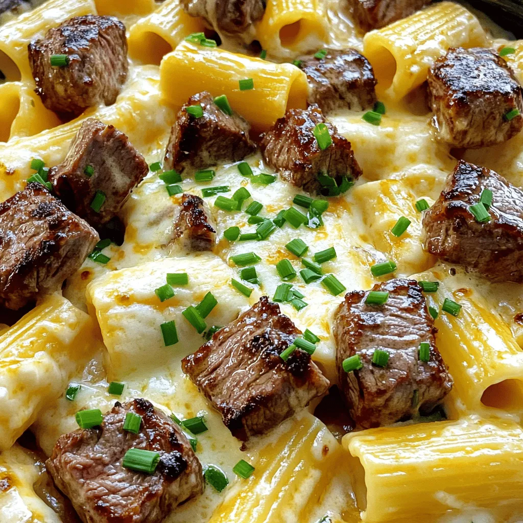 - 1 lb sirloin steak - 4 tablespoons unsalted butter - 4 cloves garlic - 2 cups rigatoni pasta - 1 cup heavy cream - 1 cup grated Parmesan cheese - 1 tablespoon fresh rosemary - Salt and pepper, to taste - 2 tablespoons chives for garnish When I prepare Garlic Butter Steak Tips with Cheesy Rigatoni, I focus on fresh, high-quality ingredients. I start with sirloin steak, which is tender and flavorful. You can cut it into bite-sized pieces. This makes it easy to cook and enjoy. Next, I use unsalted butter. It adds richness to the dish. I also include garlic for that wonderful aroma and taste. Fresh garlic makes a big difference. For the rigatoni, I prefer this pasta shape. It holds the creamy sauce well. Heavy cream and grated Parmesan cheese create a rich, cheesy sauce that pairs perfectly with the steak. To elevate flavors, I add fresh rosemary. It gives the dish a nice herbal note. Don’t forget salt and pepper for seasoning. Finally, I use chives for a bright garnish. They add color and a mild onion flavor. You can find the full recipe to create this dish in detail. It’s a meal that impresses every time! - Bring a large pot of salted water to a boil. - Add the rigatoni pasta and cook until al dente, about 10-12 minutes. - Drain the rigatoni and set it aside. - Season the sirloin steak cubes with salt and pepper. - In a large skillet, heat 2 tablespoons of butter over medium-high heat. - Add the steak in a single layer. Sear for 2-3 minutes on each side until browned. - Reduce the heat to medium and add the minced garlic and fresh rosemary. - Stir and cook for one minute to release the flavors. - Pour in the vegetable broth and heavy cream, mixing well. - Let it simmer for 3-4 minutes until slightly thickened. - Stir in the grated Parmesan cheese until it melts into the sauce. - Add the cooked rigatoni to the skillet and gently toss to coat. - Season with more salt and pepper to taste. - Top with shredded mozzarella cheese. Cover the skillet. - Let it sit for 2-3 minutes until the cheese is melted and bubbly. You can find the full recipe in the article above. - Searing tips for maximum flavor: To get the best flavor, heat your skillet until it’s very hot. Add butter, then the steak cubes. Don’t crowd the pan. This helps each piece brown well. Aim for a nice crust, which adds flavor. - Choosing the right cut of steak: For this dish, sirloin works great. It’s tender and flavorful. You can also try ribeye if you want more marbling. This adds richness to the dish. - Ensuring the pasta is al dente: Follow the cooking time on the package. Test a piece a minute before the time is up. It should be firm but not hard when you bite it. This texture holds up well in the sauce. - How to avoid sticky rigatoni: After draining the pasta, toss it with a little olive oil. This keeps the rigatoni from sticking together. Make sure to mix it well before combining it with the sauce. - Suggestions for additional herbs or spices: You can add thyme or oregano for more depth. A pinch of red pepper flakes can add some heat. Experiment with what you like best. Fresh herbs really brighten the dish. - Alternatives to cream for a lighter sauce: For a lighter option, use half-and-half or whole milk. You can also try cashew cream for a dairy-free choice. This keeps the sauce creamy without being too heavy. For the full details on making this dish, check the Full Recipe. {{image_2}} You can switch things up by using chicken or shrimp instead of steak. Both options bring great flavor. Chicken thighs work well because they stay juicy. For shrimp, large shrimp cook fast and add a nice sweetness. Just make sure to adjust your cooking time. If you prefer a vegetarian dish, try using mushrooms. Portobello or cremini mushrooms add a hearty texture. Sauté them until they are golden and tender. Cheese can change the whole dish. If you want a sharp flavor, try using aged cheddar or gouda. These cheeses melt well and add depth. For a lighter choice, feta cheese adds a nice tang. If you need a vegan option, look for plant-based cheeses. Many brands now offer great alternatives that melt nicely. Nutritional yeast can also give a cheesy flavor while keeping it dairy-free. Rigatoni is great, but you can try other pasta types too. Penne or fusilli work well and add fun shapes. If you're feeling adventurous, use spaghetti for a twist. For those avoiding gluten, there are many gluten-free pasta options available. Look for pasta made from rice or lentils. They cook up well and hold the sauce nicely. To explore the full range of flavors, check out the full recipe. To store leftovers, let the dish cool to room temperature. Place it in an airtight container. This keeps the flavors fresh. Use glass or BPA-free plastic containers. They help prevent odors and maintain taste. For freezing, portion the dish into smaller containers. This makes it easier to thaw. Wrap each container tightly with plastic wrap, then aluminum foil. This prevents freezer burn. When reheating, use a skillet over medium heat for best texture. Add a splash of water or broth to keep it moist. Stir often to heat evenly. Avoid the microwave if you can; it can make the cheese rubbery. Enjoy your meal again with all its yummy flavors! For the full recipe, check out the earlier sections. To make garlic butter steak tips, start with sirloin steak. Cut the steak into bite-sized cubes. Season them with salt and pepper. In a skillet, melt butter over medium-high heat. Sear the steak for 2-3 minutes on each side until browned. Add minced garlic and chopped rosemary. Cook for one more minute. Pour in vegetable broth and heavy cream, stirring well. Let it simmer for a few minutes. Add grated Parmesan cheese and more butter for creaminess. Finally, toss in cooked rigatoni, mix well, and top with mozzarella. You can follow the Full Recipe for detailed steps. Yes, you can use other pasta like penne, fusilli, or farfalle. Each type will change the texture a bit. Rigatoni holds the sauce well, but any pasta you enjoy will work. Just make sure to adjust cooking times based on the pasta you choose. To reheat cheesy rigatoni, use a skillet over low heat. Add a splash of milk or cream to keep it creamy. Stir often to prevent sticking. You can also use the microwave. Place it in a microwave-safe dish, cover with a lid, and heat in short bursts. Stir in between to ensure even heating. - Common issues and troubleshooting tips: - If it’s too dry, add a bit more cream. - If it’s too thick, add water or broth to loosen it. It takes about 30 minutes to prepare garlic butter steak tips with cheesy rigatoni. The prep time is around 10 minutes, and the cooking time is about 20 minutes. This quick process makes it a great choice for a weeknight meal. You learned how to make tasty garlic butter steak tips and cheesy rigatoni. Using fresh ingredients brings great flavor. Remember to sear the steak well for that perfect taste. You can switch proteins or cheese to fit your diet. Storing leftovers is simple and keeps them fresh. Enjoy cooking and sharing this meal with family or friends. Your kitchen will have amazing aromas, and everyone will love it. Embrace your inner chef and make delicious meals!