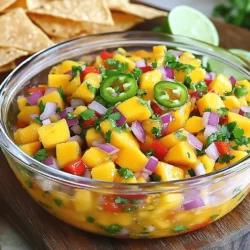 For a bright and tasty mango salsa, gather these fresh ingredients: - 2 ripe mangos, diced - 1 small red onion, finely chopped - 1 red bell pepper, diced - 1 jalapeño, deseeded and minced - 1/4 cup fresh cilantro, chopped - Juice of 2 limes - 1 tablespoon honey - Salt to taste You can add extra flavor with these optional ingredients: - 1 avocado, diced (for creaminess) - 1/2 cup corn (for sweetness) - 1/4 cup black beans (for protein) Choosing ripe mangos is key. Here’s how to select the best: - Look for skin that is mostly red or yellow. - Gently squeeze the mango. It should yield slightly. - Smell the stem end. It should have a sweet, fruity scent. - If you find hard mangos, leave them at room temperature for a few days to ripen. Enjoy making your mango salsa from the full recipe! Start with fresh ingredients. Choose ripe mangos that feel slightly soft. This means they are sweet. Next, finely chop your red onion. The onion adds a nice crunch and flavor. Dice the red bell pepper for sweetness. Remove seeds from the jalapeño, then mince it. This step controls the heat. Finally, chop the fresh cilantro. The herbs add brightness to the salsa. In a medium bowl, add the diced mangos, red onion, red bell pepper, and jalapeño. Pour in the lime juice and honey next. The lime juice brings tang, and honey adds sweetness. Use a spatula to mix gently. You want all the pieces to blend, but don’t mash them. Add salt to taste and adjust as you like. If you want creaminess, fold in diced avocado gently. For the best experience, let the salsa sit for 15-30 minutes. This allows the flavors to mix. Serve it with tortilla chips for a crunchy snack. You can also use it as a topping on grilled chicken. It adds freshness to any dish. Mango salsa works great on tacos too. Enjoy this vibrant and tasty dish with family and friends. For the complete recipe, check out the Full Recipe section. To boost the fresh taste of your mango salsa, always use ripe mangos. Look for fruit that gives a bit when you press gently. Adding lime juice brightens the flavors. Fresh cilantro also adds a burst of freshness. You can mix in some diced avocado for creaminess. This makes the salsa richer and more satisfying. One common mistake is not letting the salsa sit. Allowing it to rest for 15-30 minutes lets the flavors blend. Another mistake is using unripe mangos. They can taste hard and sour. Too much salt can also ruin the balance. Always start with a little and adjust to your taste. Lastly, be careful when chopping jalapeños. Always wear gloves to avoid burning your hands. To adjust the heat, first taste your salsa. If you want it spicier, add more jalapeño. For less heat, remove the seeds and veins from the jalapeño. You can also add a dash of hot sauce if you like. If the heat is too much, mix in more mango. This balances the spice and keeps the taste fresh. {{image_2}} You can mix mango with other fruits for fun flavors. Pineapple adds a sweet and tangy note. Try diced kiwi for a unique twist. Papaya also blends well and brings a tropical vibe. You can even add diced strawberries for a pop of color and sweetness. These fruit combos make your salsa fresh and exciting! If you like spice, add more jalapeño or even a serrano pepper. For a milder taste, use sweet bell peppers or skip the heat. You can also try a pinch of cayenne pepper. If you want to experiment, use smoked paprika for a warm flavor. Adjust the heat to fit your taste and impress your guests! Feeling creative? Swap the red onion for green onions. They add a fresh crunch and milder taste. If you want creaminess, try using Greek yogurt instead of avocado. You can also add a dash of cumin for an earthy flavor. These swaps let you create your own signature mango salsa. Check out the Full Recipe for more ideas! To keep your mango salsa fresh, store it in an airtight container. This helps prevent air from getting in. Place it in the fridge right after you make it. Avoid leaving it out too long, as it can spoil quickly. Mango salsa lasts about 3 days in the fridge. After that, it may lose its taste and texture. If you want to keep it longer, you can freeze it. Just remember to leave out any avocado before freezing. The avocado may turn brown when thawed. Use a freezer-safe container or bag to store it. To maintain the best flavor, consume the salsa within the first few days. If you notice any water pooling in the container, drain it off. This keeps your salsa from getting soggy. Always taste before serving. If it tastes off, it’s best to toss it. Enjoy your mango salsa while it's at its freshest! For the complete recipe, check out the Full Recipe section. You can enjoy mango salsa with many dishes. It pairs well with tortilla chips. The sweet and tangy flavors add great taste. Serve it over grilled chicken for a fresh twist. You can also use it on tacos or fish. Try it with shrimp for a tasty seafood option. The salsa brightens any meal with its vibrant colors and flavors. Yes, you can make mango salsa ahead of time. Prepare it a few hours before serving. This allows the flavors to blend nicely. However, if you add avocado, wait until serving time. Avocado can brown quickly. Store the salsa in an airtight container in the fridge. It stays fresh for about two days. Just give it a stir before serving. To add heat to your mango salsa, use more jalapeño. You can also try a serrano pepper for more spice. Make sure to remove the seeds for less heat. Another option is to add a pinch of cayenne pepper. Taste as you go to find your perfect spice level. Experimenting makes it fun and tailored to your taste. For the full recipe, check out the details above. You learned about making mango salsa, from ingredients to storage. Choosing fresh mangos helps your salsa shine. Preparing the right mix enhances flavor. Remember to avoid common mistakes for the best results. Explore variations for unique twists. With these tips and tricks, you can create a delicious treat. Enjoy your mango salsa with your favorite foods. Take your time to experiment and discover what you love. Fresh flavors await you in every bite!