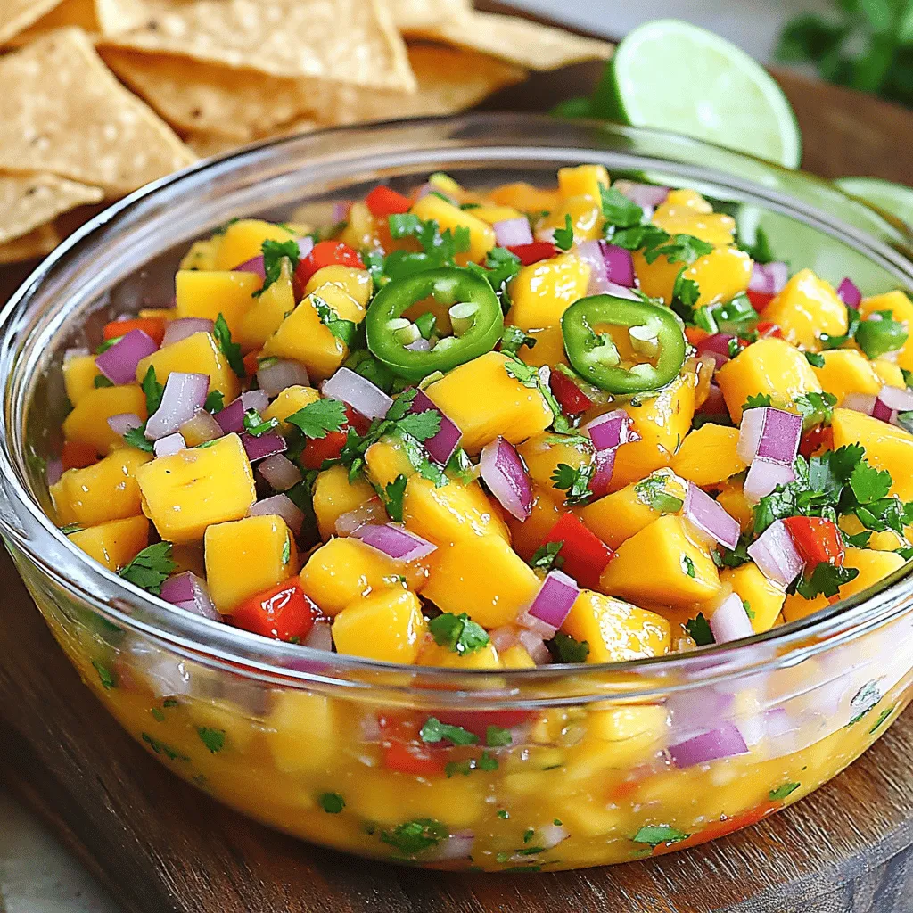 For a bright and tasty mango salsa, gather these fresh ingredients: - 2 ripe mangos, diced - 1 small red onion, finely chopped - 1 red bell pepper, diced - 1 jalapeño, deseeded and minced - 1/4 cup fresh cilantro, chopped - Juice of 2 limes - 1 tablespoon honey - Salt to taste You can add extra flavor with these optional ingredients: - 1 avocado, diced (for creaminess) - 1/2 cup corn (for sweetness) - 1/4 cup black beans (for protein) Choosing ripe mangos is key. Here’s how to select the best: - Look for skin that is mostly red or yellow. - Gently squeeze the mango. It should yield slightly. - Smell the stem end. It should have a sweet, fruity scent. - If you find hard mangos, leave them at room temperature for a few days to ripen. Enjoy making your mango salsa from the full recipe! Start with fresh ingredients. Choose ripe mangos that feel slightly soft. This means they are sweet. Next, finely chop your red onion. The onion adds a nice crunch and flavor. Dice the red bell pepper for sweetness. Remove seeds from the jalapeño, then mince it. This step controls the heat. Finally, chop the fresh cilantro. The herbs add brightness to the salsa. In a medium bowl, add the diced mangos, red onion, red bell pepper, and jalapeño. Pour in the lime juice and honey next. The lime juice brings tang, and honey adds sweetness. Use a spatula to mix gently. You want all the pieces to blend, but don’t mash them. Add salt to taste and adjust as you like. If you want creaminess, fold in diced avocado gently. For the best experience, let the salsa sit for 15-30 minutes. This allows the flavors to mix. Serve it with tortilla chips for a crunchy snack. You can also use it as a topping on grilled chicken. It adds freshness to any dish. Mango salsa works great on tacos too. Enjoy this vibrant and tasty dish with family and friends. For the complete recipe, check out the Full Recipe section. To boost the fresh taste of your mango salsa, always use ripe mangos. Look for fruit that gives a bit when you press gently. Adding lime juice brightens the flavors. Fresh cilantro also adds a burst of freshness. You can mix in some diced avocado for creaminess. This makes the salsa richer and more satisfying. One common mistake is not letting the salsa sit. Allowing it to rest for 15-30 minutes lets the flavors blend. Another mistake is using unripe mangos. They can taste hard and sour. Too much salt can also ruin the balance. Always start with a little and adjust to your taste. Lastly, be careful when chopping jalapeños. Always wear gloves to avoid burning your hands. To adjust the heat, first taste your salsa. If you want it spicier, add more jalapeño. For less heat, remove the seeds and veins from the jalapeño. You can also add a dash of hot sauce if you like. If the heat is too much, mix in more mango. This balances the spice and keeps the taste fresh. {{image_2}} You can mix mango with other fruits for fun flavors. Pineapple adds a sweet and tangy note. Try diced kiwi for a unique twist. Papaya also blends well and brings a tropical vibe. You can even add diced strawberries for a pop of color and sweetness. These fruit combos make your salsa fresh and exciting! If you like spice, add more jalapeño or even a serrano pepper. For a milder taste, use sweet bell peppers or skip the heat. You can also try a pinch of cayenne pepper. If you want to experiment, use smoked paprika for a warm flavor. Adjust the heat to fit your taste and impress your guests! Feeling creative? Swap the red onion for green onions. They add a fresh crunch and milder taste. If you want creaminess, try using Greek yogurt instead of avocado. You can also add a dash of cumin for an earthy flavor. These swaps let you create your own signature mango salsa. Check out the Full Recipe for more ideas! To keep your mango salsa fresh, store it in an airtight container. This helps prevent air from getting in. Place it in the fridge right after you make it. Avoid leaving it out too long, as it can spoil quickly. Mango salsa lasts about 3 days in the fridge. After that, it may lose its taste and texture. If you want to keep it longer, you can freeze it. Just remember to leave out any avocado before freezing. The avocado may turn brown when thawed. Use a freezer-safe container or bag to store it. To maintain the best flavor, consume the salsa within the first few days. If you notice any water pooling in the container, drain it off. This keeps your salsa from getting soggy. Always taste before serving. If it tastes off, it’s best to toss it. Enjoy your mango salsa while it's at its freshest! For the complete recipe, check out the Full Recipe section. You can enjoy mango salsa with many dishes. It pairs well with tortilla chips. The sweet and tangy flavors add great taste. Serve it over grilled chicken for a fresh twist. You can also use it on tacos or fish. Try it with shrimp for a tasty seafood option. The salsa brightens any meal with its vibrant colors and flavors. Yes, you can make mango salsa ahead of time. Prepare it a few hours before serving. This allows the flavors to blend nicely. However, if you add avocado, wait until serving time. Avocado can brown quickly. Store the salsa in an airtight container in the fridge. It stays fresh for about two days. Just give it a stir before serving. To add heat to your mango salsa, use more jalapeño. You can also try a serrano pepper for more spice. Make sure to remove the seeds for less heat. Another option is to add a pinch of cayenne pepper. Taste as you go to find your perfect spice level. Experimenting makes it fun and tailored to your taste. For the full recipe, check out the details above. You learned about making mango salsa, from ingredients to storage. Choosing fresh mangos helps your salsa shine. Preparing the right mix enhances flavor. Remember to avoid common mistakes for the best results. Explore variations for unique twists. With these tips and tricks, you can create a delicious treat. Enjoy your mango salsa with your favorite foods. Take your time to experiment and discover what you love. Fresh flavors await you in every bite!