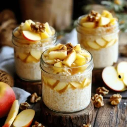 To make Apple Cinnamon Overnight Oats, you will need the following simple ingredients: - 1 cup rolled oats - 1 cup almond milk (or milk of choice) - 1 medium apple, grated - 1 tablespoon chia seeds - 1 teaspoon cinnamon - 1 tablespoon maple syrup (or honey) - 1/2 teaspoon vanilla extract - A pinch of salt - 1/4 cup chopped walnuts (optional) - Fresh apple slices and cinnamon for topping Each ingredient plays a key role in your oats. The rolled oats provide a hearty base, while almond milk adds creaminess. Grated apple gives sweetness and moisture, and chia seeds boost fiber. Cinnamon adds warmth and flavor, making each bite cozy. Maple syrup or honey sweetens it just right. A pinch of salt enhances all the flavors. If you like, add walnuts for crunch. Top with fresh apple slices and a sprinkle of cinnamon for a beautiful finish. For the full recipe, check out the detailed steps to create this delightful dish. - Combine all ingredients in a bowl. - Mix the oats, milk, grated apple, chia seeds, cinnamon, maple syrup, vanilla, and salt well. - Divide the mixture into two jars. - Cover the jars tightly and refrigerate overnight. - Stir the oats well before serving. - If too thick, add a splash of almond milk. - Top with fresh apple slices and a sprinkle of cinnamon. - You can also add chopped walnuts for extra crunch. - Choose a sweet apple, like Honeycrisp or Fuji, for a tasty flavor. - If you like it sweeter, add more maple syrup or honey. - For a fun twist, try mixing in some dried fruit or nuts. - Remember, the longer the oats soak, the softer they get. These steps will help you create a delicious breakfast that is easy and ready to go. For the full recipe, you can check the detailed instructions above. - Correct oat-to-liquid ratio: Use a 1:1 ratio of oats to liquid. This keeps the oats from being too dry or too mushy. - Refrigeration tips: Always store your oats in a sealed container. This keeps them fresh and prevents odors from other foods. - Pairing with yogurt or nuts: Add a scoop of yogurt for creaminess. A sprinkle of nuts adds a nice crunch. - Make it a meal prep staple: Prepare several jars at once. This saves time on busy mornings. - Breakfast or snack option: These oats are great for breakfast or a quick snack. They fuel your day with energy. - Meal prep advantage: They last well in the fridge. Enjoy them all week long for easy meals. {{image_2}} You can easily change up the taste of your Apple Cinnamon Overnight Oats. Try adding different fruits like berries or bananas. They add color and flavor. You can also switch out nuts and seeds. Almonds, pecans, or sunflower seeds work great. This keeps the recipe fresh and fun. If you need dairy-free options, use almond milk or coconut milk. These will still keep your oats creamy. For gluten-free oats, make sure to use certified gluten-free rolled oats. This way, everyone can enjoy this tasty dish. Toppings can make your oats even better. Try different sweeteners like honey, agave, or stevia. You can also play with spices. Add a pinch of nutmeg or ginger for a new twist. These simple changes will keep your breakfast exciting and delicious. For the full recipe, check out the Apple Cinnamon Overnight Oats 🥣. To keep your apple cinnamon overnight oats fresh, choose glass jars or airtight containers. These types of containers work well because they prevent air from getting in. Always make sure the lids fit tightly. For best results, store the jars in the fridge right after preparing them. This keeps the oats cold and ready to eat. In the fridge, your oats can last for about three to five days. They make a great meal prep option. If you want to keep them longer, you can freeze them. Just remember to use freezer-safe containers. When freezing, leave some space at the top. This allows the oats to expand. If you have leftovers, you can reheat them in the microwave. Heat them for about 30 seconds to a minute. Stir halfway through to ensure even warming. If the oats feel too thick, add a splash of almond milk. This helps keep the texture smooth and creamy. Enjoy them warm or cold, based on your preference! Yes, you can make Apple Cinnamon Overnight Oats ahead of time. I often prepare them the night before. This allows the oats to soak and become soft. You can store them in the fridge for up to five days. Just remember to keep the toppings separate until you're ready to eat. Use rolled oats for this recipe. They absorb the liquid well and give a nice texture. Quick oats will become too mushy, and steel-cut oats need more time to soften. Stick with rolled oats for the best results. Soaking overnight is key for great taste and texture. It allows the oats to absorb the almond milk and flavors. If you're short on time, soak them for at least four hours, but overnight is best. Absolutely! You can use any milk you prefer. Options include cow's milk, oat milk, or soy milk. Each type will give a different flavor. Feel free to experiment to find your favorite! For the full recipe, check out the detailed steps. This blog post covered how to make delicious Apple Cinnamon Overnight Oats. We discussed ingredients, preparation steps, tips, and variations for different diets. This recipe is tasty and easy. You can enjoy it for breakfast or a snack. Remember, using the right apple and adjusting sweetness makes a big difference. Store your oats correctly to keep them fresh. With these tips, you will create a healthy meal prep staple. Now, it’s your turn to experiment and enjoy!