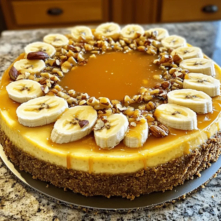 - 1 ½ cups graham cracker crumbs - ½ cup unsalted butter, melted - ¼ cup brown sugar - 1 teaspoon cinnamon - 16 oz cream cheese, softened - 1 cup granulated sugar - 3 large eggs - 2 ripe bananas, mashed - 1 teaspoon vanilla extract - ½ cup sour cream - ¼ cup all-purpose flour - ½ teaspoon baking powder - 1 cup sugar - 6 tablespoons unsalted butter - ½ cup heavy cream - Pinch of sea salt - ½ cup chopped mixed nuts (walnuts, pecans, or almonds) - 1 ripe banana, sliced for garnish To make this cheesecake, you need to gather all these tasty ingredients. Start with the crust. You’ll mix graham cracker crumbs with melted butter, brown sugar, and cinnamon. This mix gives your cheesecake a sweet and warm base. Next is the cheesecake filling. You need cream cheese, sugar, and eggs. The bananas add a nice flavor and smoothness. Don’t forget the vanilla, sour cream, flour, and baking powder. These ingredients create the perfect texture. For the caramel sauce, you will use sugar, butter, and heavy cream. The pinch of sea salt adds a nice touch. Finally, for the topping, you’ll need mixed nuts and a sliced banana. These make your cheesecake look and taste amazing. You can find the [Full Recipe] for all the steps and tips to create this delightful dessert. - In a bowl, mix graham cracker crumbs, melted butter, brown sugar, and cinnamon. - Press this mixture into a 9-inch springform pan and bake. - Beat cream cheese and granulated sugar until smooth and creamy. - Add mashed bananas, vanilla, eggs, sour cream, flour, and baking powder. Mix just until combined. - Pour the filling over the crust and bake at 325°F (160°C) for 50-60 minutes. - The center should be set but still jiggle slightly. Cool it in the oven for an hour, then refrigerate. - In a pan, heat sugar over medium heat until it turns golden brown. - Add butter and stir until melted. Slowly whisk in heavy cream for a smooth sauce. - Once the cheesecake has cooled, spread a layer of caramel sauce over the top. - Sprinkle chopped mixed nuts on top of the caramel. - Decorate with banana slices arranged nicely on top of the nuts. - Serve each slice with extra caramel drizzled on it. For the complete recipe, check out the Full Recipe link. To get the best texture, start with softened cream cheese. This helps mix it smoothly. When you add the eggs, mix gently. Overmixing can make the cheesecake dense and heavy. When making caramel sauce, stir constantly. This keeps it from burning. Once it turns a beautiful amber color, add the butter. Then, slowly whisk in heavy cream. Let it cool for a bit to thicken. For a pretty touch, use fresh banana slices on top. They add color and flavor. You can also serve the cheesecake with whipped cream or a scoop of ice cream. This adds creaminess and sweetness to each bite. {{image_2}} To make a chocolate twist, add chocolate chips to the filling. This gives the cheesecake a rich flavor. After baking, drizzle melted chocolate sauce on top. The chocolate complements the bananas and caramel perfectly. It adds a delightful sweetness that makes every bite special. If you want a nut-free cheesecake, substitute the nuts. You can use crushed graham crackers instead. Chocolate shavings are another great option. Both alternatives add a nice texture without the nuts. This keeps the cheesecake just as tasty for everyone. For a vegan version, swap out the cream cheese. Use vegan cream cheese to keep the creamy texture. Replace the eggs with aquafaba, which is the liquid from chickpeas. This will help bind the ingredients without using eggs. The flavors remain rich and satisfying, making it a great option for vegans. For more details, check out the Full Recipe. Store your cheesecake in an airtight container in the fridge. It will stay fresh for up to 5 days. This keeps the flavors intact. You can freeze slices for later enjoyment. Wrap each slice in plastic wrap, then in foil. This method keeps the cheesecake safe for up to 3 months. To enjoy your frozen cheesecake, thaw it in the refrigerator overnight. This slow thawing helps maintain the texture and taste. Enjoy it cold for a delightful treat. Yes, you can prepare it a day in advance. This helps the flavors blend better. It also makes serving easier. Just store it in the fridge once it's cooled. You can use digestive biscuits or Oreos. These options change the crust's taste. Both work well and give a nice twist to the cheesecake. The center of the cheesecake should be set but still slightly jiggly. This indicates it is not overbaked. A toothpick test can help too. Insert it into the edge; it should come out clean. You can bake it in a water bath to keep it moist. If cracks appear, cover them with caramel or whipped cream. This also adds flavor and looks pretty. I love using walnuts, pecans, or almonds. They add a great crunch and flavor. You can mix them for more texture. Each nut brings its own taste to the dish. This blog post shared a simple recipe for Banana Caramel Nut Cheesecake, covering every step. We explored ingredients for the crust, cheesecake filling, caramel sauce, and toppings. I provided tips for perfect texture and serving ideas to enhance your dessert. Making this cheesecake can bring joy to your kitchen. Enjoy the rich flavors and delight your friends and family with this treat.