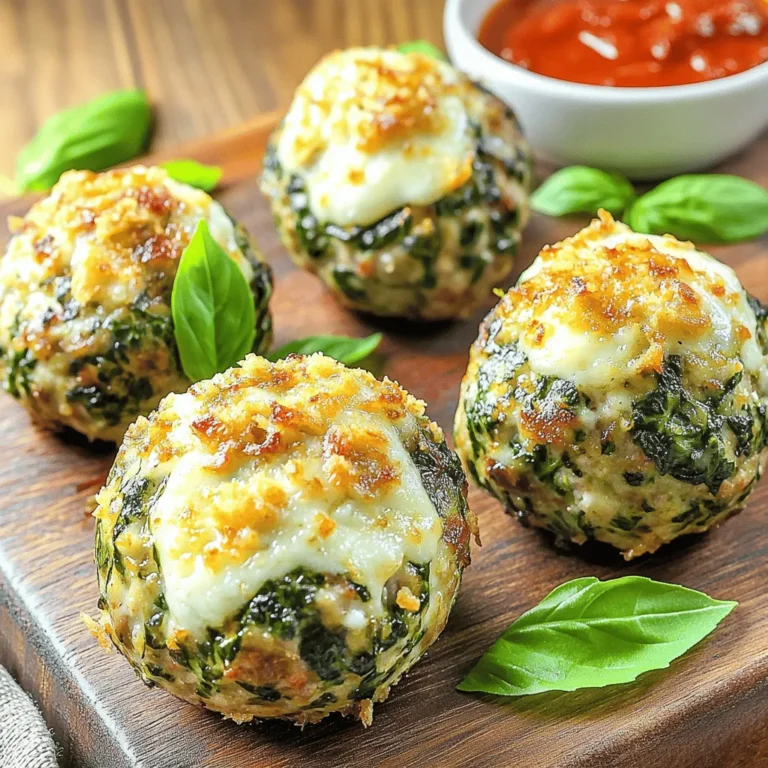 For these delightful meatballs, you will need: - 1 pound ground beef (or substitute with ground turkey) - 1 cup fresh spinach, finely chopped - 3 cloves garlic, minced - 1/2 cup breadcrumbs - 1/4 cup grated Parmesan cheese - 1 large egg - 1 teaspoon dried oregano - 1/2 teaspoon red pepper flakes (optional) - Salt and pepper to taste - 1 cup shredded mozzarella cheese - Olive oil for frying - Fresh basil for garnish These ingredients create a tasty mix of flavors. The fresh spinach adds color and nutrition. Garlic gives a nice kick. Mozzarella melts beautifully on top. You can make these meatballs friendly for many diets. If you want a leaner option, try ground turkey instead of beef. For a gluten-free version, use gluten-free breadcrumbs. You can also skip the egg. Instead, use flaxseed meal mixed with water as a binder. This works well for vegan diets too. Spices can change the whole dish. I love adding dried oregano for a warm, earthy flavor. Red pepper flakes bring a hint of heat, but they are optional. Feel free to adjust the salt and pepper to your taste. You can also try adding fresh herbs like parsley or thyme for a fresh twist. These small changes can make a big difference in flavor. To make Spinach Garlic Meatballs with Mozzarella, start by gathering all your ingredients. Here’s what you need: - 1 pound ground beef (or substitute with ground turkey) - 1 cup fresh spinach, finely chopped - 3 cloves garlic, minced - 1/2 cup breadcrumbs - 1/4 cup grated Parmesan cheese - 1 large egg - 1 teaspoon dried oregano - 1/2 teaspoon red pepper flakes (optional) - Salt and pepper to taste - 1 cup shredded mozzarella cheese - Olive oil for frying - Fresh basil for garnish Next, finely chop the spinach. Mince the garlic. This will let the flavors mix well. In a large bowl, combine the ground beef, spinach, garlic, breadcrumbs, Parmesan, egg, oregano, and red pepper flakes. Season this mix with salt and pepper. Use your hands to mix it all together. Be gentle; overmixing makes the meatballs tough. Heat a skillet over medium heat. Add some olive oil. With damp hands, shape the meat mixture into 1-inch meatballs. Carefully place them in the hot skillet. Cook until they turn brown on all sides. This should take about 5-7 minutes. You may need to do this in batches. Once browned, reduce the heat to low. Sprinkle mozzarella cheese on top of each meatball. Cover the skillet with a lid. Cook for another 5-7 minutes. This melts the cheese and makes it gooey. To get the cheese just right, keep the lid on while it cooks. This traps steam and helps the cheese melt evenly. If you want a crispy top, remove the lid for the last minute. This gives a nice, golden finish. For a fun twist, try adding different cheeses or herbs. Experimenting with flavors can make your meatballs even more delicious. Enjoy making these Spinach Garlic Meatballs with Mozzarella! You can find the full recipe included earlier. When making spinach garlic meatballs, avoid overmixing the meat. This makes them tough. Use your hands to gently mix all the ingredients. Keep the mixture light and fluffy. Also, ensure your skillet is hot before adding meatballs. If the pan is not hot, they won’t brown well. To keep meatballs moist, add fresh spinach. The spinach gives moisture and flavor. You can also use breadcrumbs soaked in water or milk. This helps keep the meatballs tender. Do not skip the egg; it binds the mixture and adds moisture. Serve meatballs on a rustic wooden board with toothpicks. This makes for easy serving. Garnish with fresh basil to add color. Pair with a small bowl of marinara sauce for dipping. For an extra touch, sprinkle more mozzarella on top before serving. For the full recipe, check the details above. {{image_2}} You can make meatballs without meat. Use cooked lentils or chickpeas instead. They add good flavor and texture. Mash them slightly and mix with the same ingredients. Add some grated carrot for a sweet touch. You can also use quinoa for a hearty base. Pair your meatballs with a sauce to boost taste. Marinara sauce is a classic choice. Its rich flavor complements the meatballs well. A creamy Alfredo sauce adds a nice twist. For a spicy kick, try a sriracha-infused sauce. You can even use pesto for a fresh taste. Want more nutrition? Add finely chopped carrots or bell peppers to the mix. They add color and vitamins. You can also mix in ground flaxseed for omega-3s. Another option is to use whole wheat breadcrumbs for fiber. These small changes make your dish healthier without losing flavor. Check the Full Recipe for more details. Store leftover spinach garlic meatballs in an airtight container. Keep them in the fridge. They stay fresh for up to three days. If you want to keep them longer, freezing is a great option. For reheating, use the oven for the best results. Preheat it to 350°F. Place the meatballs on a baking sheet. Heat them for about 15 minutes until they are hot. You can also use a microwave, but they may lose some texture. To freeze meatballs, let them cool completely first. Then, place them in a single layer on a baking sheet. Freeze them for a couple of hours until firm. After that, transfer the meatballs to a freezer bag. They can stay frozen for up to three months. When ready to eat, thaw them overnight in the fridge before reheating. For more details, check the Full Recipe. To check if the meatballs are done, look for a nice brown color. They should feel firm but springy when you touch them. The inside should no longer be pink. If you want to be sure, use a meat thermometer. The safe temperature is 160°F for ground beef or turkey. This way, you know they are fully cooked and safe to eat. Yes, you can make these meatballs ahead of time! Prepare them fully, but do not cook them. Place the raw meatballs on a baking sheet and freeze until solid. Then, transfer them to a freezer bag. You can freeze them for up to three months. When you are ready to cook, just thaw overnight in the fridge. Cook them as you normally would, and they will taste fresh. These meatballs go well with many sides! Here are some great options: - Pasta: Toss them with your favorite pasta and sauce. - Rice: Serve over white or brown rice for a hearty meal. - Salad: Pair with a fresh green salad for balance. - Bread: Enjoy with crusty bread or garlic bread for extra flavor. You can also serve them as appetizers. Just add toothpicks and a small bowl of marinara sauce for dipping. For the full recipe, check the earlier section! In this post, we explored key ingredients and cooking steps for making delicious meatballs. We discussed ingredient substitutions for different diets, tips for perfect cheese melting, and common mistakes to avoid. You also learned about vegetarian options and how to store leftovers properly. By following these tips, you can create tasty meatballs that impress everyone. With the right ingredients and methods, you'll enjoy every bite. Happy cooking!