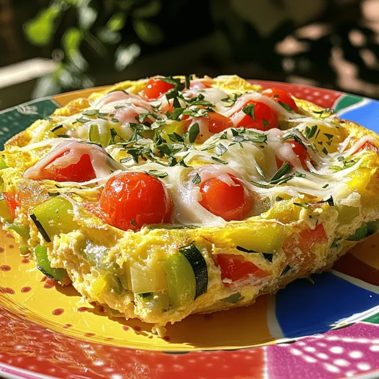 To make a savory vegetable frittata, gather these ingredients: - 6 large eggs - 1 cup milk - 1 cup bell peppers, diced (mixed colors) - 1 small zucchini, grated - 1 cup spinach, chopped - 1/2 cup red onion, finely chopped - 1 cup cherry tomatoes, halved - 1 cup shredded cheese (such as cheddar or feta) - 2 tablespoons olive oil - Salt and pepper to taste - Fresh herbs (like basil or parsley) for garnish You can add some optional ingredients to enhance flavor and nutrition: - Mushrooms, sliced - Broccoli, chopped - Asparagus, cut into pieces - Kale, chopped - Different cheese varieties, like goat cheese or mozzarella If you need substitutions, here are some ideas: - Use almond milk or oat milk instead of regular milk for a dairy-free option. - Swap out the eggs for a vegan egg substitute, like tofu or chickpea flour. - Instead of bell peppers, use any other veggies like carrots or sweet potatoes. - Use any cheese you have on hand, or skip it entirely for a lighter dish. This recipe is flexible, so feel free to mix and match based on what you have. For more details, check out the Full Recipe I provided! First, gather all the ingredients for your savory vegetable frittata. You will need: - 6 large eggs - 1 cup milk - 1 cup bell peppers, diced (mixed colors) - 1 small zucchini, grated - 1 cup spinach, chopped - 1/2 cup red onion, finely chopped - 1 cup cherry tomatoes, halved - 1 cup shredded cheese (such as cheddar or feta) - 2 tablespoons olive oil - Salt and pepper to taste - Fresh herbs (like basil or parsley) for garnish Next, preheat your oven to 350°F (175°C). This step is key for even cooking later. In a large bowl, whisk together the eggs and milk until they are well mixed. Add salt and pepper to taste. This mixture will be the base of your frittata. Now, it's time to cook the vegetables. Heat the olive oil in an oven-safe skillet over medium heat. Once hot, add the red onion. Sauté it for about 2-3 minutes until it turns translucent. Then, add the bell peppers and zucchini. Stir them occasionally for about 5 minutes until they soften. Next, toss in the chopped spinach and halved cherry tomatoes. Cook for another 2 minutes until the spinach wilts slightly. You want these veggies to blend well with the egg mixture. Pour the egg mixture over the sautéed veggies. Gently swirl the skillet to spread the eggs evenly. Then, sprinkle the shredded cheese on top. Cook on the stove for about 3-4 minutes until the edges begin to set. After that, transfer the skillet to your preheated oven. Bake for about 15-20 minutes. The frittata is done when the center is set and the top is lightly golden. Timing is everything for a perfect frittata. Keep an eye on it while it bakes. You want the center firm but not dry. If your oven runs hot, check it a few minutes early. For best results, let the frittata cool slightly before slicing. This helps it hold its shape. Always use a sharp knife for clean cuts. Serve it warm or at room temperature. It looks great on a colorful plate, garnished with fresh herbs. Enjoy your savory vegetable frittata! For the full recipe, check the earlier section. For a frittata with the right texture, focus on your egg mixture. Whisk the eggs and milk well; this adds air and fluffiness. Keep the heat low when cooking on the stove. This helps the edges set without burning. Let it bake just until the center is firm but not dry. A little jiggle is okay! Use an oven-safe skillet for best results. Start by sautéing your veggies in olive oil. This adds flavor and softens them. I recommend a medium heat for even cooking. When you pour in the egg mixture, gently swirl it. This ensures the eggs cover all the veggies. Cooking on the stove for a few minutes before baking helps set the edges. Finally, bake until golden on top to finish. Serve your frittata sliced on a colorful plate. Garnish with fresh herbs like basil or parsley. For a complete meal, pair it with a light side salad. You can enjoy it warm or at room temperature, making it great for any time of day. Explore the Full Recipe for more ideas on what to serve with it! {{image_2}} You can change the veggies in your frittata. Try using mushrooms, broccoli, or asparagus. Each adds a unique taste and texture. Carrots can add a sweet crunch. You can also use seasonal veggies for the best flavor. The key is to pick fresh, colorful vegetables. They not only taste great but also look good on your plate. Cheese can really change your frittata. You might like cheddar for a bold flavor. Feta gives it a tangy kick. If you want a creamy touch, try goat cheese. For a dairy-free option, use nutritional yeast. It adds a cheesy flavor without the dairy. Each cheese brings something special, so mix and match to find your favorite. Herbs and spices can take your frittata to a new level. Fresh herbs like basil or parsley add brightness. You might also enjoy adding thyme or oregano for warmth. A pinch of red pepper flakes can bring some heat. For a unique taste, try adding smoked paprika. Mix these in before cooking for the best flavor. Feel free to experiment and find what you love! For a detailed guide, check the Full Recipe. To keep your frittata fresh, let it cool first. Then, cut it into slices. Place the slices in an airtight container. Store the container in the fridge. It will last for up to four days. If you want to enjoy it later, freezing is a good option. When you are ready to eat, take out a slice. You can reheat it in the oven or microwave. If using the oven, set it to 350°F (175°C). Heat for about 10 minutes, or until warm. If using the microwave, heat for 1-2 minutes. Check if it's hot all the way through. To freeze your frittata, wrap each slice well in plastic wrap. Then, place them in a freezer bag. Don’t forget to label the bag with the date. You can freeze it for up to three months. When you are ready to eat, thaw it overnight in the fridge. After thawing, reheat as described above. Enjoy your Savory Vegetable Frittata fresh or from the freezer! For the full recipe, check out the details above. Yes, you can make a Savory Vegetable Frittata ahead of time. This dish is very versatile. You can cook it in advance and store it in the fridge. When you're ready to eat, just warm it up. This makes it great for busy mornings or quick lunches. You can serve a frittata with many sides. A fresh salad is a perfect match. You can also pair it with crusty bread or toast. For a heartier meal, add some roasted potatoes or fruit. Serving with a side helps balance the meal. A frittata lasts about 3 to 4 days in the fridge. To keep it fresh, store it in an airtight container. If you want to keep it longer, consider freezing slices. This way, you can enjoy it later without losing flavor or texture. For the full recipe, check the section above. We covered how to make a tasty frittata with easy steps and helpful tips. You learned about key ingredients, cooking methods, and how to store leftovers. Remember, a frittata is versatile. You can change the veggies, add herbs, or use different cheeses. With these ideas, you can create your unique dish. Now, you have the tools to impress at any meal. Enjoy your cooking!