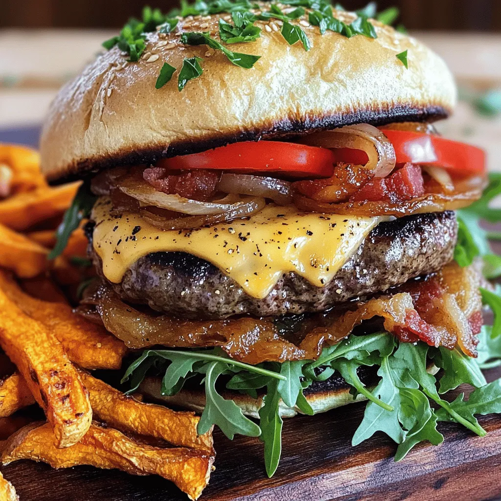 To make a great Irish pub burger, you need a few key items: - 1 lb ground beef (80/20 blend for juiciness) - 4 slices of Irish cheddar cheese - 4 brioche burger buns - 4 thick slices of crispy cooked bacon - 1 cup arugula or butter lettuce - 1 large tomato, sliced - ½ cup caramelized onions - ¼ cup creamy Irish mustard (or regular mustard) - Butter for toasting the buns Seasoning is vital for flavor. Here’s what you need: - 1 tsp garlic powder - 1 tsp onion powder - ½ tsp smoked paprika - ½ tsp black pepper - 1 tsp salt These seasonings add depth and a lovely taste to your burger, making each bite memorable. Toppings and condiments can elevate your burger. I recommend: - Crispy bacon for crunch - Fresh arugula or butter lettuce for a green touch - Slices of juicy tomato for freshness - Creamy Irish mustard for a zesty kick - Caramelized onions for a sweet, rich flavor These elements work together to create a juicy and flavorful burger. For the full recipe, follow the steps I’ve shared. Enjoy crafting your perfect Irish pub burger! To make the burger patties, start by taking a large mixing bowl. Add 1 lb of ground beef, 1 tsp of garlic powder, and 1 tsp of onion powder. Next, sprinkle in ½ tsp of smoked paprika, ½ tsp of black pepper, and 1 tsp of salt. Now, gently mix the ingredients together. Be careful not to press too hard; this keeps the meat tender. Divide the mixture into four equal parts. Shape each part into a patty. Make a small dent in the center of each patty. This helps them cook evenly. Preheat your grill or skillet to medium-high heat. Once hot, place the patties on the grill. Cook them for about 4-5 minutes on one side. You want a nice sear on the meat. After 4-5 minutes, flip the patties over. Add a slice of Irish cheddar cheese on each patty. Cook for another 3-4 minutes. The cheese should melt nicely, and the burger should be juicy. Aim for a medium doneness for the best flavor. Now it's time to assemble your burger. First, grab your toasted brioche buns. Spread a layer of creamy Irish mustard on the bottom half of each bun. Place a cheesed burger patty on top. Next, add a slice of fresh tomato. Top it with crispy bacon and a scoop of caramelized onions. Finally, add a handful of arugula or butter lettuce. Place the top half of the bun on your creation. If needed, secure it with a toothpick. Enjoy your delicious Irish Pub Burger! For the complete recipe, check the Full Recipe. To get the best burger texture, choose ground beef with a fat content of 20%. This gives you juicy burgers. Mix the meat gently with spices. Overworking the meat makes it tough. When shaping patties, make a small dip in the center. This keeps them flat while cooking. Cook them on medium-high heat for even doneness. Aim for 4-5 minutes on one side before flipping. Caramelizing onions takes time but is worth it. Start with a medium heat and a bit of oil. Slice your onions thinly for even cooking. Stir them often to avoid burning. After about 15 minutes, add a pinch of salt. This helps draw out the moisture. Cook until they are golden brown and sweet, about 30 minutes total. For extra flavor, add a splash of balsamic vinegar near the end. Toasting brioche buns gives them a nice crunch. First, melt some butter in a skillet over medium heat. Place the buns cut-side down in the skillet. Toast them until they are golden brown. This should take about 2-3 minutes. Keep an eye on them to prevent burning. You can also use a grill for a smoky flavor. Just make sure to watch them closely. For the full recipe, check out the Delicious Irish Pub Burger section. {{image_2}} If you want to change up the meat, you can use ground turkey or chicken. These options are leaner but still tasty. If you prefer plant-based, try using lentils or black beans. Both make a great base for a veggie burger. You can combine them with breadcrumbs for added texture. Just remember to adjust the cooking time, as these meats may cook differently. Toppings can make or break a burger. Try using blue cheese for a bold flavor or avocado for creaminess. You can also add pickled jalapeños for a spicy kick. For something sweet, consider adding apple chutney or pineapple slices. Mix and match these toppings to create your own unique flavor. Don't forget fresh herbs like cilantro or basil for a fresh touch. You can cook your Irish Pub Burger in several ways. Grilling adds a smoky flavor and nice char. If it’s rainy, use a skillet on the stove for easy cooking. Baking in the oven is another option. Just place the patties on a baking sheet and cook until they are done. Each method can give you a different taste and texture, so don’t be afraid to experiment. Check out the Full Recipe to guide your cooking. To keep your leftover Irish Pub burgers fresh, wrap each burger tightly in plastic wrap. Place the wrapped burgers in an airtight container. Store them in the fridge for up to three days. If you want to keep them longer, freezing is a great option. To reheat a burger, remove it from the fridge or freezer. If frozen, let it thaw in the fridge overnight. Preheat your oven to 350°F (175°C). Place the burger on a baking sheet and cover it with foil. Heat for about 10-15 minutes or until warm. This method helps keep the burger juicy. You can also use a skillet over low heat for about 5 minutes per side. If you want to save your burgers for later, freeze them after cooking. Let them cool completely first. Wrap each burger in plastic wrap, then place them in a freezer bag. Remove as much air as possible before sealing. They can last up to three months in the freezer. To enjoy, thaw in the fridge and reheat as mentioned above. For the Full Recipe, you can refer to the earlier sections. The best meat for an Irish Pub Burger is ground beef. I recommend using an 80/20 blend. This mix has enough fat to keep the burger juicy and flavorful. Fat is key for a great burger. It melts during cooking and adds taste. Leaner beef can be dry, while fattier cuts can be too greasy. Always choose good quality beef for the best results. To know when your burger is cooked perfectly, use a meat thermometer. Aim for 160°F for medium. This ensures the inside is safe to eat. If you don't have a thermometer, check the color. A well-cooked burger should be brown inside, not pink. Also, the juices should run clear. A little practice will help you get it just right. Yes, you can make these burgers ahead of time! Prepare the patties and refrigerate them for up to 24 hours. This helps the flavors meld together. You can also freeze the uncooked patties. Wrap them well, and they will last for about three months. Thaw them in the fridge before cooking for the best texture. To sum up, making a great Irish pub burger is easy with the right ingredients and steps. We covered the main ingredients, how to prepare patties, and cooking tips for the best taste. Remember the variations and storage info to enjoy these burgers later. These burgers can impress anyone. With practice, you’ll master this dish. Enjoy every bite you create!
