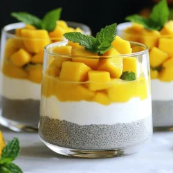 To make this tasty dessert, gather these main ingredients: - 1 cup coconut milk (canned or fresh) - 1/4 cup chia seeds - 2 tablespoons maple syrup (or honey) - 1 ripe mango, diced - 1 teaspoon vanilla extract - Pinch of salt These ingredients work together to create a creamy and flavorful pudding. The coconut milk gives a rich base. Chia seeds add texture and nutrition. The mango brings a sweet burst of flavor. You can add fun toppings to your pudding. Here are some ideas: - Fresh mint leaves - Extra mango pieces - Shredded coconut - Sliced almonds - A drizzle of honey These toppings not only look nice but also add different tastes and textures. Feel free to mix and match! Each ingredient adds health benefits: - Coconut milk: Contains healthy fats. It supports heart health and boosts energy. - Chia seeds: Packed with fiber, protein, and omega-3s. They help with digestion and keep you full. - Mango: Rich in vitamins A and C. It supports your immune system and skin health. - Maple syrup or honey: Natural sweeteners that can provide antioxidants. They also add a touch of flavor. This pudding is not just tasty; it also fuels your body with good nutrients. Enjoy a treat that feels indulgent but is good for you! To start, gather your ingredients. You need coconut milk, chia seeds, maple syrup, vanilla, salt, and mango. In a mixing bowl, whisk the coconut milk, maple syrup, vanilla, and a pinch of salt together. This mixture should blend well. Once combined, stir in the chia seeds. Make sure they spread evenly throughout the mix. Cover the bowl with plastic wrap or a lid. Now, it’s time to chill! Place the covered bowl in the fridge. Let it sit for at least four hours, but overnight is best. During this time, the chia seeds will absorb the liquid. They expand and create a thick, pudding-like texture. When you check it, you will see a nice, creamy consistency. If any clumps form, just stir it gently to break them apart. After chilling, it’s time to serve! Get some clear glasses or bowls for a pretty view. Start by adding a layer of chia pudding. Next, add a layer of diced mango on top. This creates a bright, colorful look. Repeat the layers until your glass is full. For a final touch, add more mango pieces and a mint leaf on top. This dessert looks great and tastes even better! You can find the full recipe [here](#). To get the best pudding texture, use fresh chia seeds. Old seeds may not thicken well. Stir the mixture well when you first add the seeds. This helps them spread evenly. Let the pudding rest for at least four hours, or overnight. This gives the seeds time to soak and expand. If the pudding is too thick, you can add a bit more coconut milk. This will make it creamier. You can adjust the sweetness to your taste. If you like a sweeter pudding, add more maple syrup or honey. Start with a little, then taste before adding more. Want extra flavor? Add a splash of fresh lime juice. You can also mix in spices like cinnamon or cardamom for a twist. These add warmth and depth to the dish. Topping with toasted coconut flakes can also enhance the flavor. A common mistake is not mixing the chia seeds well. If they clump together, you’ll get a lumpy pudding. Always whisk the chia seeds into the liquid thoroughly. Another mistake is not letting the pudding chill long enough. It needs time to set properly. Lastly, avoid using too much sweetener at once. You can always add more, but it’s hard to take it out. For the complete recipe, check the Full Recipe. {{image_2}} You can change the milk to suit your taste. Almond milk adds a nutty flavor. Oat milk makes it creamy and smooth. Soy milk gives a nice protein boost. Use any milk you like. Just keep the same amount as coconut milk in the recipe. Mango shines in this dish, but you can mix it up! Try diced strawberries for a tart twist. Blueberries add a pop of color and sweetness. Pineapple gives a tropical vibe. Even bananas can work well. Choose fruits that you love for your own special touch. This chia pudding works for breakfast or dessert. Serve it in jars for breakfast on the go. Top it with nuts or granola for crunch. For dessert, layer it with whipped cream. Add chocolate shavings for a fun treat. You can enjoy it any time! For the full recipe, check out the detailed instructions above. To keep your mango coconut chia pudding fresh, store it in an airtight container. This way, it stays safe from air and smells. Always place it in the fridge if you have leftovers. Avoid using a metal container, as it can change the taste. Your pudding will stay fresh for about 3-5 days in the fridge. After this time, the texture may change and lose flavor. Always check for any signs of spoilage, like an off smell or unusual texture, before eating. You can freeze mango coconut chia pudding, but it may change in texture once thawed. To freeze, pour the pudding into a freezer-safe container. Leave some space at the top, as it will expand when frozen. It can last for about a month in the freezer. When ready to eat, let it thaw in the fridge overnight. Stir well before serving for the best taste. For the full recipe, check out the Mango Paradise Coconut Chia Pudding 🥭 recipe above! Yes, you can use different sweeteners. Maple syrup and honey work great. You can also try agave nectar or coconut sugar. Each sweetener gives a unique flavor. Just keep the amount the same as in the recipe. Taste the mixture before chilling. Adjust the sweetness if needed. The pudding needs at least 4 hours to chill. I recommend chilling it overnight for the best texture. This time allows the chia seeds to swell. They create that creamy pudding feel. If you’re in a hurry, 4 hours will still work. Just remember to stir it well before serving. Chia pudding is very healthy! Chia seeds are full of fiber, protein, and healthy fats. They help keep you full and satisfied. Coconut milk adds creaminess and healthy fats too. This dessert is low in sugar, especially if you adjust the sweetener. It makes a great treat that is nutritious and tasty. Mango Coconut Chia Pudding is simple and fun to make. You learned about the key ingredients, step-by-step instructions, and helpful tips. There are many ways to enjoy this dish, whether as breakfast or dessert. Storing the pudding is easy, and following my tips will help avoid mistakes. Enjoy experimenting with flavors and toppings that suit your taste. This pudding is not just yummy; it also offers great nutrition. Now, get started and make a batch of this tasty treat!