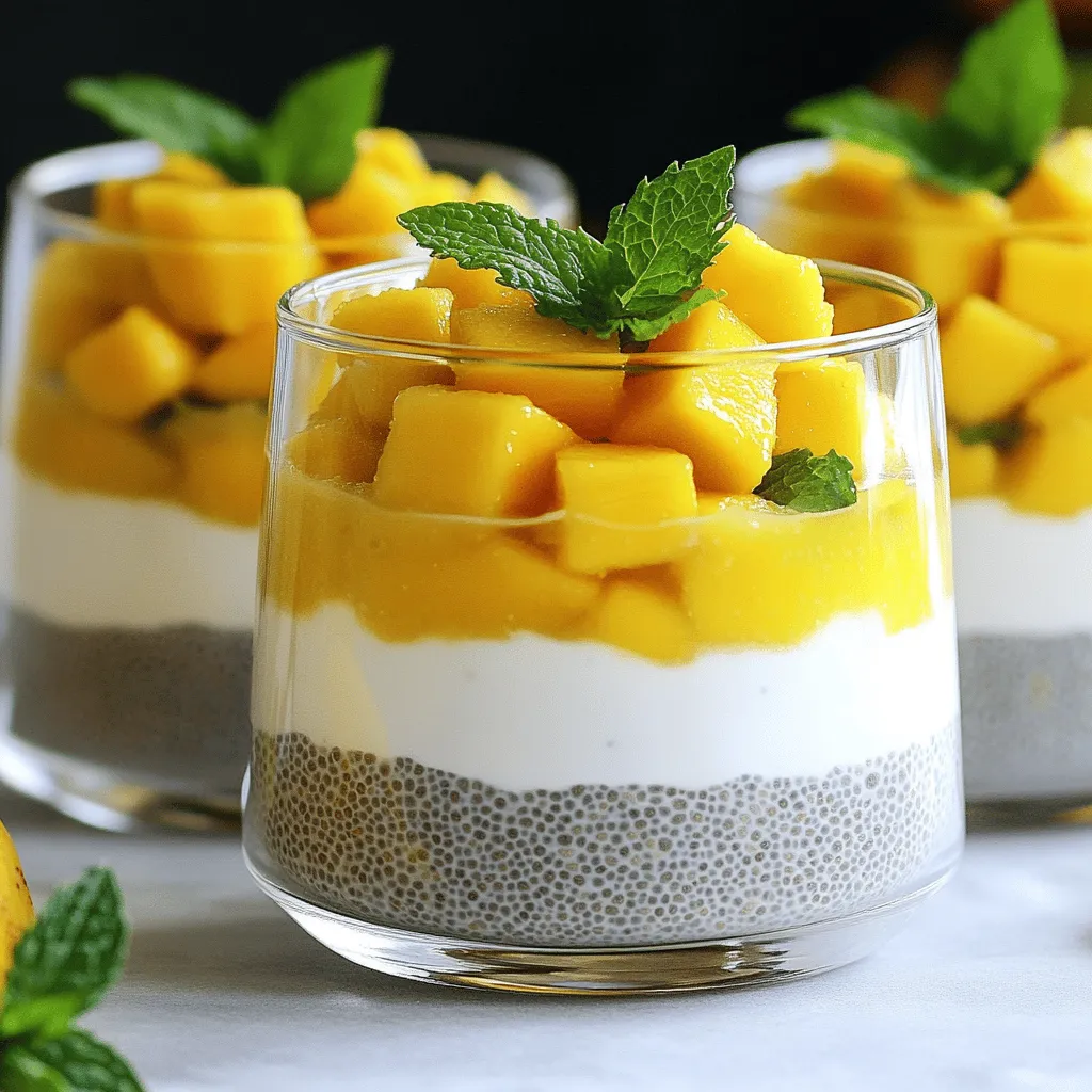 To make this tasty dessert, gather these main ingredients: - 1 cup coconut milk (canned or fresh) - 1/4 cup chia seeds - 2 tablespoons maple syrup (or honey) - 1 ripe mango, diced - 1 teaspoon vanilla extract - Pinch of salt These ingredients work together to create a creamy and flavorful pudding. The coconut milk gives a rich base. Chia seeds add texture and nutrition. The mango brings a sweet burst of flavor. You can add fun toppings to your pudding. Here are some ideas: - Fresh mint leaves - Extra mango pieces - Shredded coconut - Sliced almonds - A drizzle of honey These toppings not only look nice but also add different tastes and textures. Feel free to mix and match! Each ingredient adds health benefits: - Coconut milk: Contains healthy fats. It supports heart health and boosts energy. - Chia seeds: Packed with fiber, protein, and omega-3s. They help with digestion and keep you full. - Mango: Rich in vitamins A and C. It supports your immune system and skin health. - Maple syrup or honey: Natural sweeteners that can provide antioxidants. They also add a touch of flavor. This pudding is not just tasty; it also fuels your body with good nutrients. Enjoy a treat that feels indulgent but is good for you! To start, gather your ingredients. You need coconut milk, chia seeds, maple syrup, vanilla, salt, and mango. In a mixing bowl, whisk the coconut milk, maple syrup, vanilla, and a pinch of salt together. This mixture should blend well. Once combined, stir in the chia seeds. Make sure they spread evenly throughout the mix. Cover the bowl with plastic wrap or a lid. Now, it’s time to chill! Place the covered bowl in the fridge. Let it sit for at least four hours, but overnight is best. During this time, the chia seeds will absorb the liquid. They expand and create a thick, pudding-like texture. When you check it, you will see a nice, creamy consistency. If any clumps form, just stir it gently to break them apart. After chilling, it’s time to serve! Get some clear glasses or bowls for a pretty view. Start by adding a layer of chia pudding. Next, add a layer of diced mango on top. This creates a bright, colorful look. Repeat the layers until your glass is full. For a final touch, add more mango pieces and a mint leaf on top. This dessert looks great and tastes even better! You can find the full recipe [here](#). To get the best pudding texture, use fresh chia seeds. Old seeds may not thicken well. Stir the mixture well when you first add the seeds. This helps them spread evenly. Let the pudding rest for at least four hours, or overnight. This gives the seeds time to soak and expand. If the pudding is too thick, you can add a bit more coconut milk. This will make it creamier. You can adjust the sweetness to your taste. If you like a sweeter pudding, add more maple syrup or honey. Start with a little, then taste before adding more. Want extra flavor? Add a splash of fresh lime juice. You can also mix in spices like cinnamon or cardamom for a twist. These add warmth and depth to the dish. Topping with toasted coconut flakes can also enhance the flavor. A common mistake is not mixing the chia seeds well. If they clump together, you’ll get a lumpy pudding. Always whisk the chia seeds into the liquid thoroughly. Another mistake is not letting the pudding chill long enough. It needs time to set properly. Lastly, avoid using too much sweetener at once. You can always add more, but it’s hard to take it out. For the complete recipe, check the Full Recipe. {{image_2}} You can change the milk to suit your taste. Almond milk adds a nutty flavor. Oat milk makes it creamy and smooth. Soy milk gives a nice protein boost. Use any milk you like. Just keep the same amount as coconut milk in the recipe. Mango shines in this dish, but you can mix it up! Try diced strawberries for a tart twist. Blueberries add a pop of color and sweetness. Pineapple gives a tropical vibe. Even bananas can work well. Choose fruits that you love for your own special touch. This chia pudding works for breakfast or dessert. Serve it in jars for breakfast on the go. Top it with nuts or granola for crunch. For dessert, layer it with whipped cream. Add chocolate shavings for a fun treat. You can enjoy it any time! For the full recipe, check out the detailed instructions above. To keep your mango coconut chia pudding fresh, store it in an airtight container. This way, it stays safe from air and smells. Always place it in the fridge if you have leftovers. Avoid using a metal container, as it can change the taste. Your pudding will stay fresh for about 3-5 days in the fridge. After this time, the texture may change and lose flavor. Always check for any signs of spoilage, like an off smell or unusual texture, before eating. You can freeze mango coconut chia pudding, but it may change in texture once thawed. To freeze, pour the pudding into a freezer-safe container. Leave some space at the top, as it will expand when frozen. It can last for about a month in the freezer. When ready to eat, let it thaw in the fridge overnight. Stir well before serving for the best taste. For the full recipe, check out the Mango Paradise Coconut Chia Pudding 🥭 recipe above! Yes, you can use different sweeteners. Maple syrup and honey work great. You can also try agave nectar or coconut sugar. Each sweetener gives a unique flavor. Just keep the amount the same as in the recipe. Taste the mixture before chilling. Adjust the sweetness if needed. The pudding needs at least 4 hours to chill. I recommend chilling it overnight for the best texture. This time allows the chia seeds to swell. They create that creamy pudding feel. If you’re in a hurry, 4 hours will still work. Just remember to stir it well before serving. Chia pudding is very healthy! Chia seeds are full of fiber, protein, and healthy fats. They help keep you full and satisfied. Coconut milk adds creaminess and healthy fats too. This dessert is low in sugar, especially if you adjust the sweetener. It makes a great treat that is nutritious and tasty. Mango Coconut Chia Pudding is simple and fun to make. You learned about the key ingredients, step-by-step instructions, and helpful tips. There are many ways to enjoy this dish, whether as breakfast or dessert. Storing the pudding is easy, and following my tips will help avoid mistakes. Enjoy experimenting with flavors and toppings that suit your taste. This pudding is not just yummy; it also offers great nutrition. Now, get started and make a batch of this tasty treat!