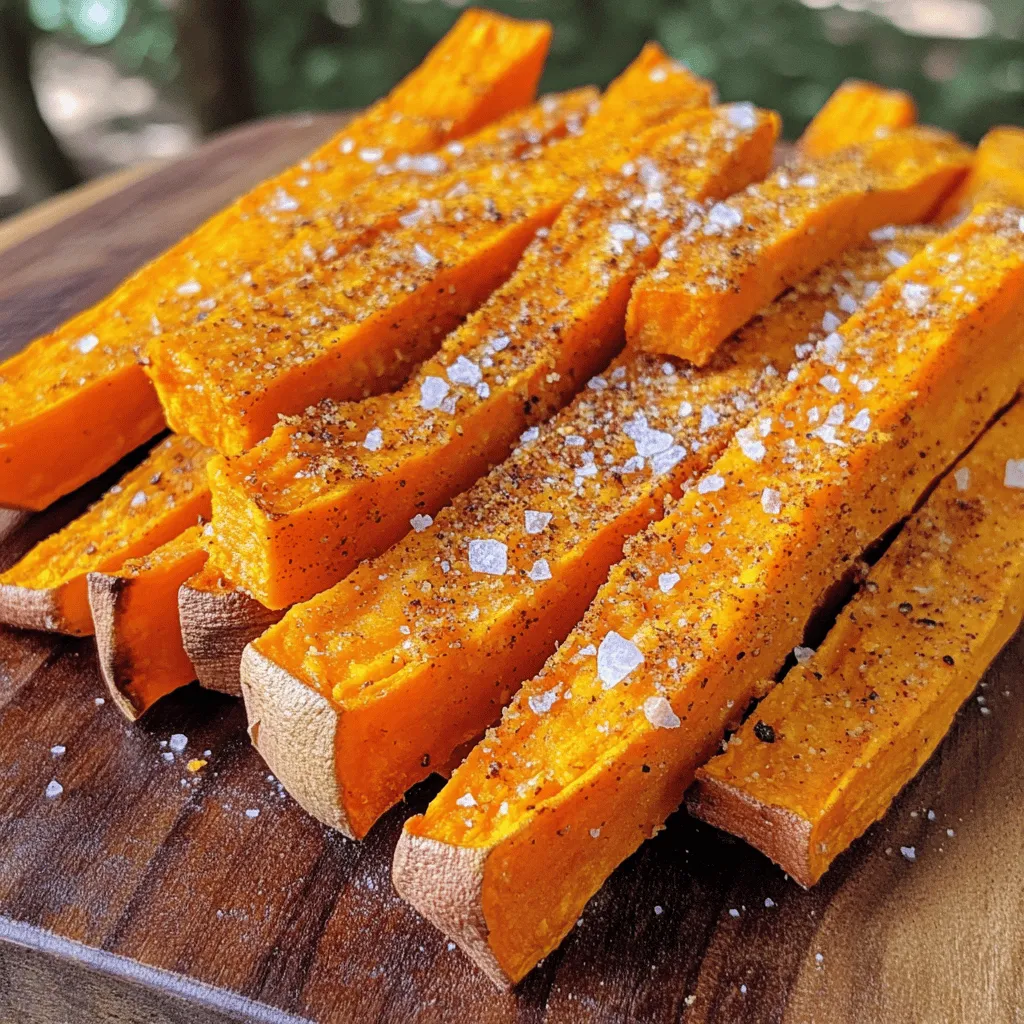 - 2 large sweet potatoes, peeled and cut into fries - 2 tablespoons olive oil - 1 teaspoon paprika - 1 teaspoon garlic powder - 1 teaspoon onion powder - ½ teaspoon cayenne pepper (optional for heat) - Salt and pepper, to taste - 2 tablespoons cornstarch (for extra crispiness) To make crispy oven-baked sweet potato fries, you need just a few simple ingredients. Sweet potatoes are the star of this dish. They are naturally sweet and nutritious. Olive oil helps to crisp them up in the oven. Next, we have spices. Paprika gives a nice smoky flavor. Garlic powder and onion powder add depth to the taste. If you like heat, cayenne pepper adds a kick. Salt and pepper are essential to bring it all together. Finally, cornstarch is the secret to extra crispiness. It makes your fries crunchy and golden. With this full ingredient list, you are ready to create a delicious treat. Check out the Full Recipe for all the steps! Preheat the Oven Set your oven to 425°F (220°C). This hot temperature helps make the fries crispy. Prepare Baking Sheet Line a baking sheet with parchment paper. This step keeps the fries from sticking. Combine Sweet Potatoes with Oil and Seasonings In a large bowl, mix the sweet potatoes with olive oil and spices. Use paprika, garlic powder, onion powder, cayenne pepper, salt, and pepper. Toss them until each fry gets coated nicely. Coat with Cornstarch for Crispiness Add cornstarch to the bowl. Toss again to coat the fries. This helps them get that extra crunch. Arrange on Baking Sheet Spread the coated fries on the baking sheet. Make sure they are in a single layer. If you crowd them, they won’t crisp up. Bake and Monitor Time Bake the fries for 25-30 minutes. Turn them halfway through. This ensures they cook evenly. They should look golden brown and crispy when done. Enjoy your crispy oven baked sweet potato fries! For the full recipe, check the earlier section. To get the best crispiness in your sweet potato fries, use cornstarch. Cornstarch pulls moisture from the fries. This drying effect helps them crisp up in the oven. The result? A crunchy outside and tender inside. Keep your oven at high heat, around 425°F (220°C). A hot oven cooks the fries quickly, sealing in moisture. This method leads to the perfect texture. Don't skip the cornstarch step. It’s key for that satisfying crunch. Cut your sweet potatoes into thin fries. Aim for about 1/4-inch thick. Thinner fries cook faster and become crispier. You can also try cutting them into wedges for a different texture. Just keep the size consistent for even cooking. Using a sharp knife makes cutting easier. A mandoline slicer can help if you have one. Just be careful, as it can be sharp. Sweet potato fries shine with dipping sauces. Try ranch dressing or a spicy mayo for a kick. Ketchup is a classic choice too. For a twist, make a honey mustard sauce. Mix equal parts honey and mustard for a sweet and tangy dip. These fries are great as a side dish or a snack. Serve them hot straight from the oven for the best taste. You can even pair them with grilled meats or veggie burgers for a full meal. For the complete recipe, check out [Full Recipe]. {{image_2}} You can change the flavor of your sweet potato fries easily. Try different herbs and spices. For a savory kick, mix in rosemary or thyme. If you like a bit of zest, add lemon zest or dried herbs. You can also go for a sweeter taste with cinnamon or nutmeg. Experiment with a blend of chili powder, cumin, and smoked paprika for a smoky twist. Each mix gives your fries a unique taste! If you want a lighter version, use an air fryer. The air fryer cooks with hot air, making fries crispy with less oil. Cut the sweet potatoes as you normally would. Toss them in a little oil and seasonings, then place them in the air fryer basket. Cook for 15-20 minutes. Shake the basket halfway for even cooking. You’ll get crispy fries with fewer calories! The shape of your fries can change the texture. You can cut them into traditional fry shapes or wedges. Traditional fries are thin and cook quickly. Wedges are thicker and give a softer inside. If you prefer more crunch, thin fries are the way to go. For a hearty bite, go with wedges. Both shapes taste great and pair well with any dipping sauce! Try out these variations to keep your crispy oven baked sweet potato fries fresh and exciting! For the full recipe, check out the complete guide. To keep your leftover fries fresh, let them cool completely first. Place them in an airtight container. You can store them in the fridge for up to three days. If you want to keep them longer, you can freeze them. Spread the fries on a baking sheet and freeze until solid. Then, transfer them to a freezer bag. They can last up to three months in the freezer. When it's time to enjoy your leftover fries, you have two great options: the oven or the microwave. - Oven: Preheat your oven to 400°F (200°C). Spread the fries on a baking sheet in a single layer. Bake for about 10-15 minutes until they are hot and crispy again. - Microwave: If you're in a hurry, you can use the microwave. Place the fries on a microwave-safe plate. Heat them in 30-second intervals until warm. However, the microwave may not make them as crispy as the oven. For tasty fries every time, I recommend the oven. It brings back the crunch you love. If you want the full recipe, check out the detailed steps above. To make sweet potato fries crispy, you need a few simple steps. First, cut your sweet potatoes into even-sized fries. This helps them cook evenly. Next, coat them with olive oil and seasonings. The oil helps with crispiness. Then, sprinkle cornstarch over the fries. This is key for extra crunch. Finally, spread the fries in a single layer on your baking sheet. If they are too crowded, they won't crisp up. Bake at 425°F for 25 to 30 minutes, flipping halfway. This ensures they cook evenly and become golden brown. Yes, you can use other types of potatoes for fries. Russet potatoes are a great choice. They have a high starch content, making for crispy fries. Yukon Gold potatoes also work well. They have a creamy texture and a nice flavor. If you want a different taste, try purple potatoes. They add a fun color and taste. Just remember, different potatoes may need slight adjustments in cooking time. Baked sweet potato fries can last for about 3 to 5 days in the fridge. Store them in an airtight container to keep them fresh. If you want to keep them longer, you can freeze them. Just make sure they cool down first. Place them in a freezer-safe bag, and they can last for up to 3 months. When you're ready to eat them, reheat in the oven for the best results. This helps them get crispy again. For the full recipe, check the details above. In this post, we covered how to make crispy sweet potato fries. We explored key ingredients, step-by-step instructions, and helpful tips. You learned the best ways to prepare, bake, and store these delicious fries. I hope you try different seasoning options and cooking methods. Remember, small changes can make a big difference. Enjoy your cooking and happy eating!