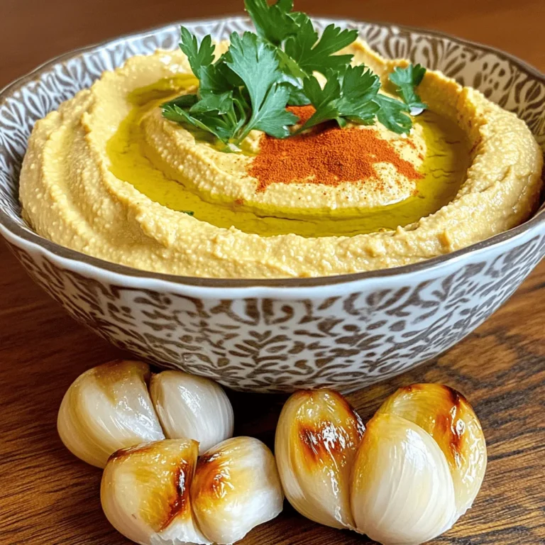 For the best roasted garlic hummus, gather these ingredients: - 1 cup canned chickpeas, drained and rinsed - 4 tablespoons tahini - 4 tablespoons fresh lemon juice - 3 tablespoons olive oil - 1 head of garlic - 1 teaspoon ground cumin - Salt, to taste - 2-3 tablespoons water (as needed) - Fresh parsley and paprika (for garnish) You can make your hummus even better with these garnishes: - Drizzle extra olive oil on top. - Sprinkle fresh parsley for color. - Add a dash of paprika for a pop of flavor. - Serve with pita bread, veggie sticks, or crackers. Choose the best chickpeas for your hummus. Here are some tips: - Look for canned chickpeas that are firm and not mushy. - Check the expiration date to ensure freshness. - If you prefer, use dried chickpeas. Soak and cook them before use. - Always rinse canned chickpeas well to remove excess sodium. These tips help you create a creamy and flavorful dip that everyone will love. Enjoy your roasted garlic hummus! For the full recipe, check the details above. To start, you need to roast the garlic. Preheat your oven to 400°F (200°C). Take a head of garlic and slice off the top. This lets the heat reach the cloves. Drizzle the exposed garlic with a teaspoon of olive oil. Wrap it tightly in aluminum foil. Place it in the oven for about 30 to 35 minutes. The garlic will become soft and sweet. Let it cool a bit before you handle it. Once cool, squeeze the cloves out of their skins. Now, it’s time to blend all the ingredients. In a food processor, add the roasted garlic cloves, drained chickpeas, tahini, fresh lemon juice, and ground cumin. Pour in the remaining olive oil and a pinch of salt. Blend the mixture until it is smooth. You may need to scrape down the sides to mix everything well. The key to great hummus is its texture. If your hummus feels too thick, add water slowly. Start with one tablespoon at a time. Blend again until you reach your desired smoothness. Taste your hummus and adjust the salt and lemon juice as needed. When you are happy with the flavor and texture, transfer it to a bowl. Garnish with fresh parsley and a sprinkle of paprika for a lovely finish. Enjoy your creamy and flavorful dip! For the full recipe, refer to the earlier section. To make creamy hummus, start with well-cooked chickpeas. You can use canned chickpeas for ease. Rinse them well to remove the canning liquid. Then, blend them with tahini, olive oil, and lemon juice. The key is to add water slowly. If your hummus is too thick, add 1 tablespoon of water at a time. Blend until smooth. Scraping down the sides helps mix everything well. You can adjust the flavor in many ways. Consider adding roasted red peppers for a sweet twist. A spoonful of spicy harissa adds heat. Fresh herbs like basil or cilantro give bright notes. For a smoky flavor, try adding smoked paprika or chipotle. Each variation can give your hummus a new life, so feel free to experiment. One common mistake is over-blending. If you blend too long, the hummus can become warm and lose its fresh taste. Another mistake is not seasoning well. Salt and lemon juice balance the flavors. Make sure to taste and adjust as needed. Lastly, avoid skipping the tahini. It adds creaminess and depth to your hummus. Follow these tips for a perfect batch every time! {{image_2}} To spice up your roasted garlic hummus, add some heat. You can mix in 1-2 teaspoons of cayenne pepper or red pepper flakes. This adds a nice kick without overpowering the rich garlic flavor. For a smoky touch, try adding smoked paprika. Blend it all together for a delicious, spicy dip that pairs well with fresh veggies or pita chips. Herbs can take your hummus to new levels. Adding fresh herbs like basil, cilantro, or dill can give it a bright taste. Simply chop your chosen herbs and mix them in. You can also blend in dried herbs like oregano or thyme for a different twist. Each herb changes the flavor and adds freshness. For extra creaminess, consider adding yogurt or avocado. A few tablespoons of plain yogurt make the hummus rich and tangy. If you prefer avocado, mash one ripe avocado and blend it in. This not only adds creaminess but also gives a lovely green color. Both options enhance the texture, making your hummus even more enjoyable. You can find the full recipe [here](#). To keep your roasted garlic hummus fresh, store it in an airtight container. This helps prevent it from drying out or absorbing other odors from the fridge. If possible, add a thin layer of olive oil on top before sealing. This extra layer helps keep the hummus moist and adds flavor. Properly stored, roasted garlic hummus lasts about five to seven days in the fridge. Make sure to check for any signs of spoilage, like an off smell or mold. If you freeze it, hummus can last up to three months. Just remember to thaw it in the fridge before using. Hummus is best served at room temperature. To refresh leftovers, remove them from the fridge and let them sit for about 30 minutes. If it seems thick, add a little water or olive oil and stir until smooth. This simple step revives the creamy texture of your delicious dip. For more details, check the Full Recipe for the best results. Yes, you can use fresh garlic. However, fresh garlic has a strong taste. Roasting garlic makes it sweet and smooth. This change in flavor is key for hummus. If you use fresh, start with one clove. Taste as you blend. Add more if you like a stronger garlic flavor. To boost flavor, try adding spices or herbs. You can mix in smoked paprika for a smoky kick. Or add fresh herbs like cilantro or basil. A splash of vinegar can add a nice tang. Experiment with different flavors to find what you love. Don't forget to use high-quality olive oil; it makes a big difference! Yes, roasted garlic hummus is healthy. It is made from chickpeas, which are high in protein and fiber. The tahini adds healthy fats while the garlic has many health benefits. Plus, it’s a great dip for veggies. You can enjoy it guilt-free while savoring its rich taste. This post covered all you need for roasted garlic hummus. You learned about the best ingredients, steps for preparation, and handy tips to get it creamy. Variations can make your hummus exciting, while storage tips help you keep it fresh. Remember, avoiding common mistakes leads to the best results. Now, you can enjoy delicious, homemade hummus that impresses. Embrace your creativity and make this recipe your own!