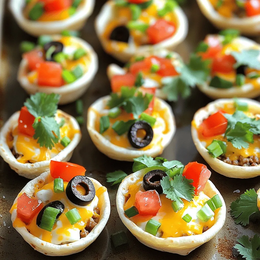 To make Taco Ranch Bites, you need a few key items: - 1 lb ground beef (or plant-based alternative) - 1 cup cream cheese, softened - 1 cup ranch dressing - 1 package mini flour tortillas (or tortilla chips for a crunchier option) These ingredients create a rich and creamy base for your bites. The ground beef or plant-based option ensures everyone can enjoy them. Cream cheese and ranch dressing blend well for a tasty filling. Mini tortillas or chips make it easy to hold and eat. You can enhance your Taco Ranch Bites with some fun toppings: - Shredded cheddar cheese - Diced tomatoes - Sliced green onions - Black olives - Fresh cilantro for garnish (optional) These toppings add color and flavor. Cheddar cheese gives a nice lift. Tomatoes and green onions bring freshness. Black olives add a salty, savory note. Fresh cilantro adds a pop of bright flavor on top. You can mix and match these toppings based on your taste or what you have at home. For the full recipe, check out the detailed steps. Enjoy creating your Taco Ranch Bites! Start by browning 1 pound of ground beef in a skillet over medium heat. If you prefer a plant-based dish, use a good alternative like lentils or soy crumbles. Cook until it turns brown and crumbly. Drain any grease from the meat to keep it light. Next, add a packet of taco seasoning to the meat. Pour in 1/4 cup of water and stir well. Let it cook for about 5-7 minutes. This step allows the flavors to blend and thicken nicely. Once done, remove it from heat and set aside. In a separate bowl, mix 1 cup of softened cream cheese with 1 cup of ranch dressing. Stir until smooth and creamy. This blend will add a rich, tangy flavor to your bites. Now, take mini flour tortillas and lay them flat. Spoon a dollop of the cream cheese mixture onto each tortilla. Follow it with a tablespoon of the seasoned meat. Top each tortilla with shredded cheddar cheese, diced tomatoes, sliced green onions, and black olives. You can also use tortilla chips for a crunchier version. Layer the toppings directly on the chips for an easy snack. Preheat your oven to 350°F (175°C). Place the assembled Taco Ranch Bites on a baking sheet. Bake them for about 10 minutes. You want the cheese to melt and the tortillas to become slightly crispy. After baking, let the bites cool for a few minutes. If you like, garnish them with fresh cilantro. Now you’re ready to serve these tasty appetizers! For more detailed steps, refer to the Full Recipe. - Choosing the right taco seasoning: Select a taco seasoning that fits your taste. Some brands are mild, while others pack heat. I prefer a bold blend with cumin and chili powder. This choice brings out the best in your meat and adds a nice kick. - Mixing cream cheese and ranch properly: Make sure your cream cheese is soft. This helps it blend well with the ranch. Use a fork or mixer for a smooth mix. A creamy blend adds richness to each bite. - Crafting mini tacos effectively: When filling your tortillas, don’t overstuff. A tablespoon of meat and a dollop of cream cheese mix works well. Fold the tortillas gently to keep the ingredients inside. This way, each bite stays intact. - Alternative ways to serve: If you want a crunchy twist, use tortilla chips instead of tortillas. Just layer the cream cheese mixture, meat, and toppings right on the chips. This makes for a fun, crunchy option that everyone will love. For the full recipe, check out the instructions and ingredients above. {{image_2}} You can swap the ground beef for shredded chicken or turkey. This change gives Taco Ranch Bites a lighter taste. Just cook the chicken or turkey until it’s tender. Then, shred it and mix in the taco seasoning. You’ll still get that great taco flavor. If you prefer a vegetarian or vegan option, try using beans. Black beans or refried beans work well. They add protein and create a hearty texture. Just heat them up with some taco seasoning to infuse flavor. This way, everyone can enjoy these bites. To spice things up, consider adding jalapeños. These peppers add heat and a fresh taste. You can slice them thin and layer them on top of the bites. Be careful, as they can be quite hot! Another great addition is different cheeses. Besides cheddar, you might try pepper jack or Monterey Jack. These cheeses add a creamy richness. Mix and match to find your favorite flavor combo. These simple variations make Taco Ranch Bites fun and exciting for any party. You can find the full recipe to explore more ways to make them your own. To keep your Taco Ranch Bites fresh, place them in the fridge. Use airtight containers to prevent them from drying out. You can also wrap them tightly in plastic wrap. Store them within two hours of cooking for best results. They stay good for about 3 days. When reheating, make sure you heat them safely. Use the oven or toaster oven. Preheat it to 350°F (175°C). Place the bites on a baking sheet for even heating. Bake for about 10 minutes. This method helps keep the tortillas crunchy. Avoid using a microwave, as it makes the tortillas soft. Enjoy your bites warm and crispy! You can use non-dairy alternatives like vegan cream cheese. This works well and keeps it creamy. Other good options include Greek yogurt or sour cream. Both add a nice tang and smooth texture. Yes, you can prepare Taco Ranch Bites ahead of time. Just make the filling and store it in the fridge. Keep the tortillas separate until you're ready to bake. This keeps them fresh and crunchy. Best practices for storage include using airtight containers. This prevents the filling from drying out. You can assemble them the day you plan to serve. Taco Ranch Bites can be as spicy as you like. If you want more heat, add some diced jalapeños. You can also use spicy taco seasoning for an extra kick. Serving options for spice lovers include hot sauce on the side. This allows guests to add their preferred heat level. Enjoy customizing these bites for your taste! You learned how to make Taco Ranch Bites with simple steps and fun ideas. We covered the main ingredients, like ground beef and cream cheese, and added optional toppings for extra flavor. I shared tips for cooking and assembly, plus delicious variations to try. Remember, these bites are versatile and easy to store. Make them ahead for quick snacks. Enjoy experimenting with flavors and have fun serving these tasty appetizers!