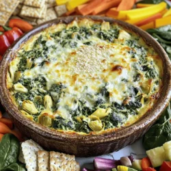 - 2 cups fresh spinach, chopped - 1 can (14 oz) artichoke hearts, drained and chopped - 1 cup Greek yogurt - 1/2 cup cream cheese, softened - 1/2 cup shredded mozzarella cheese - 1/4 cup grated Parmesan cheese - 2 cloves garlic, minced - 1 tablespoon lemon juice - 1 teaspoon onion powder - Salt and pepper to taste - Veggies and whole grain crackers for serving Spinach is packed with vitamins A and C. It helps your skin and eyes. Artichokes are high in fiber and good for digestion. Greek yogurt gives protein and probiotics, which aid gut health. Cream cheese adds a smooth texture but can be lower in fat if you choose a light version. Mozzarella and Parmesan cheese provide calcium for strong bones. Garlic can boost your immune system. Lemon juice adds vitamin C and a fresh taste. If you want a dairy-free option, use cashew cream instead of cream cheese. Swap Greek yogurt with a plant-based yogurt for a vegan version. You can replace mozzarella with a dairy-free cheese. Instead of artichokes, use cooked mushrooms for a different flavor. If you don't have fresh spinach, frozen spinach works too. Just make sure to thaw and drain it well before using. To start, gather all your ingredients. You will need: - 2 cups fresh spinach, chopped - 1 can (14 oz) artichoke hearts, drained and chopped - 1 cup Greek yogurt - 1/2 cup cream cheese, softened - 1/2 cup shredded mozzarella cheese - 1/4 cup grated Parmesan cheese - 2 cloves garlic, minced - 1 tablespoon lemon juice - 1 teaspoon onion powder - Salt and pepper to taste - Veggies and whole grain crackers for serving Now, preheat your oven to 350°F (175°C). In a large bowl, mix the Greek yogurt, cream cheese, mozzarella, and Parmesan. Stir until smooth and creamy. Next, add the chopped spinach, artichokes, minced garlic, lemon juice, onion powder, salt, and pepper. Make sure everything is mixed well. Transfer the dip mixture into a baking dish. Spread it evenly across the dish. Bake in the preheated oven for 20 to 25 minutes. You want it hot and bubbling around the edges. Keep an eye on it to avoid burning. Once the dip is done, remove it from the oven. Let it cool for a few minutes. This helps the flavors settle. Serve it warm with fresh veggies and whole grain crackers. These pair well with the creamy dip. For a fun twist, try adding different dips on the side. You can find the full recipe for more details. To boost the creaminess of your dip, use full-fat Greek yogurt. It adds flavor and texture. You can also blend the cream cheese well before adding it. This step helps it mix smoothly. A touch of extra mozzarella cheese can also enhance the creamy feel. Ensure your oven is preheated to 350°F. This step helps the dip cook evenly. Spread the mixture in a shallow dish. A wider surface area allows for better heat distribution. Keep an eye on the dip while it bakes. Look for a golden edge and bubbling in the center. One common mistake is overcooking the dip. If baked too long, it can dry out. Another mistake is not chopping the spinach and artichokes finely. Large pieces can make it hard to dip. Lastly, don’t skip the seasoning. Salt and pepper make all the flavors pop. This Healthy Spinach Artichoke Dip is simple and fun to make. For more details, check the Full Recipe. {{image_2}} You can change the flavor of your Healthy Spinach Artichoke Dip by adding other veggies. Try chopped bell peppers for a sweet crunch. You can also use mushrooms for an earthy taste. Zucchini works well, too. Just make sure to chop them finely so they mix in easily. If you want a vegan version, swap out the dairy. Use silken tofu instead of cream cheese. This keeps it creamy while adding protein. Replace Greek yogurt with a dairy-free yogurt made from nuts or soy. For cheese, try nutritional yeast; it gives a cheesy flavor without dairy. To boost the taste, add different spices and herbs. A pinch of cayenne adds a nice kick. Fresh herbs like basil or dill will brighten the dish. You can also use smoked paprika for a deeper flavor. These simple changes make your dip unique and fun! For the full recipe, check out the detailed steps above. To store leftovers of your healthy spinach artichoke dip, first let it cool. Once it is cool, transfer the dip to an airtight container. Make sure the container is clean and dry. Keep it in the fridge. This will help keep it fresh for longer. When you want to eat the dip again, take it out of the fridge. Place it in an oven-safe dish. Preheat your oven to 350°F (175°C). Heat the dip for about 15-20 minutes. Stir it halfway through. This ensures even heating. You can also heat it in the microwave. Use a microwave-safe bowl and cover it. Heat for 1-2 minutes, stirring after each minute. In the fridge, your dip will last for about 3-5 days. If you want to keep it longer, consider freezing it. To freeze, place it in a freezer-safe container. Leave some space at the top, as it will expand. The dip can last up to 3 months in the freezer. When you are ready to eat it, thaw it overnight in the fridge before reheating. For a full recipe, check out the steps above! Yes, you can make this dip ahead of time. Prepare the dip, then store it in the fridge. Cover it tightly with plastic wrap. You can bake it later when you need it. Just remember to add a few extra minutes to the baking time. This dip tastes great warm and fresh out of the oven. You can serve this dip with many tasty options. Fresh veggies like carrots, celery, and bell peppers work well. Whole grain crackers add a nice crunch. Pita chips or toasted bread are also great choices. You can even use tortilla chips for a fun twist. Feel free to mix and match to find your favorite combo! Making this dip gluten-free is easy. Focus on the dippers you choose. Use gluten-free crackers or fresh veggies instead. Always check the labels on your ingredients. Ensure that the cream cheese and Greek yogurt are gluten-free as well. With these simple swaps, you can enjoy this dip without worry. For the full recipe, check out the earlier section! This blog post covered all you need for a tasty dip. We discussed key ingredients, their health benefits, and substitutes. I shared detailed steps for preparation, baking, and serving. Tips helped ensure creamy results and perfect baking. Variations let you customize flavors, and storage info keeps leftovers fresh. Creating this dip is simple and fun. Enjoy making it your own!